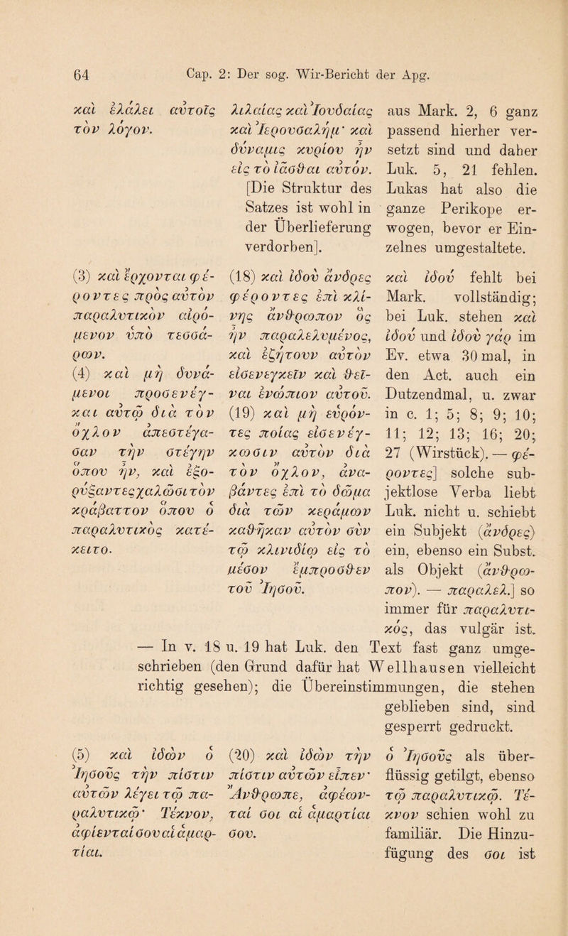 xal elalsi avrolg iLXaiagxaVlovöaLag aus Mark. 2, 6 ganz xov Xojov. xaVisQovOaXrjfi' xal passend hierher ver- övvafitg xvQLOv setzt sind und daher dgroiaödaL avrov. Luk. 5, 21 fehlen. [Die Struktur des Lukas hat also die Satzes ist wohl in ganze Perikope er- der Überlieferung wogen, bevor er Ein- verdorben]. zelnes umgestaltete. ‘d) xal EQXoPTaL g)s- (IS) xal löov avÖQsg xal iöov fehlt bei QovregjtQogavTOv (psQovrsg sjil xli- Mark. vollständig; jiaQaXvTLxov aigo- vrjg avdgmjtov og hei Luk. stehen xal ^isvov vjto TEOöa- riv jraQaXsXvfispog, iöov und iöov ydg im Q09P. xal l^riTovp avxop Ev. etwa 30 mal, in (4) xal iir] övpd- dOEPtyxslp xal d^el- den Act. auch ein liEPOi JiQoöspiy- vai EPmuiiov avxov. Dutzendmal, u. zwar xai avxm öid xop (19) xal svqop- in c. 1; 5; 8; 9; 10; dyXop djieöxeya- xsg Jtoiag eiöepsy- 11; 12; 13; 16; 20; oap X7]p oxiyr]P xoooip avxop öid 27 (Wirstück). — tpa- ojiov 7]p, xal 6^0- XOP dyXop, dpa- gopxeg] solche suh- QvgapxsgxaXcöocxop ßdpxeg ejil xo öm^a jektlose Verba liebt XQaßaxxop ojiov 6 öid xcöp xegdficop Luk. nicht u. schiebt jzaQalvxixbg xaxa- xaßxjxap avxop övp ein Subjekt (apögag) xaixo. xw xXlplölco eig xb ein, ebenso ein Subst. ueöop sfijtQOOO^sp als Objekt {ap^XgcD- xov Irjöov. jcop). — jtaQaXsXd\ so immer für jragaXvxc- xog, das vulgär ist. — In V. 18 u. 19 hat Luk. den Text fast ganz umge¬ schrieben (den Grund dafür hat Well hausen vielleicht richtig gesehen); die Übereinstimmungen, die stehen geblieben sind, sind gesperrt gedruckt. (5) xal iöcQP o (20) xal iömp x^p b 'ir/öovg als über- Irjoovg x^p jiioxip jiiöxlp avxmp aljzap' flüssig getilgt, ebenso avxmp XaysLXw Jta- Ap&qcqjcs, d(pacop- xw JtagaXvxtxw. Ti- gaXvxLxw' Texpop, xal ooi al dfiagxlac xpop schien wohl zu acpiepxaiöovaldfiag- öov. familiär. Die Hinzu- T^lai- fügung des öol ist