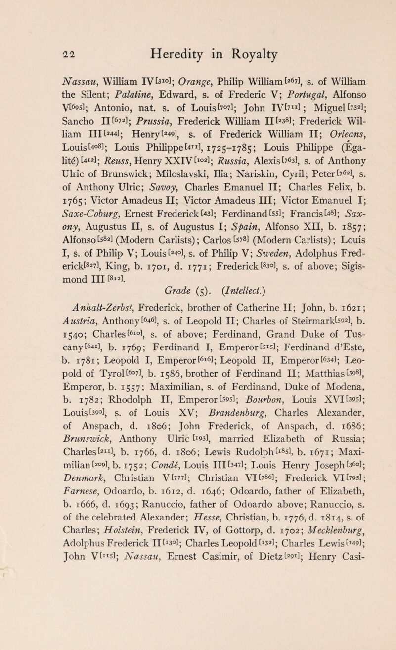 Nassau, William IV [310]; Orange, Philip William I26?!, s. of William the Silent; Palatine, Edward, s. of Frederic V; Portugal, Alfonso VC69sl; Antonio, nat. s. of Louisb°7]; John IV[7”]; Miguel [732]; Sancho Ilt^d; Prussia, Frederick William IIl>38]; Frederick Wil¬ liam HI [244]; Henry [249]} s. of Frederick William II; Orleans, * Louis k°8]; Louis PhilippeUu], 1725-1785; Louis Phihppe (Ega- lite) C412]; Reuss, Henry XXIV b°2l; Russia, Alexis [763^ s. of Anthony Ulric of Brunswick; Miloslavski, Ilia; Nariskin, Cyril; Peterl?6*], s. of Anthony Ulric; Savoy, Charles Emanuel II; Charles Felix, b. 1765; Victor Amadeus II; Victor Amadeus III; Victor Emanuel I; Saxe-Coburg, Ernest Frederick^]; FerdinandCssl; Francisk*!; Sax¬ ony, Augustus II, s. of Augustus I; Spain, Alfonso XII, b. 1857; Alfonso k82] (Modern Carlists); Carlos Cs78] (Modern Carlists); Louis I, s. of Philip V; Louis t24°], s. of Philip V; Sweden, Adolphus Fred- erickl82?!, King, b. 1701, d. 1771; Frederick £83°^ s. of above; Sigis- mond III t8l2h Grade (5). {Intellect.) Anhalt-Zerbst, Frederick, brother of Catherine II; John, b. 1621; Austria, Anthony D*6!, s. of Leopold II; Charles of Steirmarkts92]j b. 1540; Charlest6l°i, s. of above; Ferdinand, Grand Duke of Tus¬ cany l64i], b. 1769; Ferdinand I, Emperor [515]; Ferdinand d’Este, b. 1781; Leopold I, Emperor t6l6i; Leopold II, Emperor t634l; Leo¬ pold of TyroU6°7i, b. 1586, brother of Ferdinand II; Matthias^98], Emperor, b. 1557; Maximilian, s. of Ferdinand, Duke of Modena, b. 1782; Rhodolph II, Emperor [595]; Bourbon, Louis XVI [39s]; Louis [39°], s. of Louis XV; Brandenburg, Charles Alexander, of Anspach, d. 1806; John Frederick, of Anspach, d. 1686; Brunswick, Anthony Ulric [>93], married Elizabeth of Russia; Charlesi2IIi, b. 1766, d. 1806; Lewis Rudolph h85], b. 1671; Maxi¬ milian t2°9], b. 1752; Conde, Louis IIIC347]; Louis Henry Joseph£360]; Denmark, Christian V C777]; Christian VI [786]; Frederick VI ^95]; Farnese, Odoardo, b. 1612, d. 1646; Odoardo, father of Elizabeth, b. 1666, d. 1693; Ranuccio, father of Odoardo above; Ranuccio, s. of the celebrated Alexander; Hesse, Christian, b. 1776, d. 1814, s. of Charles; Holstein, Frederick IV, of Gottorp, d. 1702; Mecklenburg, Adolphus Frederick II CI3°]; Charles Leopold b32]; Charles Lewis D49]; John Vbisl; Nassau, Ernest Casimir, of Dietz to1!; Henry Casi-