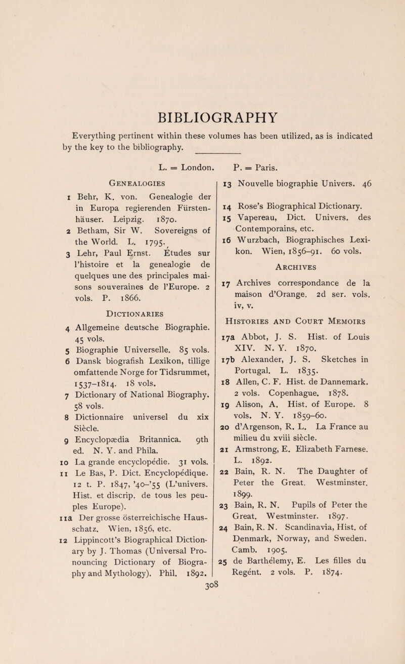 I BIBLIOGRAPHY Everything pertinent within these volumes has been utilized, as is indicated by the key to the bibliography. L. = London. P. = Paris. Genealogies 1 Behr, K. von. Genealogie der in Europa regierenden Fiirsten- hauser. Leipzig. 1870. 2 Betham, Sir W. Sovereigns of the World. L. 1795. 3 Lehr, Paul Ernst. Etudes sur Phistoire et la genealogie de quelques une des principales mai- sons souveraines de l’Europe. 2 vols. P. 1866. Dictionaries 4 Allgemeine deutsche Biographie. 45 vols. 5 Biographie Universelle. 85 vols. 6 Dansk biografish Lexikon, tillige omfattende Norge for Tidsrummet, 1537—181:4. 18 vols. 7 Dictionary of National Biography. 58 vols. 8 Dictionnaire universel du xix Siecle. 9 Encyclopaedia Britannica. 9th ed. N. Y. and Phila. 10 La grande encyclopedic. 31 vols. 11 Le Bas, P. Diet. Encyclopedique. 12 t. P. 1847, ’40-’55 (L’univers. Hist, et discrip, de tous les peu- ples Europe). na Der grosse osterreichische Haus- schatz. Wien, 1856, etc. 12 Lippincott’s Biographical Diction¬ ary by J. Thomas (Universal Pro¬ nouncing Dictionary of Biogra¬ 13 Nouvelle biographie Univers. 46 14 Rose’s Biographical Dictionary. 15 Vapereau, Diet. Univers. des Contemporains, etc. 16 Wurzbach, Biographisches Lexi¬ kon. Wien, 1856-91. 60 vols. Archives 17 Archives correspondance de la maison d’Orange. 2d ser. vols. iv, v. Histories and Court Memoirs 17a Abbot, J. S. Hist, of Louis XIV. N. Y. 1870. 17b Alexander, J. S. Sketches in Portugal. L. 1835. 18 Allen, C. F. Hist, de Dannemark. 2 vols. Copenhague. 1878. 19 Alison, A. Hist, of Europe. 8 vols. N. Y. 1859-60. 20 d’Argenson, R. L. La France au milieu du xviii siecle. 21 Armstrong, E. Elizabeth Farnese. L. 1892. 22 Bain, R. N. The Daughter of Peter the Great. Westminster. 1899. 23 Bain, R. N. Pupils of Peter the Great. Westminster. 1897. 24 Bain, R. N. Scandinavia, Hist, of Denmark, Norway, and Sweden. Camb. 1905. 25 de Barthelemy, E. Les filles du
