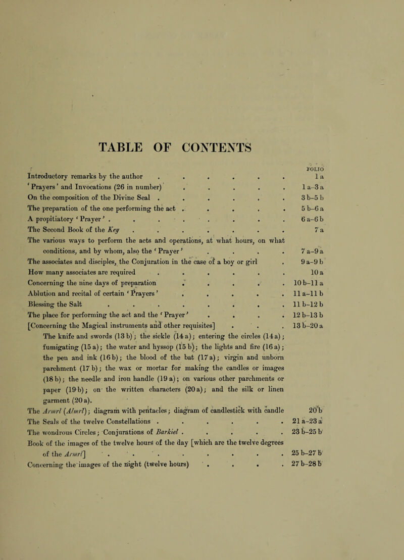 TABLE OF CONTENTS ־< .• roLid la 1 a-3 a 3b-5b 5 b-6 a 6 a-6 b 7a 7 a-9 a 9 a-9 b 10 a lOb-lla lla-llb llb-12b 12b-13b 13b-20a 20׳b׳ 21a-23a 231-25 b 25 b-27 b 27b-28b' Introductory remarks by the author ..... ‘ Prayers ’ and Invocations (26 in number) On the composition of the Divine Seal ..... The preparation of the one performing־ the act ... A propitiatory ‘ Prayer ־ . . . . ׳ . The Second Book of the Key , , I ■ t The various ways to perform the acts and operations, at what hours, on wha conditions, and by whom, also the * Prayer * , . . The associates and disciples, the Conjuration in the case of a boy or girl How many associates are required ..... Concerning the nine days of preparation . . . .^ Ablution and recital of certain ‘ Prayers ’ . , . . Blessing the Salt , . . . . . , The place for performing the act and the ^ Prayer ^ . . . ii »V.. [Concerning the Magical instruments and other requisites] ♦ H The knife and swords (13 b); the sickle (14 a); entering the circles (14 a) fumigating (15 a); the water and hyssop (15 b); the lights and fire (16 a) the pen and ink (16 b); the blood of the bat (17 a); virgin and unborn parchment (17 b); the wax or mortar for making the candles or images (18 b); the needle and iron handle (19 a); on various other parchments or paper (19 b); on the written characters (20 a); and the silk or linen garment (20 a). The Armrl [Almrl); diagram with peiitacles; diagram of candlestick with candle The Seals of the twelve Constellations ...... The wondrous Circles; Conjurations of Barkiel . , . . . Book of the images of the twelve hours of the day [which are the twelve degrees of the Armrl\ ־ . ' . ' . . . . Concerning the images of the night (t\velve hours) ' , , .