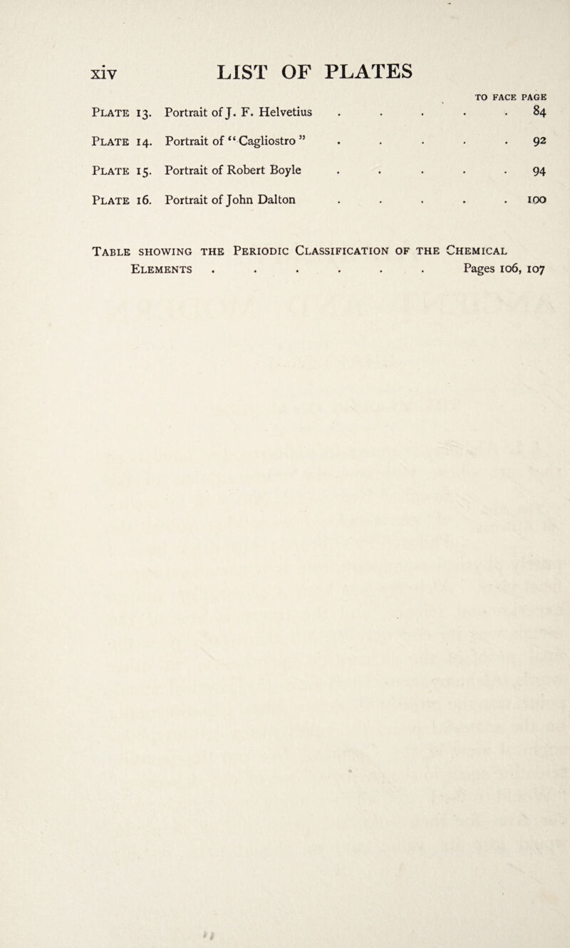 TO FACE PAGE Plate 13- Portrait of J. F. Helvetius » • • 84 Plate 14. Portrait of “ Cagliostro 3J • • • 92 Plate 15. Portrait of Robert Boyle • • • 94 Plate 16. Portrait of John Dalton • ♦ ♦ IDO Table showing the Periodic Classification of the Chemical Elements ...... Pages 106, 107