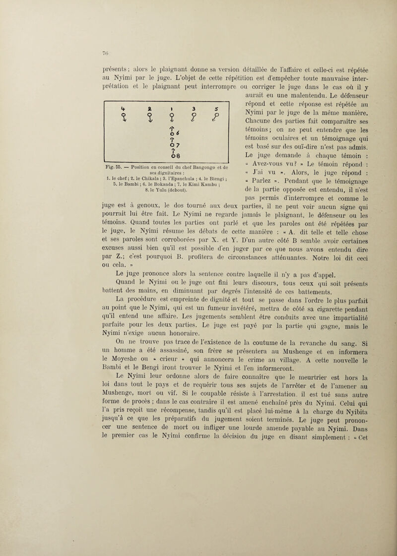 présents ; alors le plaignant donne sa version détaillée de l’affaire et celle-ci est répétée au Nyimi par le juge. L’objet de cette répétition est d'empêcher toute mauvaise inter¬ prétation et le plaignant peut interrompre ou corriger le juge dans le cas où il y aurait eu une malentendu. Le défenseur répond et cette réponse est répétée au Nyimi par le juge de la même manière. Chacune des parties fait comparaître ses témoins ; on ne peut entendre que les témoins oculaires et un témoignage qui est basé sur des ouï-dire n’est pas admis. Le juge demande à chaque témoin : « Avez-vous vu? » Le témoin répond : « J’ai vu ». Alors, le juge répond : “ Parlez ». Pendant que le témoignage de la partie opposée est entendu, il n'est pas permis d’interrompre et comme le juge est à genoux, le dos tourné aux deux parties, il ne peut voir aucun signe qui pourrait lui être fait. Le Nyimi ne regarde jamais le plaignant, le défenseur ou les témoins. Quand toutes les parties ont parlé et que les paroles ont été répétées par le juge, le Nyimi résume les débats de cette manière : « A. dit telle et telle chose et ses paroles sont corroborées par X. et Y. D’un autre côté B semble avoir certaines excuses aussi bien qu il est possible den juger par ce que nous avons entendu dire par Z.; c’est pourquoi B. profitera de circonstances atténuantes. Notre loi dit ceci ou cela. » Le juge prononce alors la sentence contre laquelle il n’y a pas d’appel. Quand le Nyimi ou le juge ont fini leurs discours, tous ceux qui soit présents battent des mains, en diminuant par degrés l’intensité de ces battements. La procédure est empreinte de dignité et tout se passe dans l’ordre le plus parfait au point que le Nyimi, qui est un fumeur invétéré, mettra de côté sa cigarette pendant qu’il entend une affaire. Les jugements semblent être conduits avec une impartialité parfaite pour les deux parties. Le juge est payé par la partie qui gagne, mais le Nyimi n’exige aucun honoraire. On ne trouve pas trace de l’existence de la coutume de la revanche du sang. Si un homme a été assassiné, son frère se présentera au Mushenge et en informera le Moyeshe ou * crieur « qui annoncera le crime au village. A cette nouvelle le Bambi et le Bengi iront trouver le Nyimi et l’en informeront. Le Nyimi leur ordonne alors de faire connaître que le meurtrier est hors la loi dans tout le pays et de requérir tous ses sujets de l’arrêter et de l’amener au Mushenge, mort ou vif. Si le coupable résiste à l’arrestation, il est tué sans autre forme de procès ; dans le cas contraire il est amené enchaîné près du Nyimi. Celui qui l’a pris reçoit une récompense, tandis qu’il est placé lui-même à la charge du Nyibita jusqu a ce que les préparatifs du jugement soient terminés. Le juge peut pronon¬ cer une sentence de mort ou infliger une lourde amende payable au Nyimi. Dans le premier cas le Nyimi confirme la décision du juge en disant simplement : « Cet Fig. 55. — Position en conseil du chef Bangongo et de ses dignitaires : 1. le chef ; 2. le Chikala ; 3. l’Epancliula ; 4. le Biengi ; 5. le Bambi ; 6. le Bokanda ; 7. le Kimi Kambu ; 8. le Yulu (debout).