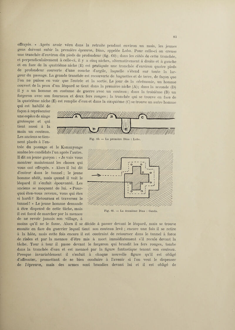effrayés. « Après avoir vécu dans la retraite pendant environ un mois, les jeunes gens doivent subir la première épreuve, Dina, appelée Lobo. Pour celle-ci on creuse une tranchée d’environ dix pieds de profondeur (fîg. 60) ; dans les côtés de cette tranchée, et perpendiculairement à celle-ci, il y a cinq niches, alternativement à droite et à gauche et en face de la quatrième niche (E) est pratiquée une tranchée d’environ quatre pieds de profondeur couverte d’une couche d’argile, laquelle s’étend sur toute la lar- geui du passage. La giande tranchée est recouverte de baguettes et de terre, de façon que Ion ne puisse en voir que 1 entrée et la sortie. Le jour de la cérémonie, un homme couvert de la peau d’un léopard se tient dans la première niche (A); dans la seconde (D) il y a un homme en costume de guerre avec un couteau ; dans la troisième (B) un forgeron avec son fourneau et deux fers rouges ; la tranchée qui se trouve en face de la quatrième niche (E) est remplie d’eau et dans la cinquième (C) se trouve un autre homme qui est habillé de façon à représenter une espèce de singe grotesque et qui tient aussi à la main un couteau. Les anciens se tien¬ nent placés à l’en¬ trée du passage et le Kananyenge amène les candidats l’un après l’autre. Il dit au jeune garçon : « Je vais vous montrer maintenant les choses qui vous ont effrayés. » Alors il lui dit d’entrer dans le tunnel ; le jeune homme obéit, mais quand il voit le léopard il s’enfuit épouvanté. Les anciens se moquent de lui. « Pour¬ quoi êtes-vous revenu, vous qui êtes si hardi? Retournez et traversez le tunnel! » Le jeune homme demande à être dispensé de cette tâche, mais il est forcé de marcher par la menace de ne revoir jamais son village, à moins qu’il ne le fasse. Alors il se décide à passer devant le léopard, mais se trouve ensuite en face du guerrier lequel tient son couteau levé ; encore une fois il se retire à la hâte, mais cette fois encore il est contraint de retourner dans le tunnel à force de risées et par la menace d’être mis à mort immédiatement s’il recule devant la tâche. Tour à tour il passe devant le forgeron qui brandit les fers rouges, tombe dans la tranchée d’eau et est menacé par la figure fantastique tenant son couteau. Presque invariablement il s’enfuit à chaque nouvelle figure qu’il est obligé d’affronter, promettant de se bien conduire à l’avenir si l’on veut le dispenser de lepreuve, mais des armes sont brandies devant lui et il est obligé de