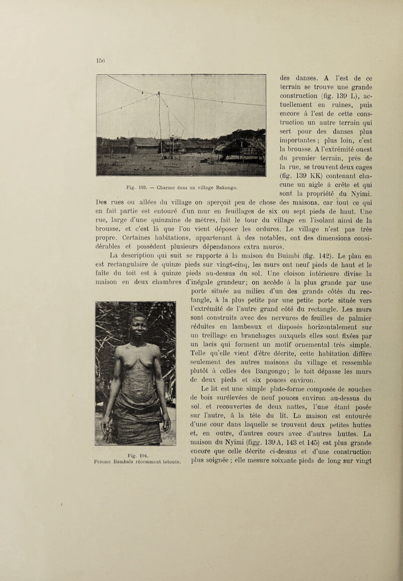 des danses. A l’est de ce terrain se trouve une grande construction (fig. 139 L), ac¬ tuellement en ruines, puis encore à l’est de cette cons¬ truction un autre terrain qui sert pour des danses plus importantes ; plus loin, c’est la brousse. A l’extrémité ouest du premier terrain, près de la rue, se trouvent deux cages (fig. 139 KK) contenant cha¬ cune un aigle à crête et qui sont la propriété du Nyimi. •» Des rues ou allées du village on aperçoit peu de chose des maisons, car tout ce qui en fait partie est entouré d’un mur en feuillages de six ou sept pieds de haut. Une rue, large d’une quinzaine de mètres, fait le tour du village en l’isolant ainsi de la brousse, et c’est là que l’on vient déposer les ordures. Le village n’est pas très propre. Certaines habitations, appartenant à des notables, ont des dimensions consi¬ dérables et possèdent plusieurs dépendances extra muros. La description qui suit se rapporte à la maison du Buimbi (fig. 142). Le plan en est rectangulaire de quinze pieds sur vingt-cinq, les murs ont neuf pieds de haut et le faîte du toit est à quinze pieds au-dessus du sol. Une cloison intérieure divise la maison en deux chambres d’inégale grandeur; on accède à la plus grande par une porte située au milieu d’un des grands côtés du rec¬ tangle, à la plus petite par une petite porte située vers l’extrémité de l’autre grand côté du rectangle. Les murs sont construits avec des nervures de feuilles de palmier réduites en lambeaux et disposés horizontalement sur un treillage en branchages auxquels elles sont fixées par un lacis qui forment un motif ornemental très simple. Telle qu’elle vient d’être décrite, cette habitation diffère seulement des autres maisons du village et ressemble plutôt à celles des Bangongo ; le toit dépasse les murs de deux pieds et six pouces environ. Le lit est une simple plate-forme composée de souches de bois surélevées de neuf pouces environ au-dessus du sol. et recouvertes de deux nattes, l’une étant posée sur l’autre, à la tête du lit. La maison est entourée d’une cour dans laquelle se trouvent deux petites huttes et, en outre, d’autres cours avec d’autres huttes. La maison du Nyimi (figg. 139 A, 143 et 145) est plus grande encore que celle décrite ci-dessus et d’une construction Femme Bambala récemment lalouée. plus soignée ; elle mesure soixante pieds de long sur vingt