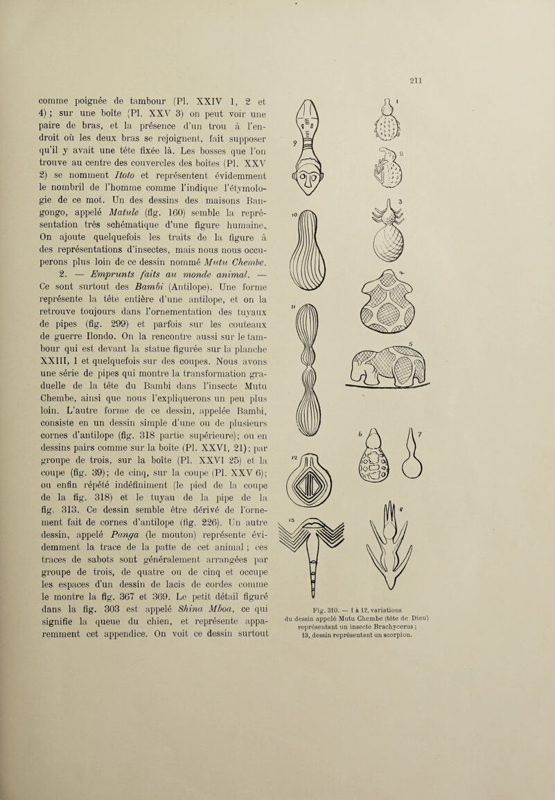 comme poignée de tambour (PL XXIV 1, 2 et 4) ; sur une boîte (PL XXV 3) on peut voir une paire de bras, et la présence d’un trou à l’en¬ droit où les deux bras se rejoignent, fait supposer qu’il y avait une tête fixée là. Les bosses que l’on trouve au centre des couvercles des boites (PL XXV 2) se nomment Itoto et représentent évidemment le nombril de l’homme comme l’indique l’étymolo¬ gie de ce mot. Un des dessins des maisons Ban- gongo, appelé Matule (fig. 160) semble la repré¬ sentation très schématique d’une figure humaine. On ajoute quelquefois les traits de la figure à des représentations d’insectes, mais nous nous occu¬ perons plus loin de ce dessin nommé Mutu Chembe. 2. — Emprunts faits au monde animal. — Ce sont surtout des Bambi (Antilope). Une forme représente la tête entière d’une antilope, et on la retrouve toujours dans l’ornementation des tuyaux de pipes (fig. 299) et parfois sur les couteaux de guerre Ilondo. On la rencontre aussi sur le tam¬ bour qui est devant la statue figurée sur la planche XXIII, 1 et quelquefois sur des coupes. Nous avons une série de pipes qui montre la transformation gra¬ duelle de la tête du Bambi dans l’insecte Mutu Chembe, ainsi que nous l’expliquerons un peu plus loin. L’autre forme de ce dessin, appelée Bambi, consiste en un dessin simple d’une ou de plusieurs cornes d’antilope (fig. 318 partie supérieure); ou en dessins pairs comme sur la boite (PL XXVI, 21); par groupe de trois, sur la boîte (Pl. XXVI 25) et la coupe (fig. 39); de cinq, sur la coupe (PL XXV 6); ou enfin répété indéfiniment (le pied de la coupe de la fig. 318) et le tuyau de la pipe de la fig. 313. Ce dessin semble être dérivé de l’orne¬ ment fait de cornes d’antilope (fig. 226). Un autre dessin, appelé Panga (le mouton) représente évi¬ demment la trace de la patte de cet animal ; ces traces de sabots sont généralement arrangées par groupe de trois, de quatre ou de cinq et occupe les espaces d’un dessin de lacis de cordes comme le montre la fig. 367 et 369. Le petit détail figuré dans la fig. 303 est appelé Shina Mhoa, ce qui signifie la queue du chien, et représente appa¬ remment cet appendice. On voit ce dessin surtout Fig. 310. — là 12, variations du dessin appelé Mutu Chembe (tête de Dieu) représentant un insecte Brachycerus ; 13, dessin représentant un scorpion.