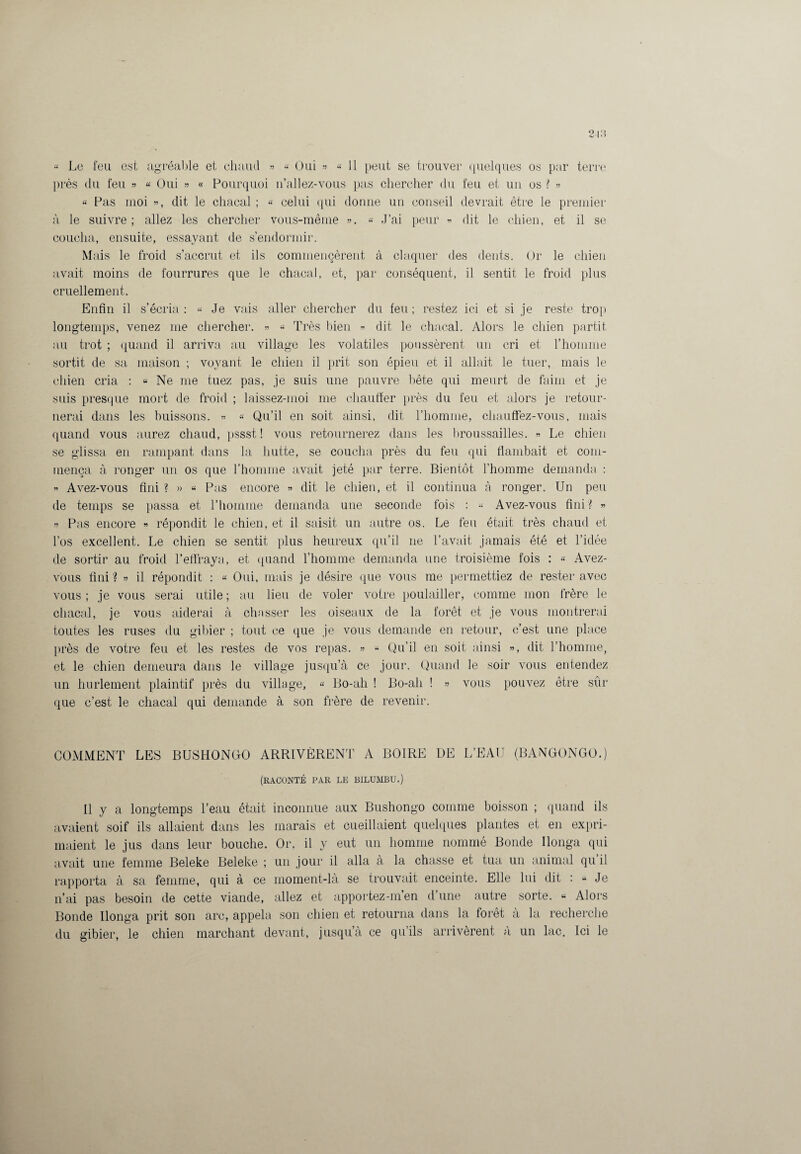 « Le feu est agréable et chaud » « Oui » « 11 peut se trouver quelques os par terre près du feu » « Oui » « Pourquoi n’allez-vous pas chercher du feu et un os ? » « Pas moi », dit le chacal ; « celui qui donne un conseil devrait être le premier à le suivre; allez les chercher vous-même ». « J’ai peur » dit le chien, et il se coucha, ensuite, essayant de s’endormir. Mais le froid s’accrut et ils commencèrent à claquer des dents. Or le chien avait moins de fourrures que le chacal, et, par conséquent, il sentit le froid plus cruellement. Enfin il s’écria: « Je vais aller chercher du feu; restez ici et si je reste trop longtemps, venez me chercher. » « Très bien » dit le chacal. Alors le chien partit au trot ; quand il arriva au village les volatiles poussèrent un cri et l’homme sortit de sa maison ; voyant le chien il prit son épieu et il allait le tuer, mais le chien cria : « Ne me tuez pas, je suis une pauvre bête qui meurt de faim et je suis presque mort de froid ; laissez-moi me chauffer près du feu et alors je retour¬ nerai dans les buissons. » « Qu’il en soit ainsi, dit l’homme, chauffez-vous, mais quand vous aurez chaud, pssst ! vous retournerez dans les broussailles. » Le chien se glissa en rampant dans la hutte, se coucha près du feu qui flambait et com¬ mença à ronger un os que l’homme avait jeté par terre. Bientôt l’homme demanda : » Avez-vous fini ? » « Pas encore » dit le chien, et il continua à ronger. Un peu de temps se passa et l’homme demanda une seconde fois : « Avez-vous fini? » » Pas encore » répondit le chien, et il saisit un autre os. Le feu était très chaud et l’os excellent. Le chien se sentit plus heureux qu’il ne l’avait jamais été et l’idée de sortir au froid l’effraya, et quand l’homme demanda une troisième fois : « Avez- vous fini ? » il répondit : « Oui, mais je désire que vous me permettiez de rester avec vous ; je vous serai utile ; au lieu de voler votre poulailler, comme mon frère le chacal, je vous aiderai à chasser les oiseaux de la forêt et je vous montrerai toutes les ruses du gibier ; tout ce que je vous demande en retour, c’est une place près de votre feu et les restes de vos repas. » « Qu’il en soit ainsi », dit l’homme, et le chien demeura dans le village jusqu’à ce jour. Quand le soir vous entendez un hurlement plaintif près du village, « Bo-ah ! Bo-ah ! » vous pouvez être sûr que c’est le chacal qui demande à son frère de revenir. COMMENT LES BUSHONOO ARRIVÈRENT A BOIRE DE L’EAU (BANGONGO.) (RACONTÉ par le bilumbu.) U y a longtemps l’eau était inconnue aux Bushongo comme boisson ; quand ils avaient soif ils allaient dans les marais et cueillaient quelques plantes et en expri¬ maient le jus dans leur bouche. Or, il y eut un homme nommé Bonde llonga qui avait une femme Beleke Beleke ; un jour il alla à la chasse et tua un animal qu il rapporta à sa femme, qui à ce moment-là se trouvait enceinte. Elle lui dit : * Je n’ai pas besoin de cette viande, allez et apportez-m’en d une autre sorte. « Alors Bonde llonga prit son arc, appela son chien et retourna dans la forêt à la recherche du gibier, le chien marchant devant, jusqu’à ce qu’ils arrivèrent à un lac. Ici le