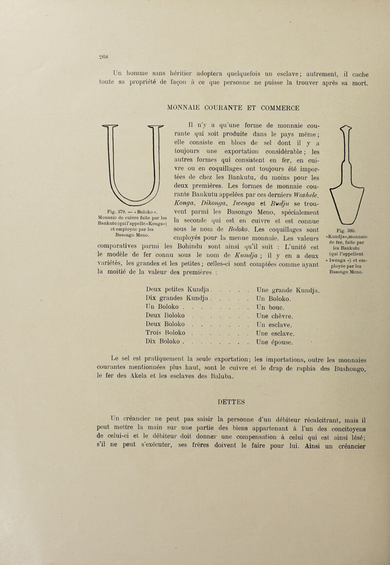 Un homme sans héritier adoptera quelquefois un esclave; autrement, il cache toute sa propriété de façon à ce que personne ne puisse la trouver après sa mort. MONNAIE COURANTE ET COMMERCE Il n y a qu’une forme de monnaie cou¬ rante qui soit produite dans le pays même ; elle consiste en blocs de sel dont il y a toujours une exportation considérable ; les autres formes qui consistent en fer, en cui¬ vre ou en coquillages ont toujours été impor¬ tées de chez les Bankutu, du moins pour les deux premières. Les formes de monnaie cou¬ rante Bankutu appelées par ces derniers Woshele. Konga, Dikonga, Iwenga et Budju se trou¬ vent parmi les Basongo Meno, spécialement la seconde qui est en cuivre et est connue sous le nom de Boloko. Les coquillages sont employés pour la menue monnaie. Les valeurs comparatives parmi les Bohindu sont ainsi qu’il suit : L’unité est le modèle de fer connu sous le nom de Kundja ; il y en a deux variétés, les grandes et les petites ; celles-ci sont comptées comme ayant la moitié de la valeur des premières : Fig. 379. — « Boloko ». Monnaie de cuivre faite par les Bankutu (qui l’appelle «Konga») et employée par les Basongo Meno. Fig. 380. «Kundja»,monnaie de fer, faite par les Bankutu (qui l’appellent « Iwenga ») et em¬ ployée par les Basongo Meno. Deux petites Kundja Dix grandes Kundja Un Boloko . . . Deux Boloko . Deux Boloko . . Trois Boloko . Dix Boloko . . . Une grande Kundja. . Un Boloko. . Un bouc. . Une chèvre. . Un esclave. Une esclave. . Une épouse. Le sel est pratiquement la seule exportation; les importations, outre les monnaies courantes mentionnées plus haut, sont le cuivre et le drap de raphia des Bushongo, le fer des Akela et les esclaves des Baluba. DETTES Un créancier ne peut pas saisir la personne d’un débiteur récalcitrant, mais il peut mettre la main sur une partie des biens appartenant à l’un des concitoyens de celui-ci et le débiteur doit donner une compensation à celui qui est ainsi lésé; s il ne peut s exécuter, ses frères doivent le faire pour lui. Ainsi un créancier