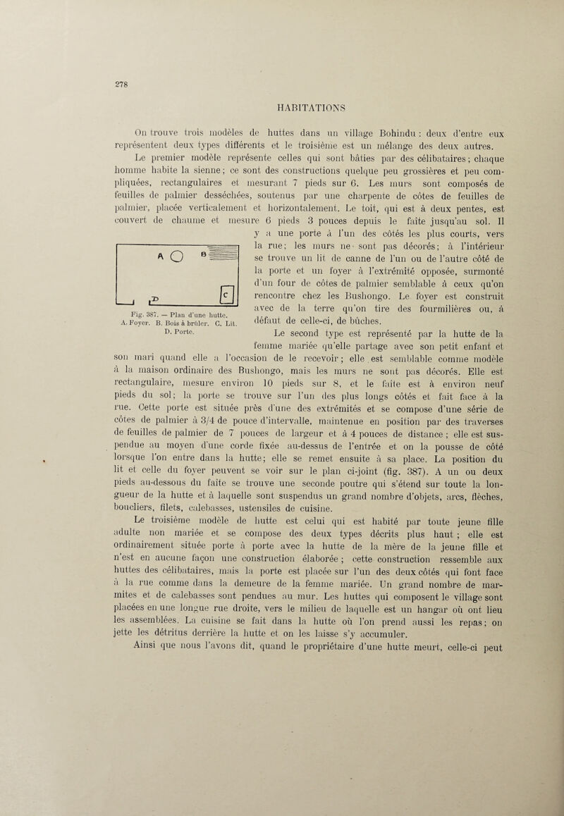 HABITATIONS On trouve trois modèles de huttes dans un village Bohindu : deux d’entre eux représentent deux types différents et le troisième est un mélange des deux autres. Le premier modèle représente celles qui sont bâties par des célibataires ; chaque homme habite la sienne ; ce sont des constructions quelque peu grossières et peu com¬ pliquées, rectangulaires et mesurant 7 pieds sur 6. Les murs sont composés de feuilles de palmier desséchées, soutenus par une charpente de côtes de feuilles de palmier, placée verticalement et horizontalement. Le toit, qui est à deux pentes, est couvert de chaume et mesure 6 pieds 3 pouces depuis le faîte jusqu’au sol. Il y a une porte à l’un des côtés les plus courts, vers la rue; les murs ne sont pas décorés; à l’intérieur se trouve un lit de canne de l’un ou de l’autre côté de la porte et un foyer à l’extrémité opposée, surmonté d’un four de côtes de palmier semblable à ceux qu’on rencontre chez les Bushongo. Le foyer est construit avec de la terre qu’on tire des fourmilières ou, à défaut de celle-ci, de bûches. Le second type est représenté par la hutte de la femme mariée qu’elle partage avec son petit enfant et son mari quand elle a l’occasion de le recevoir; elle est semblable comme modèle à la maison ordinaire des Bushongo, mais les murs ne sont pas décorés. Elle est rectangulaire, mesure environ 10 pieds sur 8, et le faîte est à environ neuf pieds du sol; la porte se trouve sur l’un des plus longs côtés et fait face à la rue. Cette porte est située près d’une des extrémités et se compose d’une série de côtes de palmier à 3/4 de pouce d’intervalle, maintenue en position par des traverses de feuilles de palmier de 7 pouces de largeur et à 4 pouces de distance ; elle est sus¬ pendue au moyen d’une corde fixée au-dessus de l’entrée et on la pousse de côté lorsque Ion entre dans la hutte; elle se remet ensuite à sa place. La position du lit et celle du foyer peuvent se voir sur le plan ci-joint (fig. 387). A un ou deux pieds au-dessous du faîte se trouve une seconde poutre qui s’étend sur toute la lon¬ gueur de la hutte et à laquelle sont suspendus un grand nombre d’objets, arcs, flèches, boucliers, filets, calebasses, ustensiles de cuisine. Le troisième modèle de hutte est celui qui est habité par toute jeune fille adulte non mariée et se compose des deux types décrits plus haut ; elle est ordinairement située porte à porte avec 1a. hutte de la mère de la jeune fille et aucune façon une construction élaborée ; cette construction ressemble aux huttes des célibataires, mais la porte est placée sur l’un des deux côtés qui font face a la rue comme dans la. demeure de la femme mariée. Un grand nombre de mar¬ mites et de calebasses sont pendues au mur. Les huttes qui composent le village sont placées en une longue rue droite, vers le milieu de laquelle est un hangar où ont lieu les assemblées. La cuisine se fait dans la hutte où l’on prend aussi les repas; on jette les détritus derrière la hutte et on les laisse s’y accumuler. Ainsi que nous l’avons dit, quand le propriétaire d’une hutte meurt, celle-ci peut Fig. 387. — Plan d’une hutte. A. Foyer. B. Bois à brûler. G. Lit. D. Porte.
