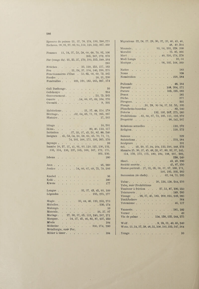 Epreuve du poison 21, 37, 78, 124, 130, 266,273 Esclaves. 90,91,97, 93,94,114, 116,162, 267, 269 Femmes 11, 24, 37, 53, 58, 60, 68, 70, 92, 106 265, 267, 272, 278 Fer (usage du). 21, 25, 37, 179, 193, 235, 248, 264 283 Fétiches. 33, 120, 153, 157, 163 Feu ... .21, 24, 37, 134, 140, 236, 275 Fonctionnaires d’État . 53, 65, 66, 69, 72, 265 Foudre. 20, 21, 230 Funérailles . . . 102, 126, 183, 265, 267, 274 Gali Bushongo. 10 Gelukenye .... . 264 Gouvernement. 53, 75, 265 Guerre ... . .54, 66, 67, 69, 104, 270 Gwembi.9, 201 Habitations. 21, 37, 48, 154, 278 Héritage.62, 64, 65, 71, 91, 265, 267 Histoire.17, 263 Idinga ... .10,201 Ikina. 20,46,113,117 Initiation . . .27,33,37, 45,51,82,88,240 Insignes . 45, 53, 54, 56, 58, 61, 65, 70, 71, 72, 74, 101, 106, 171, 192, 265, 270 Inyenye. 10 Isambo 10, 27, 37, 41, 91, 93, 119, 125, 130, 132, 133, 134, 136, 137, 165, 166, 167, 172, 175, 201. 230. Ishena. 180 Jeux. 95, 269 Justice. 54, 66, 67, 69, 75, 79, 266 Knobel. 36 Koki. 180 Kwete. 177 Langue. 32, 37, 43, 45, 93, 109 Légendes. 235, 275, 277 Magie. 33, 44, 46. 120, 233, 273 Maladies. 230, 274 Malongo. ... 10 Mancala. 26, 37, 97 Mariage. . 27, 30, 37, 65, 113, 240, 267, 271 Masques... 24, 37, 45, 46, 82, 87, 237, 250 Mbala. 184 Médecine. 330, 274, 280 Métallurgie, voir Fer. Métier à tisser. 184 Migrations 22, 24, 27, 28, 36, 37, 39, 40, 43, 46, 48, 49,264 Monnaie. 93, 94, 201, 228, 268 Moralité .... . . . 75, 85, 266 Mort. 40, 126, 274, 278 Mudi Langa.10, 34 Musique. . . 98, 102, 104, 269 Nattes. 183 Noms . . . 108 Numération. 228, 284 Palissade.48, 164 Parenté. 108, 264, 271 Parure. 165,195, 283 Peaux. 181 Pêche. 277 Pirogues. 201 Pianga . . . .10, 28, 30 34, 37, 51. 55, 195 Planchette-bourdon. 82, 240 Poterie. 132, 192, 207, 275, 283 Prohibitions . 61, 66, 67, 73, 105, 111, 116, 272 Propriété. 90,141,267 Relations sexuelles.110,272 Religion.,. 120, 272 Saisons. 229 Salutations. 233, 284 Sculpture.•. . 191 Sel. . . 22, 29, 37, 94, 104, 133, 236, 268,. 275 Shamba 25, 36, 37, 45, 48, 55, 87, 89, 92, 97, 105, 114, 170, 173, 175, 180, 184, 198, 201, 202, 238, 249 Shari. 43, 49, 200 Société secrète. 45, 87, 250 Statue-portrait. 27, 31, 35, 36, 37, 97, 168, 171, 192, 195, 202, 203 Succession (de chefs) . . . . 62,64,71,265 Tabac. 26, 136, 138, 244, 276 Tabu, voir Prohibitions Tambour à friction . . . 27,51,87,100,250 Teinturerie. 189, 283 Tissage . . 26, 37, 45, 183, 209, 216, 249, 283 'fonkfushere. 364 Totémisme.46, 117 Vannerie.181, 182 Verner. 49 Vin de palme .... 134, 138, 235, 244, 275 Wolf. . 9,28,31,49,65,249 Woto. 21,24,37, 38, 48, 51,108,193,235,247,264 Yungu. 10