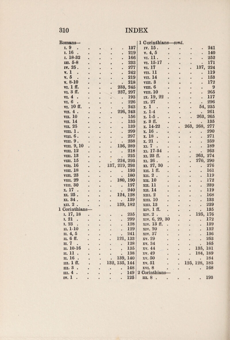 Romans i. 9 . 0 • i. 16 . • • i. 18-32 • • in. 5-8 f 0 iy. 25. 0 0 v. 1 . 0 0 v. 5 . 0 0 v. 8-10 0 0 VI. 1 ff. . 233, vi. 3 ff. . 237, vi. 4 . • • vi. 6 . • • vi. 10 ff. • vii. 4 . . 226, vii. 10 0 0 vn. 14 0 0 vii. 25 • * VIII. 1. 0 0 viii. 6. 0 0 viii. 9. 0 0 viii. 9,10 . 136, viii. 12 • • viii. 13 • • viii. 15 . 224, vm. 16 137, 219, viii. 18 • • vm. 23 • • viii. 29 . 180, vm. 30 • • x. 17 . • • xi. 25 . . 124, xi. 34 . • 0 xii. 2 . 1 Corinthians— . 139, i. 17, 18 • • i. 21 . • 0 i. 23 . • 0 ii. 1-10 * • ii. 4, 5 • • ii. 6 ff. . 121, ii. 7 . * • ii. 10-16 • ♦ ii. 11 . • • ii. 16 . . 139, m. 1 ff. 132, 135, hi. 3 . • • HI. 4 . • • IV. 1 . • 9 • • C orinthians—cont. iv. 15. • . 241 v. 4, 5 . 140 VI. 11. . 252 vi. 15-17 . 171 vi. 17 . 137, 224 VII. 11 . 119 vn. 14 . 153 vm. 3 . 172 vm. 6 9 viii. 10 . 265 ix. 19, 22 . 117 ix. 27 . 296 x. 1 . 54, 235 x. 1-4 . 261 x. 1-5 . . 263, 265 x. 3 ff. . 135 x. 14-22 . 263, 268, 277 x. 16 . . 290 x. 18 . . 271 x. 21 . . 259 xi. 7 . . 189 xi. 17-34 . 263 xi. 23 ff. . 263, 274 xi. 26 . . 270, 290 xi. 27, 30 . 276 XII. 1 ff. . 161 xn. 2 . . 119 xii. 10 . 172 XII. 11 . 239 xii. 14 . 119 xiii. 2 . 168 xm. 10 . 133 xiii. 13 . 239 XIV. 1 ff. . 135 xiv. 2 . . 125, 176 xiv. 6, 29, 30 . 172 xiv. 13 ff. . 139 xiv. 20 . 132 xiv. 37 . 136 xv. 29 . 258 xv. 34 . 165 xv. 44 . 135, 181 xv. 49 . 184, 189 xv. 50 . 184 xv. 51 . 125, 128, 185 xvi. 8 Corinthians . 168 hi. 8 . • . 193 137 219 166 233 277 242 219 218 245 297 193 226 243 243 156 135 139 299 297 238 289 218 225 293 293 193 180 190 197 240 128 139 182 235 299 128 129 241 133 128 135 138 140 144 148 149 1251