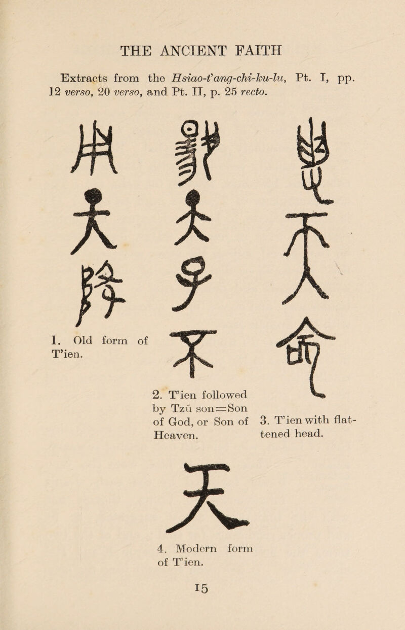 Extracts from the Hsiao-tfang-chi-ku-lu, Pt. I, pp 12 verso, 20 verso, and Pt. IT, p. 25 recto. 1. Old form of T’ien, 2. T’ien followed by Tzu son=Son of God, or Son of Heaven. 4. Modern form of T’ien. 3. T’ien with flat tened head.