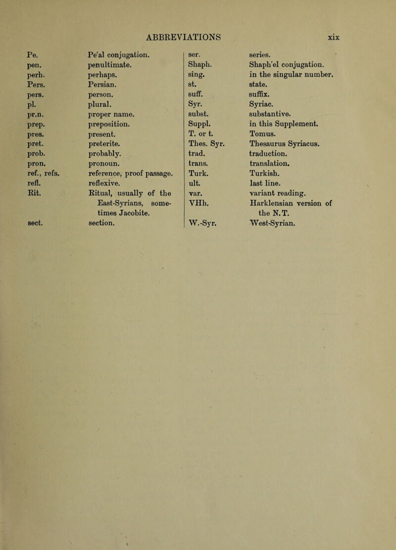 Pe. Pe'al conjugation. pen. penultimate. perh. perhaps. Pers. Persian. pers. person. pi. plural. pr.n. proper name. prep. preposition. pres. present. pret. preterite. prob. probably. pron. pronoun. ref., refs. reference, proof passage. refl. reflexive. Rit. Ritual, usually of the East-Syrians, some¬ times Jacobite. sect. section. ser. series. Shaph. Shaph'el conjugation. sing. in the singular number. st. state. suff. suffix. Syr. Syriac. subst. substantive. Suppl. in this Supplement. T. or t. Tomus. Thes. Syr. Thesaurus Syriacus. trad. traduction. trans. translation. Turk. Turkish. ult. last line. var. variant reading. VHh. Harklensian version of the N.T. W.-Syr. West-Syrian.