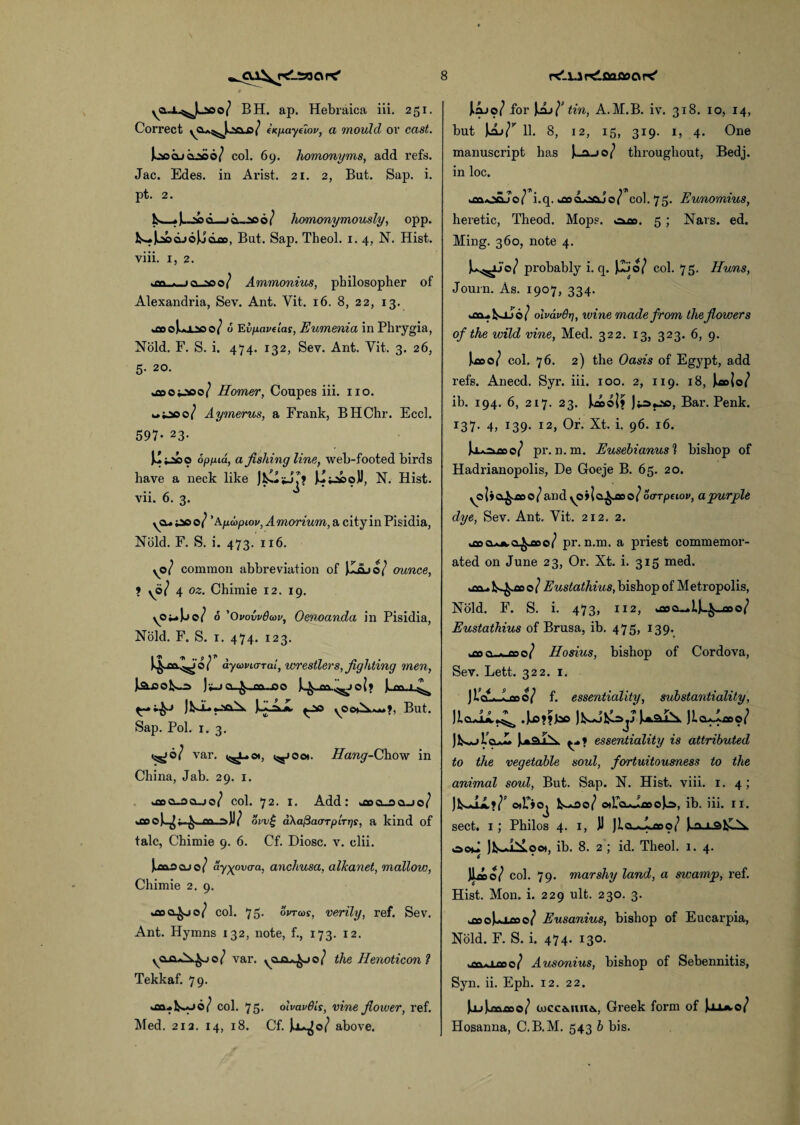 t yCuL^Jooo/ BH. ap. Hebraica iii. 251. Correct yQ.*^JocLij/ eKpayeiov, a mould or cast. Joocljclsoo/ col. 69. homonyms, add refs. Jac. Edes. in Arist. 21. 2, But. Sap. i. pt. 2. 1Sw_»Jl_soq_>cl~50o/ homonymously, opp. K.)jiocLj6ijdae, But. Sap. Theol. 1. 4, N. Hist, viii. 1, 2. .-lajoa/ Ammonius, philosopher of Alexandria, Sev. Ant. Vit. 16. 8, 22, 13. uboUxsoo/ 6 EifMavelas, Eumenia in Phrygia, Nold. F. S. i. 474. 132, Sev. Ant. Vit. 3. 26, 5. 20. s£ooi^oo} Homer, Coupes iii. no. Aymerus, a Frank, BHChr. Eccl. 597* 23- opfua, a fishing line, weh-footed birds have a neck like j^J-aooU, N. Hist, vii. 6. 3. yo-iaoo/ 'Apdopiov,Amorium, a city in Pisidia, Nold. F. S. i. 473. 116. yo/ common abbreviation of &L,e7 ounce, ? yo/ 4 oz. Chimie 12. 19. yo^e/ 6 'Ovovvdoov, Oenoanda in Pisidia, Nold. F. S. 1. 474. 123. 0/ ayuviaral, wrestlers, fighting men, ]^Q_^_ca_JDO ILtsa.X^ ^-30 yOoC^*—?, But. Sap. Pol. x. 3. ^0/ var. Hang-Chow in China, Jab. 29. 1. ^3CL3CUo/ col. 72. I. Add: a»<L3QJo/ •so <>vv£ aXa^aoTpLTrjs, a kind of talc, Chimie 9. 6. Cf. Diosc. v. clii. Juaaocue/ ayyovo-a, anchusa, alkanet, mallow, Chimie 2. 9. col. 75. oVrcoy, verily, ref. Sev. Ant. Hymns 132, note, f., 173. 12. yCiaAv^jo/ var. yCLCu^jo/ the Henoticon ? Tekkaf. 79. col. 75. olvavGis, vine flower, ref. Med. 212. 14, 18. Cf. above. JAjo/ for J£jf tin, A.M.B. iv. 318. 10, 14, but 11. 8, 12, 15, 319. 1, 4. One manuscript has throughout, Bedj. in loc. kflaoSJo/ i.q. fcOoa*sojo/ col. 75. Eunomius, heretic, Theod. Mops. 5; Nars. ed. Ming. 360, note 4. ks^j'o/ pi’obably i. q. Juj o/ col. 75. Huns, Journ. As. 1907, 334. 0/ olvavSrj, wine made from the flowers of the wild vine, Med. 322. 13, 323. 6, 9. col. 76. 2) the Oasis of Egypt, add refs. Anecd. Syr. iii. 100. 2, 119. 18, icolo/ ib. 194. 6, 217. 23. Ju»o|> Jtsyjc, Bar. Penk. 137. 4> r39' I2> Or. Xt. i. 96. 16. Jouakaoo/ pr. n.m. Eusebianusl bishop of Hadrianopolis, De Goeje B. 65. 20. yoI»a^.£oo/andyoila^aoo/oa-rpuov, a purple dye, Sev. Ant. Vit. 212. 2. pr. n.m. a priest commemor¬ ated on June 23, Or. Xt. i. 315 med. © / Eustathius, bishop of M etropolis, Nold. F. S. i. 473, 112, kfloa>.U-£_oDo/ Eustathius of Brusa, ib. 475, 139. 0/ Hosius, bishop of Cordova, Sev. Lett. 322. 1. JLJ. !wa/ f. essentiality, substantiality, JlcuLl^ .)Ld»?J©© U*i\ essentiality is attributed to the vegetable soul, fortuitousness to the animal soul, But. Sap. N. Hist. viii. 1. 4; ©>r»Oj CHPo-JiBoJo, ib. iii. 11. sect. 1 ; Philos 4. 1, JJ jia^Laao/ l ©ou Jk-JiLoo*, ib. 8. 2 ; id. Theol. 1. 4. ¥> 0/ col. 79. marshy land, a swamp, ref. Hist. Mon. i. 229 ult. 230. 3. Eusanius, bishop of Eucarpia, Nold. F. S. i. 474. 130. Ausonius, bishop of Sebennitis, Syn. ii. Eph. 12. 22. )juUft.tt>o/ mcc^nne., Greek form of Jxuwo/ Hosanna, C.B.M. 543 b bis.
