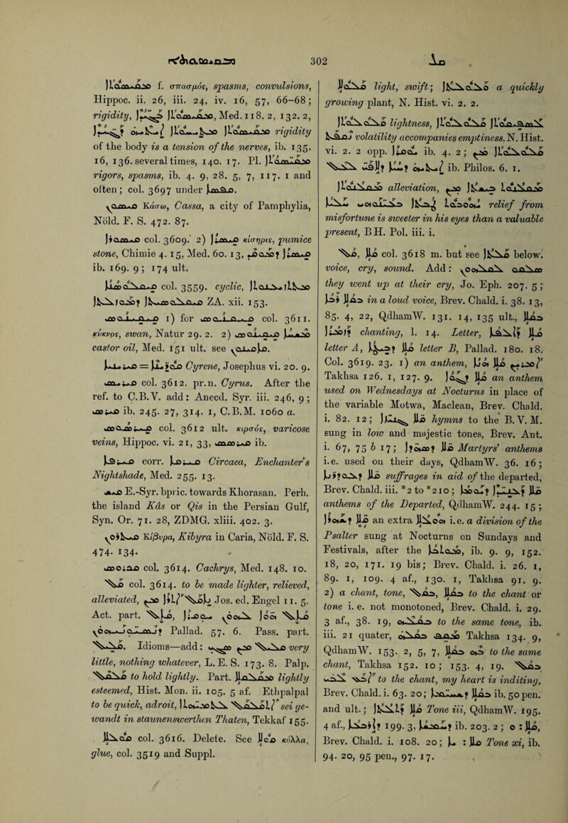 f. cnTaafjLos, spasms, convulsions, Hippoc. ii. 26, iii. 24, iv. 16, 57, 66-68; rigidity, JII^s Jicu»*iL*s, Med. 118. 2, 132. 2, ot-» A- / jLa«,_.fcoo JLobiAlso rigidity of the body is a tension of the nerves, ib. 135. 16, 136. several times, 140. 17. FI. rigors, spasms, ib. 4. 9, 28. 5, 7, 117. 1 and often ; col. 3697 under JaaaSLo. yflauo Kdcrw, Cassa, a city of Pamphylia, Nold. F. S. 472. 87. Jio,A&Aj3 col. 3609. 2) KLdrjpis, pumice stone, Chimie 4. 15, Med. 60. 13, Jso.'sa* ib. 169. 9 ; 174 ult. J.tc6 cf A.o...g> col. 3559. cyclic, )iaus-)L!^» JfcsAfaA? )ls-.£cZA. xii. 153. kco1) for wooa_i_a_A_£> col. 3611. kvkvos, swan, Natur 29. 2. 2) ano.i^a*xj Jl-v> castor oil, Med. 151 ult. see J.,u_»w5 = JJL.»clo Cyrene, Josephus vi. 20. 9. col. 3612. pr.n. Cyrus. After the ref. to C.B.Y. add: Anecd. Syr. iii. 246, 9 ; ib. 245. 27, 314. I, C.B.M. 1060 a. col. 3612 ult. xipaos, varicose veins, Hippoc. vi. 21, 33, ^b.cd^s> ib. u j_*_o corr. U>i—o Circaea, Enchanter s Nightshade, Med. 255. 13. b E.-Syr. bpric. towards Khorasan. Ferh. the island Eds or Qis in the Persian Gulf, Syn. Or. 71. 28, ZDMG. xliii. 402. 3. yO>ls*j3 Kifivpa, Kibyra in Caria, Hold. F. S. 474- 134. u»o;ajs col. 3614. Cachrys, Med. 148. 10. ^suO col. 3614. to be made lighter, relievedl, alleviated, ^bb J*i(^NA.6jo Jos. ed. Engel 11. 5. Act. part. ^Lo, .60^ Jcot A.Jua ^ * ' \ * yo ©*_*_> cGLcaJ? Pall ad. 57. 6. Pass. part. *A*A6. Idioms—add: sA,A.o very little, nothing whatever, L. E. S. 173. 8. Palp. sA<6A6 to hold lightly. Part. J1.qAcl» lightly esteemed, Hist. Mon. ii. 105. 5 af. Ethpalpal to be quick, adroit, liobAiAA ^sei ge- wandt in staunenswerthen Thaten, Tekkaf 155. JlAa.o col. 3616. Delete. See JJ ob KoXXa, glue, col. 3519 and Suppl. |diAi> light, swift] Jls_A.a.A,6 a quickly growing jolant, N. Hist. vi. 2. 2. JLclAciA.6 lightness, Jla.Aa.A6 JLaA.a.mA KsLoj volatility accompanies emptiness, N. Hist, vi. 2. 2 opp. JtocL. ib. 4. 2; )IclAcl\6 >?AAA .IsJj* J6A» omA-/ ib. Philos. 6. 1. J^cllAqA) alleviation, J]^a*s LaiAo n3 UAL wiwoIlAo Jfc^ iaaoo*l relief from misfortune is sweeter in his eyes than a valuable present, BH. Pol. iii. i. *A6, JJA col. 3618 m. but see ) A\6 below. voice, cry, sound. Add: yOo^AaA nAw they went up at their cry, Jo. Eph. 207. 5; J.^» JJAs in a loud voice, Brev. Chald. i. 38. 13, 85- 4> 22, QdhamW. 131. 14, 135 ult., JLL* )£.•*»? chanting, 1. 14. Letter, J^AaJ? JL6 letter A, )4-? ¥ letter B, Pallad. 180. 18. Col. 3619. 23. 1) an anthem, JJo* JLa Takhsa 126. 1, 127. 9. J<HJ Jj6 an anthem used on Wednesdays at Nocturns in place of the variable Motwa, Maclean, Brev. Chald. i. 82. 12; Jlli^ Jl6 hymns to the B. V. M. sung in low and majestic tones, Brev. Ant. i- 67, 75 b 17; J»c*£o» Jl6 Martyrs' anthems i.e. used on their days, QdhamW. 36. 16; J.j>?cl_v? Jib suffrages in aid of the departed, Brev. Chald. iii. *2 to *210 ; jAaolf J* j.\; Jlo anthems of the Departed, QdhamW. 244. 15; J»o»jL) Jlo an extra JlAo% i.e. a division of the Psalter sung at Nocturns on Sundavs and Festivals, after the J6>IqAd, ib. 9. 9, 152. 18, 20, 171. 19 bis; Brev. Chald. i. 26. 1, 89. 1, 109. 4 af., 130. 1, Takhsa 91. 9. 2) a chant, tone, \iia, JIA* to the chant or tone i. e. not monotoned, Brev. Chald. i. 29. 3 af., 38. 19, o».AAja to the same tone, ib. iii. 21 quater, c»Aco «axL--» Takhsa 134. 9, QdhamW. 153. 2, 5, 7, JJAo. to the same chant, Takhsa 152. 10 ; 153. 4, 19. ^AA n>A(^ to the chant, my heart is inditing, Brev. Chald. i. 63. 20; J-scbA*.»JLas ib. 50pen. and ult.; JAAl? J1 6 Tone iii, QdhamW. 195. 4 af., 199. 3, JAsoA? ib. 203. 2 ; o : J16, Brev. Chald. i. 108. 20; : Jlo Tone xi, ib. 94. 20, 95 pen., 97. 17.