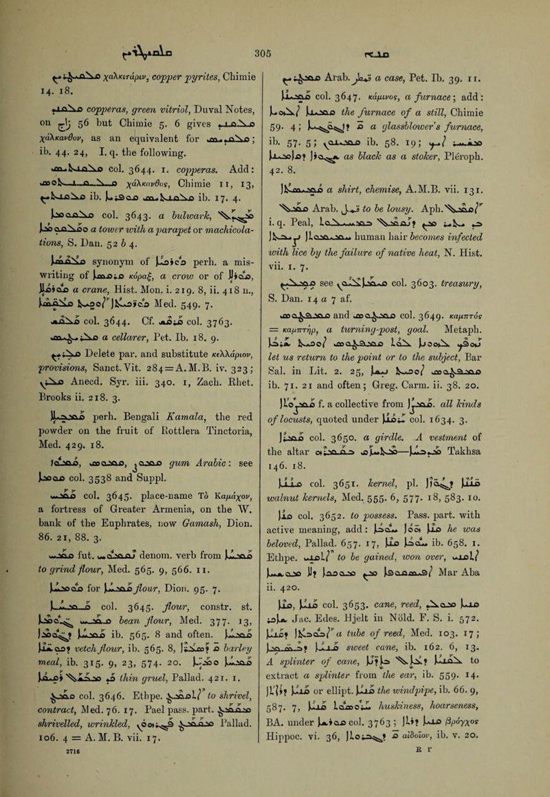 yaX/arapuq copper pyrites, Chimie 14. 18. •J.0I5.0 copperas, green vitriol, Duval Notes, on 5^ but Chimie 5. 6 gives «~X0N>*0 xahKavdov, as an equivalent for *00. *0^x0; ib. 44. 24, I. q. the following. *0q-*Kl0^x0 col. 3644. 1. copperas. Add: ‘floods—L-0_^—0 xaXKavdos, Chimie 11, 13, ^.ImoAo ib. J*.;3o0 *00...Is-io^o ih. 17. 4. poooNo col. 3643. a bulwark, )jjo ooNoo a tower with a parapet or machicola¬ tions, S. Dan. 5264. ).ooovlo synonym of JJLoiea perh. a mis¬ writing of Kopciij, a crow or of JJjoo, Jloioo a crane, Hist. Mon. i. 219. 8, ii. 418 n., plo-No 1^aoo/,J1^a0>c.0 Med. 549. 7. JXO^.0 col. 3644. Cf. Jk0^0 col. 3763. *0o-<*£~. jlxo a cellarer, Pet. Ib. 18. 9. Delete par. and substitute neWapiov, provisions, Sanct.Yit. 284 = A.M.B. iv. 323; Anecd. Syr. iii. 340. 1, Zach. Rhet. Brooks ii. 218. 3. )L.o0ao perh. Bengali Kamala, the red powder on the fruit of Rottlera Tinctoria, Med. 429. 18. IclJsq-o, *00000.0, ^0000 gum Arabic: see joooo col. 3538 and Suppl. >**.ao.0 col. 3645. place-name To Kapdxpv, a fortress of Greater Armenia, on the W. bank of the Euphrates, now Gamash, Dion. 86. 21, 88. 3. «*0O0 fut. M»olaajaJ denom. verb from Jl to grind flour, Med. 565. 9, 566. 11. J.I00O0 for Jl.000flour, Dion. 95. 7. o col. 3645. flour, constr. st. Uo w-^o-o bean flour, Med. 377. 13, juLaoo ib. 565. 8 and often. {.loao Hi 00? vetch flour, ib. 565. 8, Jt^Loa? 0 barley meal, ib. 315. 9, 23, 574. 20. Jj’000 Julsao pL*c» *0 thin gruel, Pallad. 421. 1. Xooo col. 3646. Ethpe. X000L/ to shrivel, contract, Med. 76. 17. Pael pass. part, £.10000 shrivelled, wrinkled, yOo»*^3 ^20020 Pallad. 106. 4 = A.M.B. vii. 17. Arab.^k*-; a case, Pet. Ib. 39. 11. J.i*0O0 col. 3647. Kapivos, a furnace', add: c*k/ Jxoo.0 the furnace of a still, Chimie 59. 4; ? -o a glassblowers furnace, ib- 57- 5; yaJLooa ib. 58. 19; Jx*0o|0? as black as a stoker, Pleroph. 42. 8. ) 1^.00*00.0 a shirt, chemise, A.M.B. vii. 131. ^000 Arab. J**j‘ to be lousy. Aph.'^ooo/’ i. q. Peal, loN*^-**i005 ^00 ^ J1030*20** human hair becomes infected with lice by the failure of native heat, N. Hist, vii. 1. 7. ^*^00.0 see yQ-IilJ*io.*0 col. 3603. treasury, S. Dan. 14 a 7 af. *ooo£2l000 and *coo£.300 col. 3649. Kapnros = KapnTTjp, a turning-post, goal. Metaph. Ms;*, fc**0o/ *00 0^.3.000 loix J*>0<»,A y°>OiJ let us return to the point or to the subject, Bar Sal. in Lit. 2. 25, ),ja.*j fc**oo/ *000^.3.000 ib. 71. 21 and often; Greg. Carm. ii. 38. 20. f. a collective from Jj-ioo. all kinds of locusts, quoted under \la£ col. 1634. 3. JiiO0 col. 3650. a girdle. A vestment of the altar otlsoiLo vojU*fc*2»—^0*00 Takhsa 146. 18. |*i.I.o col. 3651. kernel, pi. Jjo^? Ulb walnut kernels, Med. 555. 6, 577. 18, 583. 10. J,io col. 3652. to possess. Pass. part, with active meaning, add: JAo** Joot J*Io he was beloved, Pallad. 657. 17, Jxo Joel* ib. 658. 1. Ethpe. to be gained, won over, u*lo!/ C*j^o0o JJ> ia.0000 ^00 J.2 0000*3/ Mar Aba ii. 420. j.X0, JJL10 col. 3653. cane, reed, *^000 k±0 toju* Jac. Edes. Hjelt in Nold. F. S. i. 572. pai tube of reed, Med. 103. 17; Joo_m_~>» J.I.1.0 sweet cane, ib. 162. 6, 13. A splinter of cane, JJ»U> kk? JlxoX to extract a splinter from the ear, ib. 559. 14. Jl/jjj {I10 or ellipt. jli0 the windpipe, ib. 66. 9, 587. 7, U±o i oas oil huskiness, hoarseness, BA. under J**,»o0 col. 3763 ; ]l»? Ppoyxos Hippoc. vi. 36, Jlojo^? ■© aldoiov, ib. v. 20. K r 2716