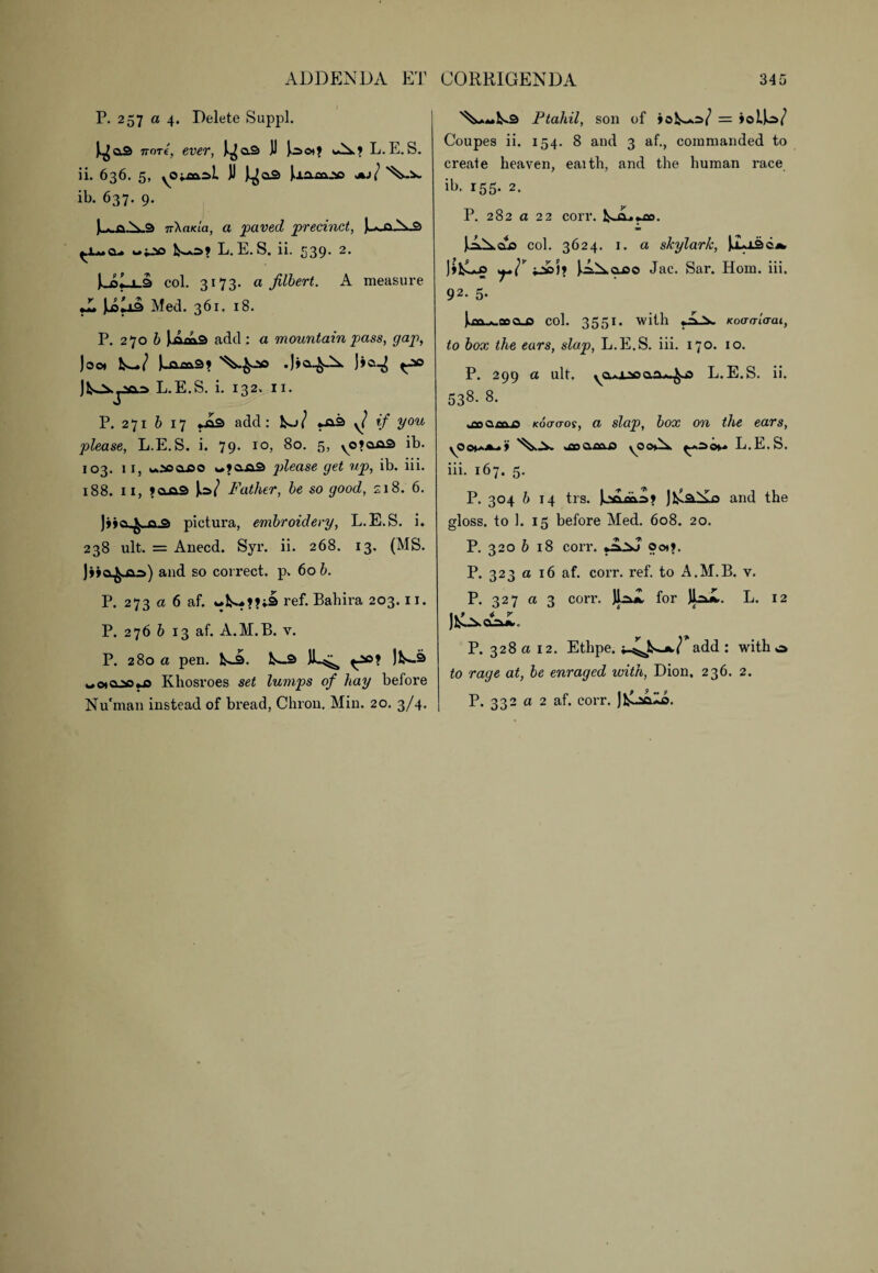 P. 257 a 4. Delete Suppl. kot(, ever, JJ Jaa? L.E.S. ii. 636. 5, yOjmsL JJ J^a3 Jiamj!© jul ib. 637. 9. J. a\.5 Tr'kmcla, a paved precinct, ).*a.A.S w^io L.E.S. ii. 539. 2. J ^ col. 3173. a filbert. A measure *1)413 Med. 361. 18. P. 270 b Jam3 add : a mountain pass, gap, joot J-am3? Jia-J ^jso L.E.S. i. 132. 11. P. 271 b 17 *a3 add: fco/ *a3 y? if you please, L.E.S. i. 79- i°, 80. 5, yO?aa3 ib. 103. 11, W.50CU50 w?aa3 please get up, ib. iii. 188. 11, ?aa3 )a/ Father, be so good, 218. 6. )««a ^ Q3 pictura, embroidery, L.E.S. i. 238 ult. = Anecd. Syr. ii. 268. 13. (MS. J»»o£aa) and so correct. p» 60 b. P. 273 a 6 af. ref. Bahira 203.11. P. 276 b 13 af. A.M.B. y. P. 280 a pen. k*-3 JL^ )k-3 wo»aso*a Khosroes set lumps of hay before Nu'man instead of bread, Chron. Min. 20. 3/4. Ptahil, son of iok~+z>f = »ol)o/ Coupes ii. 154. 8 and 3 af., commanded to create heaven, eaith, and the human race ib. 155. 2. P. 282 a 22 corr. *m. JAXclo col. 3624. 1. a skylark, JLx3cj* )>fcLa yl* JaixcLDo Jac. Sar. Horn. iii. 92. 5. Jm^.ooCU5 col. 3551. with .Ax Koaalaai, to box the ears, slap, L.E.S. iii. 170. 10. P. 299 a ult. ycu.L2oaa*_^a L.E.S. ii. 538- 8- on a m a Koaaos, a slap, box on the ears, yOo*A.*~»j> \JX jsanu) yOo*.A L.E.S. iii. 167. 5. P. 304 b 14 trs. Cams? )ts3^s and the gloss, to 1. 15 before Med. 608. 20. P. 320 b 18 corr. oo*>. P. 323 a 16 af. corr. ref. to A.M.B. v. P. 327 a 3 con\ Jlal for Jlal. L. 12 P. 328 a 12. Ethpe. add: with o to rage at, be enraged with, Dion. 236. 2. P. 332 a 2 af. corr. jfclala.