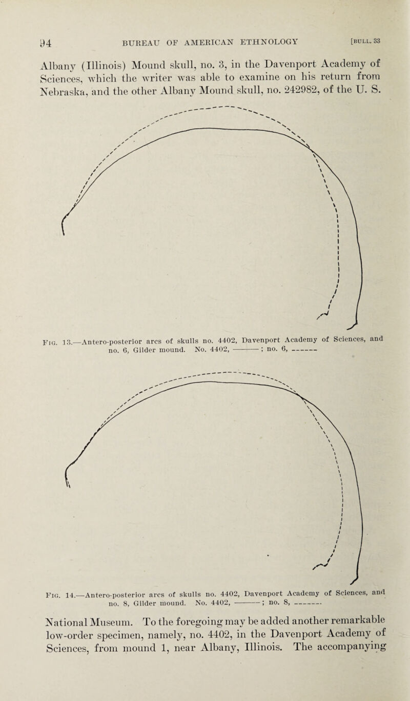 Albany (Illinois) Mound skull, no. 3, in the Davenport Academy of Sciences, which the writer was able to examine on his return from Nebraska, and the other Albany Mound skull, no. 242982, of the U. S. Fig. 13.—Anteroposterior arcs of skulls no. 4402, Davenport Academy of Sciences, and no. 6, Gilder mound. No. 4402, -; no. 6,- Fig. 14.—Antero-posterior arcs of skulls no. 4402, Davenport Academy of Sciences, and no. 8, Gilder mound. No. 4402,-; no. 8,- National Museum. To the foregoing may be added another remarkable low-order specimen, namely, no. 4402, in the Davenport Academy of Sciences, from mound 1, near Albany, Illinois. The accompanying