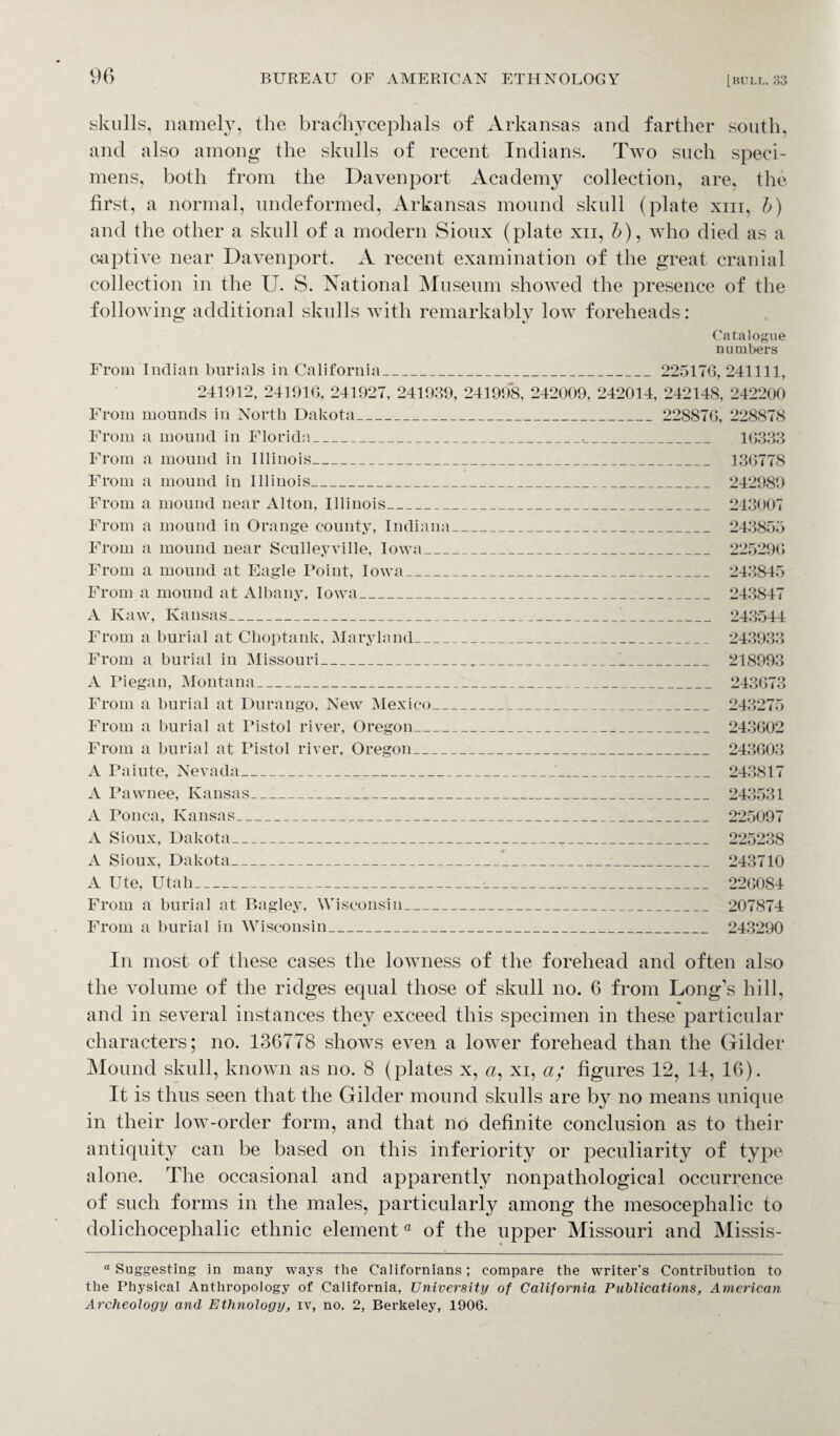skulls, namely, the brachycephals of Arkansas and farther south, and also among the skulls of recent Indians. Two such speci¬ mens, both from the Davenport Academy collection, are, the first, a normal, undeformed, Arkansas mound skull (plate xiii, b) and the other a skull of a modern Sioux (plate xii, b), who died as a oaptive near Davenport. A recent examination of the great cranial collection in the U. S. National Museum showed the presence of the following additional skulls with remarkably low foreheads: Catalogue numbers From Indian burials in California_ 225176,241111, 241912, 241916, 241927, 241939, 241998, 242009, 242014, 242148, 242200 From mounds in North Dakota_ 228876, 228878 From a mound in Florida_._ 16333 From a mound in Illinois___ 136778 From a mound in Illinois_ 242989 From a mound near Alton, Illinois_ 243007 From a mound in Orange county, Indiana__ 243855 From a mound near Sculleyville, Iowa_ 225296 From a mound at Eagle Point, Iowa_ 243845 From a mound at Albany, Iowa_ 243847 A Raw, Kansas_ 243544 From a burial at Choptank, Maryland___ 243933 From a burial in Missouri_„_!_ 218993 A Piegan, Montana_ 243673 From a burial at Durango, New Mexico_ 243275 From a burial at Pistol river, Oregon_ 243602 From a burial at Pistol river, Oregon__ 243603 A Paiute, Nevada____ 243817 A Pawnee, Kansas_1_1_ 243531 A Ponca, Kansas_ 225097 A Sioux, Dakota_ 225238 A Sioux, Dakota_*_ 243710 A Ute, Utah_ 226084 From a burial at Bagley, Wisconsin_ 207874 From a burial in Wisconsin_ 243290 In most of these cases the lowness of the forehead and often also the volume of the ridges equal those of skull no. 6 from Long’s hill, and in several instances they exceed this specimen in these particular characters; no. 136778 shows even a lower forehead than the Gilder Mound skull, known as no. 8 (plates x, a, xi, a; figures 12, 14, 16). It is thus seen that the Gilder mound skulls are by no means unique in their low-order form, and that no definite conclusion as to their antiquity can be based on this inferiority or peculiarity of type alone. The occasional and apparently nonpathological occurrence of such forms in the males, particularly among the mesocephalic to dolichocephalic ethnic element a of the upper Missouri and Missis- a Suggesting in many ways the Californians; compare the writer's Contribution to the Physical Anthropology of California, University of California Publications, American Archeology and Ethnology, iv, no. 2, Berkeley, 1906.
