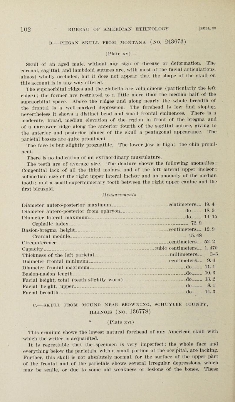 B.-PIEGAN SKULL FROM MONTANA (NO. 243673) (Plate xv) Skull of an aged male, without any sign of disease or deformation. The coronal, sagittal, and lambdoid sutures are, with most of the facial articulations, almost wholly occluded, but it does not appear that the shape of the skull on this account is in any way altered. The supraorbital ridges and the glabella are voluminous (particularly the left ridge) ; the former are restricted to a little more than the median half of the supraorbital space. Above the ridges and along nearly the whole breadth of the frontal is a well-marked depression. The forehead is low and sloping, nevertheless it shows a distinct bend and small frontal eminences. There is a moderate, broad, median elevation of the region in front of the bregma and of a narrower ridge along the anterior fourth of the sagittal suture, giving to the anterior and posterior planes of the skull a pentagonal appearance. The parietal bosses are quite prominent. The face is but slightly prognathic. The lower jaw is high; the chin promi¬ nent. There is no indication of an extraordinary musculature. The teeth are of average size. The denture shows the following anomalies: Congenital lack of all the third molars, and of the left lateral upper incisor; submedian size of the right upper lateral incisor and an anomaly of the median tooth; and a small supernumerary tooth between the right upper canine and the first bicuspid. Measurements Diameter antero-posterior maximum-centimeters— Diameter antero-posterior from ophryon__ - do- Diameter lateral maximum_do- Cephalic index_72.9 Basion-bregma height-- ---centimeters— Cranial module_ - - 15. 48 Circumference---centimeters— Capacity_cubic centimeters— Thickness of the left parietal-millimeters.. Diameter frontal minimum- -centimeters— Diameter frontal maximum-do- Basion-nasion length_do- Facial height, total (teeth slightly worn)-do- Facial height, upper- do- Facial breadth_do- 19.4 18.9 14. 15 12. 9 52. 2 I, 470 3-5 9. 0 II. 1 10.6 13.2 8. 1 14. 3 C.-SKULL FROM MOUND NEAR BROWNING, SCHUYLER COUNTY, Illinois (no. 136778) • (Plate xvi) This cranium shows the lowest natural forehead of any American skull with which the writer is acquainted. It is regrettable that the specimen is very imperfect; the whole face and everything below the parietals, with a small portion of the occipital, are lacking. Further, this skull is not absolutely normal, for the surface of the upper part of the frontal and of the parietals shows several irregular depressions, which may be senile, or due to some old weakness or lesions of the bones. These
