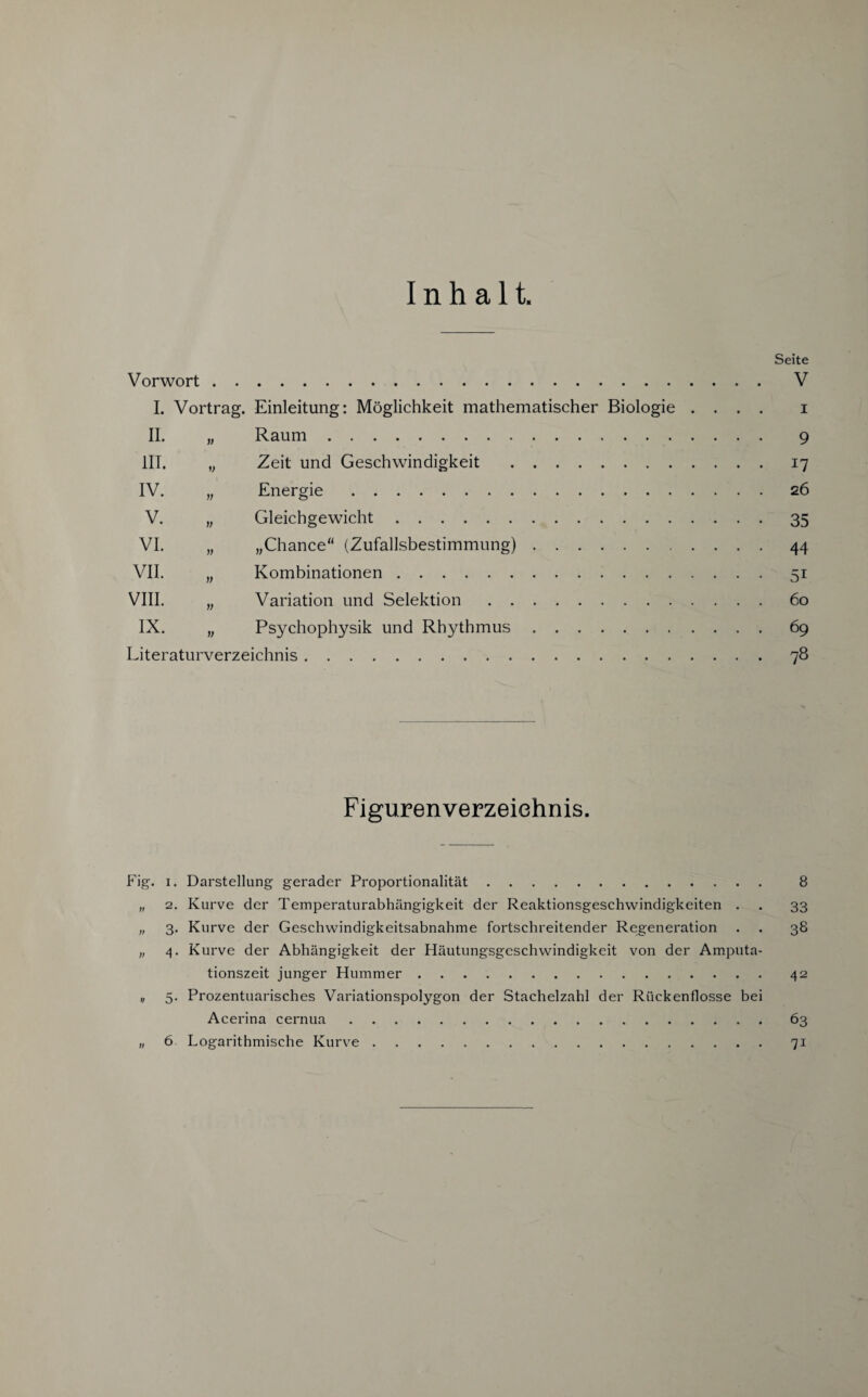 Inhalt. Seite Vorwort. V I. Vortrag. Einleitung: Möglichkeit mathematischer Biologie .... i II. „ Raum. 9 III. „ Zeit und Geschwindigkeit .17 IV. „ Energie.26 V. „ Gleichgewicht.35 VI. „ „Chance“ (Zufallsbestimmung).44 VII. „ Kombinationen.51 VIII. „ Variation und Selektion.60 IX. „ Psychophysik und Rhythmus.69 Literaturverzeichnis.78 Figurenverzeiehnis. Fig. 1. Darstellung gerader Proportionalität. 8 „ 2. Kurve der Temperaturabhängigkeit der Reaktionsgeschwindigkeiten . . 33 „ 3. Kurve der Geschwindigkeitsabnahme fortschreitender Regeneration . . 38 „ 4. Kurve der Abhängigkeit der Häutungsgeschwindigkeit von der Amputa¬ tionszeit junger Hummer.42 „ 5. Prozentuarisches Variationspolygon der Stachelzahl der Rückenflosse bei Acerina cernua.63