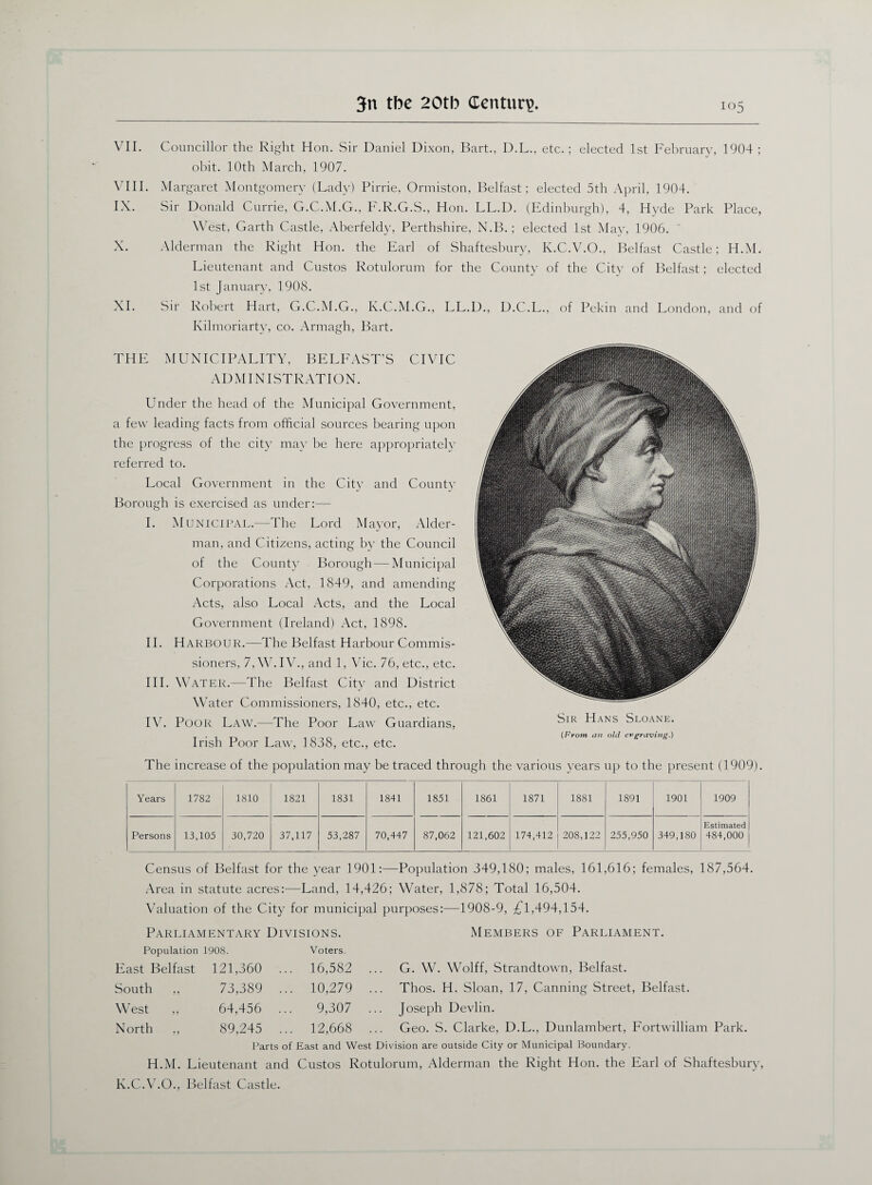 VII. Councillor the Right Hon. Sir Daniel Dixon, Bart., D.L., etc. ; elected 1st February, 1904 ; obit. 10th March, 1907. VIII. Margaret Montgomery (Lady) Pirrie, Ormiston, Belfast; elected 5th April, 1904. IX. Sir Donald Currie, G.C.M.G., F.R.G.S., Hon. LL.D. (Edinburgh), 4, Hyde Park Place, West, Garth Castle, Aberfeldy, Perthshire, N.B.; elected 1st May, 1906. X. Alderman the Right Hon. the Earl of Shaftesbury, K.C.V.O., Belfast Castle; H.M. Lieutenant and Custos Rotulorum for the County of the City of Belfast; elected 1st January, 1908. XI. Sir Robert Hart, G.C.M.G., K.C.M.G., LL.D., D.C.L., of Pekin and London, and of Kilmoriarty, co. Armagh, Bart. THE MUNICIPALITY, BELFAST'S CIVIC ADMINISTRATION. Under the head of the Municipal Government, a few leading facts from official sources bearing upon the progress of the city may be here appropriately referred to. Local Government in the City and County Borough is exercised as under:— I. Municipal.—The Lord Mayor, Aider- man, and Citizens, acting by the Council of the County Borough — Municipal Corporations Act, 1849, and amending Acts, also Local Acts, and the Local Government (Ireland) Act, 1898. II. Harbour.—The Belfast Harbour Commis¬ sioners, 7, W. IV., and 1, Vic. 76, etc., etc. III. Water.—The Belfast City and District Water Commissioners, 1840, etc., etc. IV. Poor Law.—The Poor Law Guardians, Irish Poor Law, 1838, etc., etc. The increase of the population may be traced through the various years up to the present (1909). Sir Hans Sloane. (From an old engraving.) Years 1782 1810 1821 1831 1841 1851 1861 1871 1881 1891 1901 1909 Persons 13,105 30,720 37,117 53,287 70,447 87,062 121,602 174,412 208,122 255,950 349,180 Estimated 484,000 Census of Belfast for the year 1901:—Population 349,180; males, 161,616; females, 187,564. Area in statute acres:—Land, 14,426; Water, 1,878; Total 16,504. Valuation of the City for municipal purposes:—1908-9, £l,494,154. Parliamentary Divisions. Members of Parliament. Population 1908. Voters. East Belfast 121,360 .. ,. 16,582 . G. W. Wolff, Strandtown, Belfast. South ,, 73,389 ., .. 10,279 . Thos. H. Sloan, 17, Canning Street, Belfast. West ,, 64,456 9,307 ., Joseph Devlin. North ,, 89,245 ... 12,668 ... Geo. S. Clarke, D.L., Dunlambert, Fortwilliam Park, Parts of East and West Division are outside City or Municipal Boundary. H.M. Lieutenant and Custos Rotulorum, Alderman the Right Hon. the Earl of Shaftesbury, K.C.V.O., Belfast Castle.