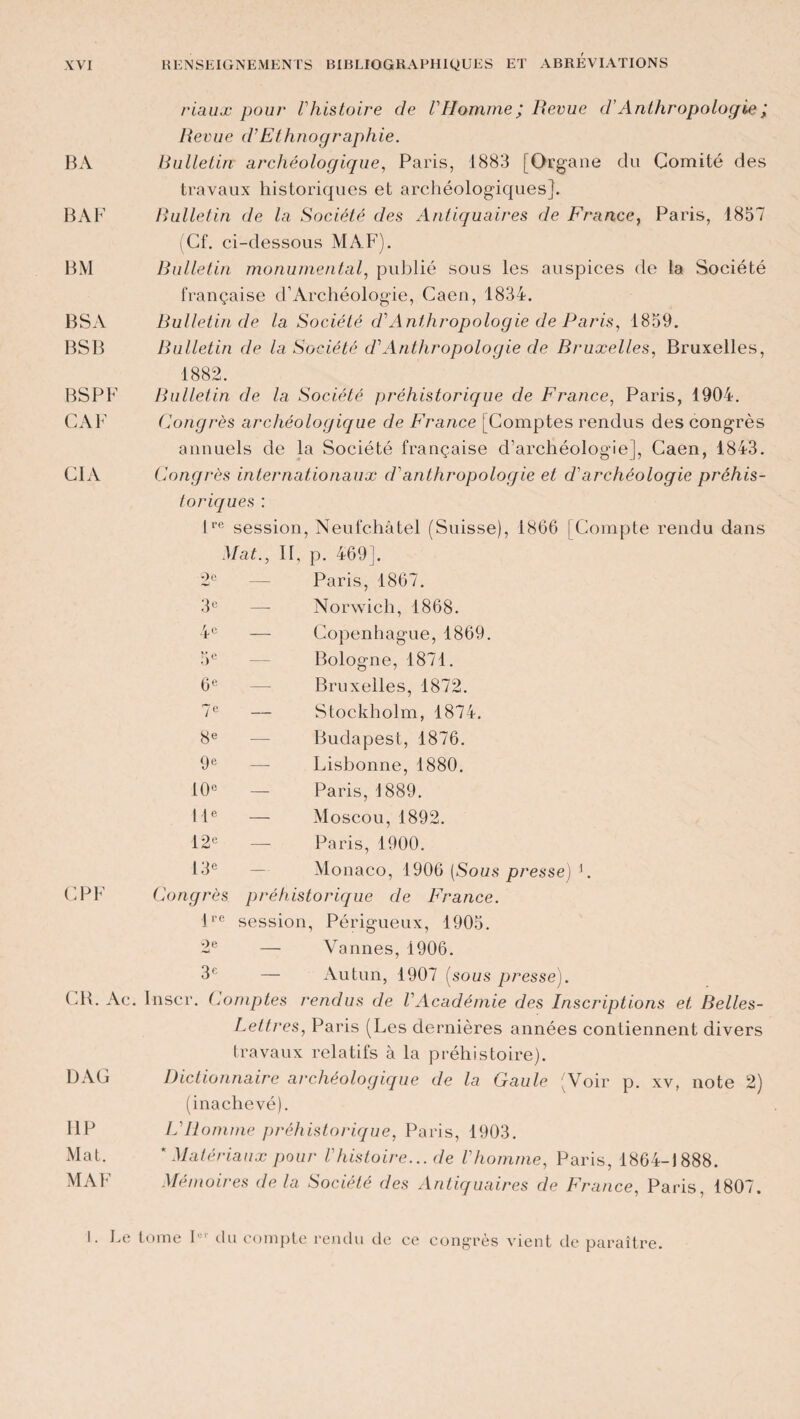 BA B AF BM BSA BS B BS P F CAF CIA riaux pour Vhistoire de VHomme ‘ Revue d’Anthropologie ; Revue d'Ethnographie. Bulletin archéologique, Paris, 1883 [Organe du Comité des travaux historiques et archéologiques]. Bulletin de la Société des Antiquaires de France, Paris, 1857 (Cf. ci-dessous MAF). Bulletin monumental, publié sous les auspices de la Société française d’Archéologie, Caen, 1834. Bulletin de la Société d'Anthropologie de Paris, 1859. Bulletin de la Société d'Anthropologie de Bruxelles, Bruxelles, 1882. Bulletin de la Société préhistorique de France, Paris, 1904. Congrès archéologique de France [Comptes rendus des congrès annuels de la Société française d’archéologie], Caen, 1843. Congrès internationaux d'anthropologie et d'archéologie préhis¬ toriques : lre session, Neufchâtel (Suisse), 1866 [Compte rendu dans Mat., II, p. 469]. 9 e Paris, 1867. 3e - Norwich, 1868. 4c _ Copenhague,1869. 5 e Bologne, 1871. 6e Bruxelles, 1872. 7e Stockholm, 1874. 8e — Budapest, 1876. 9e _ Lisbonne, 1880. 10e — Paris, 1889. Ile _ Moscou, 1892. 12e — Paris, 1900. 13e Monaco, 1906 (Sous presse) L CPF Congrès préhistorique de France. lre session, Périgueux, 1905. 2e — Vannes, 1906. 3e — Autun, 1907 (sous presse). CH. Ac. Inscr. (comptes rendus de VAcadémie des Inscriptions et Belles- Lettres, Paris (Les dernières années contiennent divers travaux relatifs à la préhistoire). Dictionnaire archéologique de la Gaule Voir p. xv, note 2) (inachevé). L'Homme préhistorique, Paris, 1903. * Matériaux pour l'histoire... de l'homme, Paris, 1864-1888. Mémoires de la Société des Antiquaires de France, Paris, 1807. DAG IIP Mat. MAF I. Le tome Ie'’ du compte rendu de ce congrès vient de paraître.