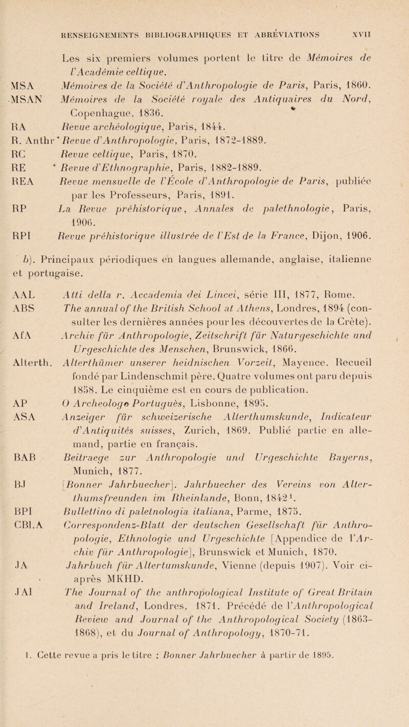 Les six premiers volumes portent le titre de Mémoires de VAcadémie celtique. MSA Mémoires de la Société d'Anthropologie de Paris, Paris, 1860. ■ MSÂN Mémoires de la Société royale des Antiquaires du Nord, Copenhague, 1836. * RA Revue archéologique, Paris, 1844. R. Anthr * Revue cl Anthropologie, Paris, 1872-1889. RC Revue celtique, Paris, 1870. RE * Revue d1 Ethnographie, Paris, 1882-1889. REA Revue mensuelle de VEcole cV Anthropologie de Paris, publiée par les Professeurs, Paris, 1891. RP La Revue préhistorique, Annales de palethnologie, Paris, 1906. RPI Revue préhistorique illustrée de l'Est de la France, Dijon, 1906. h). Principaux périodiques en langues allemande, anglaise, italienne et portugaise. AAL ABS AfA Alterth. AP ASA BAR B.l BPI CB1.A JA JAI Atti délia r. Accademia dei Lincei, série III, 1877, Rome. The annual of the Rritish School at Athens, Londres, 1894 (con¬ sulter les dernières années pour les découvertes de la Crète). Archiv für Anthropologie, Zeitschrift für Naturgeschichte uncl Urgeschichte des Menschen, Brunswick, 1866. Alterthümer unserer heidnischen Vorzeit, Mayence. Recueil fondé par Lindenschmit père. Quatre volumes ont paru depuis 1858. Le cinquième est en cours de publication. O Archeologo Portuguès, Lisbonne, 1895. Anzeiger für schweizerische Alterthumskunde, Indicateur d'Antiquités suisses, Zurich, 1869. Publié partie en alle¬ mand, partie en français. Reitraege zur Anthropologie und Urgeschichte Bayerns, Munich, 1877. Bonner Jahrbuecher]. Jahrhuecher des Vereins von Alter- thumsfreunden im Rheinlande, Bonn, 1842 L Bulletfino di paletnologia italiana, Parme, 1875. Corresqjondenz-Blatt der deutschen Gesellschaft für Anthro¬ pologie■, Ethnologie und Urgeschichte [Appendice de Y Ar¬ chiv für Anthropologie], Brunswick et Munich, 1870. Jahrbuch für Allertumskunde, Vienne (depuis 1907). Voir ci- après MKHD. The Journal of the anthr opological Institute of Great Britain and Ireland, Londres, 1871. Précédé de Y Anthr opological Review and Journal of the Anthropological Society ( 1863— 1868), et du Journal of Anthropology, 1870-71. 1. Cette revue a pris le titre : Bonner Jahrbuecher à partir de 1895.