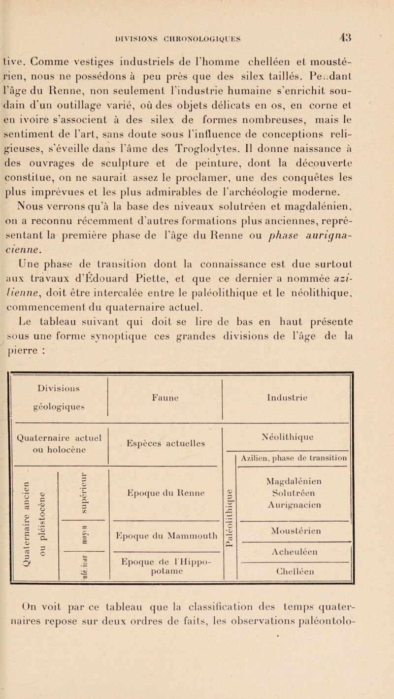 tive. Gomme vestiges industriels de l'homme chelléen et mousté- rien, nous ne possédons à peu près que des silex taillés. Pendant l’âge du Renne, non seulement l’industrie humaine s’enrichit sou¬ dain d’un outillage varié, où des objets délicats en os, en corne el en ivoire s’associent à des silex de formes nombreuses, mais le sentiment de l’art, sans doute sous l’influence de conceptions reli¬ gieuses, s’éveille dans l’âme des Troglodytes. Il donne naissance à des ouvrages de sculpture et de peinture, dont la découverte constitue, on ne saurait assez le proclamer, une des conquêtes les plus imprévues et les plus admirables de l’archéologie moderne. Nous verrons qu’à la base des niveaux solutréen et magdalénien, on a reconnu récemment d’autres formations plus anciennes, repré¬ sentant la première phase de l’âge du Renne ou phase aurigna- cienne. Une phase de transition dont la connaissance est due surtout r 9 aux travaux d’Edouard Piette, et que ce dernier a nommée azi- lienne, doit être intercalée entre le paléolithique et le néolithique, commencement du quaternaire actuel. Le tableau suivant qui doit se lire de bas en haut présente sous une forme synoptique ces grandes divisions de l’âge de la pierre : Divisions géologiques Faune Industrie Quaternaire actuel rkn linlnppnp Espèces actuelles Néolithique Azilien, phase de transition *e ancien tocène supérieur Epoque du Renne 0) c & Ch —> Magdalénien Solutréen Aurignacien .3 <Z3 G p—« Cl o Epoque du Mammouth o ~0j CO Moustérien o i § 5 CL Acheuléen -- Epoque de l'Hippo¬ potame *05 Chelléen On voit par ce tableau que la classification des temps quater¬ naires repose sur deux ordres de faits, les observations paléontolo-