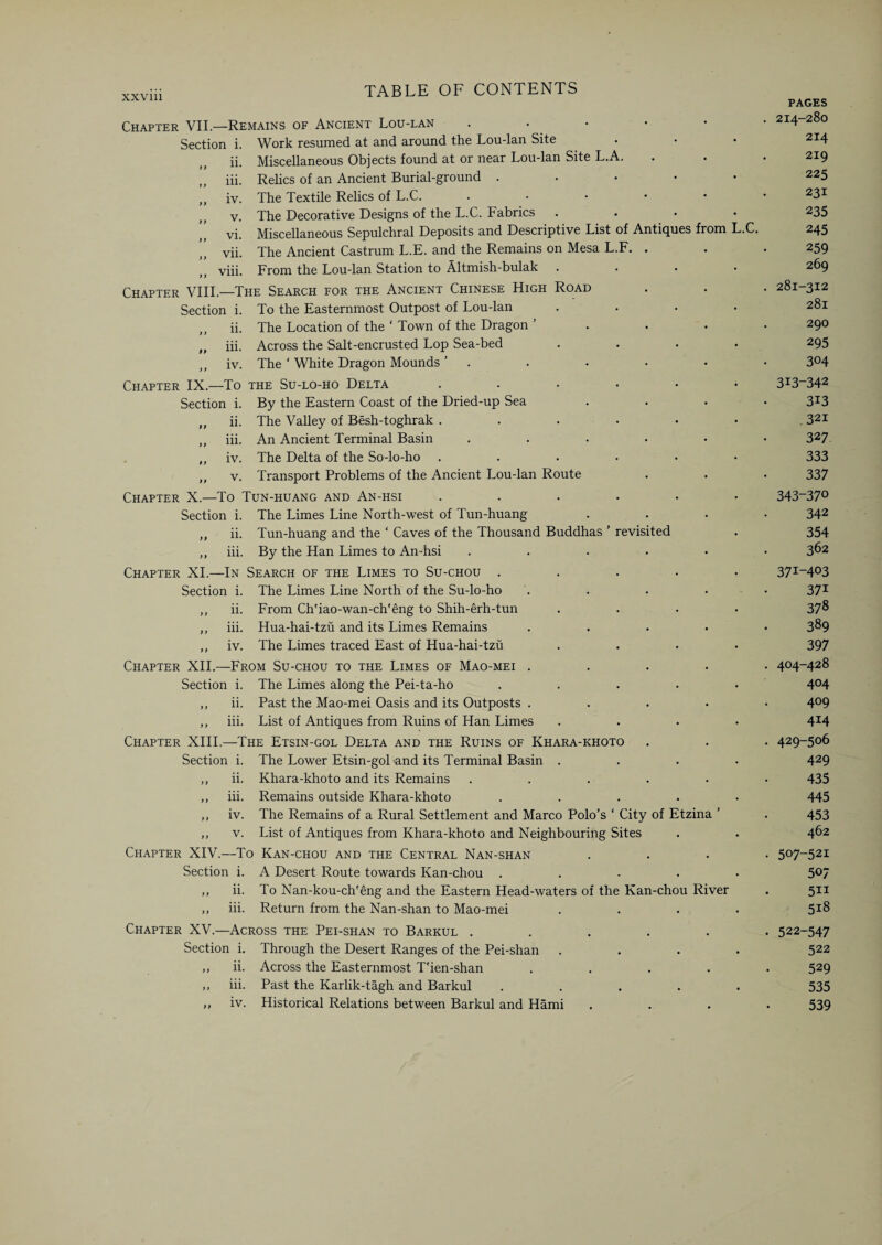 Chapter VII.—Remains of Ancient Lou-lan Section i. Work resumed at and around the Lou-lan Site ii. Miscellaneous Objects found at or near Lou-lan Site L.A. iii. Relics of an Ancient Burial-ground . ,, iv. The Textile Relics of L.C. .... v. The Decorative Designs of the L.C. Fabrics ,, vi. Miscellaneous Sepulchral Deposits and Descriptive List of Antiques fr ” vii. The Ancient Castrum L.E. and the Remains on Mesa L.F. . ,, viii. From the Lou-lan Station to Altmish-bulak Chapter VIII.—The Search for the Ancient Chinese High Road Section i. To the Easternmost Outpost of Lou-lan ii. The Location of the ' Town of the Dragon ’ „ iii. Across the Salt-encrusted Lop Sea-bed „ iv. The ‘ White Dragon Mounds ’ om L.C. PAGES 214-280 214 219 225 231 235 245 259 269 281-312 281 290 295 304 Chapter IX.—To the Su-lo-ho Delta ...... 3*3-342 Section i. By the Eastern Coast of the Dried-up Sea .... 313 ,, ii. The Valley of Besh-toghrak . . . . . • .321 ,, iii. An Ancient Terminal Basin ...... 327 „ iv. The Delta of the So-lo-ho ...... 333 ,, v. Transport Problems of the Ancient Lou-lan Route . . • 337 Chapter X.—To Tun-huang and An-hsi ...... 343~37° Section i. The Limes Line North-west of Tun-huang .... 342 ,, ii. Tun-huang and the ‘ Caves of the Thousand Buddhas ’ revisited . 354 ,, iii. By the Han Limes to An-hsi ...... 362 Chapter XI.—In Search of the Limes to Su-chou ..... 371-403 Section i. The Limes Line North of the Su-lo-ho ..... 371 ,, ii. From Ch'iao-wan-ch'eng to Shih-erh-tun .... 37® ,, iii. Hua-hai-tzu and its Limes Remains ..... 3®9 ,, iv. The Limes traced East of Hua-hai-tzu .... 397 Chapter XII.—From Su-chou to the Limes of Mao-mei ..... 404-428 Section i. The Limes along the Pei-ta-ho ..... 4°4 ,, ii. Past the Mao-mei Oasis and its Outposts ..... 4°9 ,, iii. List of Antiques from Ruins of Han Limes .... 4I4 Chapter XIII.—The Etsin-gol Delta and the Ruins of Khara-khoto . . . 429-506 Section i. The Lower Etsin-gol and its Terminal Basin .... 429 ,, ii. Khara-khoto and its Remains ...... 435 ,, iii. Remains outside Khara-khoto ..... 445 ,, iv. The Remains of a Rural Settlement and Marco Polo’s ‘ City of Etzina ’ . 453 ,, v. List of Antiques from Khara-khoto and Neighbouring Sites . . 462 Chapter XIV.—To Kan-chou and the Central Nan-shan .... 507-521 Section i. A Desert Route towards Kan-chou ..... 5°7 ,, ii. To Nan-kou-ch'eng and the Eastern Head-waters of the Kan-chou River . 511 ,, iii. Return from the Nan-shan to Mao-mei .... 51® Chapter XV.—Across the Pei-shan to Barkul ...... 522-547 Section i. Through the Desert Ranges of the Pei-shan .... 522 „ ii. Across the Easternmost T'ien-shan ..... 529 ,, iii. Past the Karlik-tagh and Barkul ..... 535 ,, iv. Historical Relations between Barkul and Hami .... 539