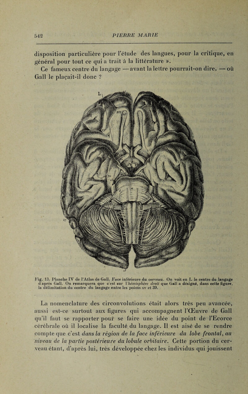 disposition particulière pour l’étude des langues, pour la critique, en général pour tout ce qui a trait à la littérature ». Ce fameux centre du langage —avant la lettre pourrait-on dire, — où Gall le plaçait-il donc ? Fig. 13. Planche IV de l’Atlas de Gall. Face inférieure du cerveau. On voit en L le centre du langage d après Gall. On remarquera que c'est sur Y hémisphère droit que Gall a désigné, dans cette figure, la délimitation du centre du langage entre les points xv et 39. La nomenclature des circonvolutions était alors très peu avancée, aussi est-ce surtout aux figures qui accompagnent l’Œuvre de Gall qu’il faut se rapporter pour se faire une idée du point de l’Ecorce cérébrale où il localise la faculté du langage. Il est aisé de se rendre compte que c’est dans la région de la face inférieure du lobe frontal, au niveau de la partie postérieure du lobule orbitaire. Cette portion du cer¬ veau étant, d’après lui, très développée chez les individus qui jouissent