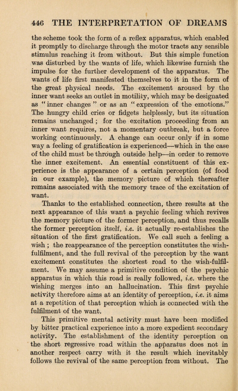the scheme took the form of a reflex apparatus, which enabled it promptly to discharge through the motor tracts any sensible stimulus reaching it from without. But this simple function was disturbed by the wants of life, which likewise furnish the impulse for the further development of the apparatus. The wants of life first manifested themselves to it in the form of the great physical needs. The excitement aroused by the inner want seeks an outlet in motility, which may be designated as “ inner changes ” or as an “ expression of the emotions.” The hungry child cries or fidgets helplessly, but its situation remains unchanged ; for the excitation proceeding from an inner want requires, not a momentary outbreak, but a force working continuously. A change can occur only if in some way a feeling of gratification is experienced—which in the case of the child must be through outside help—in order to remove the inner excitement. An essential constituent of this ex¬ perience is the appearance of a certain perception (of food in our example), the memory picture of which thereafter remains associated with the memory trace of the excitation of want. Thanks to the established connection, there results at the next appearance of this want a psychic feeling which revives the memory picture of the former perception, and thus recalls the former perception itself, i.e. it actually re-establishes the situation of the first gratification. We call such a feeling a wish ; the reappearance of the perception constitutes the wish- fulfilment, and the full revival of the perception by the want excitement constitutes the shortest road to the wish-fulfil¬ ment. We may assume a primitive condition of the psychic apparatus in which this road is really followed, i.e. where the wishing merges into an hallucination. This first psychic activity therefore aims at an identity of perception, i.e. it aims at a repetition of that perception which is connected with the fulfilment of the want. This primitive mental activity must have been modified by bitter practical experience into a more expedient secondary activity. The establishment of the identity perception on the short regressive road within the apparatus does not in another respect carry with it the result which inevitably follows the revival of the same perception from without. The