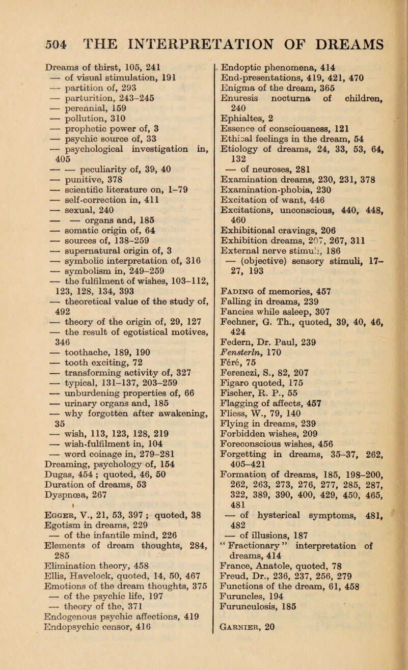 Dreams of thirst, 105, 241 — of visual stimulation, 191 — partition of, 293 — parturition, 243-245 — perennial, 159 — pollution, 310 — prophetic power of, 3 — psychic source of, 33 — psychological investigation in, 405 -peculiarity of, 39, 40 — punitive, 378 — scientific literature on, 1-79 — self-correction in, 411 — sexual, 240 — — organs and, 185 — somatic origin of, 64 — sources of, 138-259 -— supernatural origin of, 3 — symbolic interpretation of, 316 — symbolism in, 249-259 — the fulfilment of wishes, 103-112, 123, 128, 134, 393 — theoretical value of the study of, 492 — theory of the origin of, 29, 127 — the result of egotistical motives, 346 — toothache, 189, 190 — tooth exciting, 72 — transforming activity of, 327 — typical, 131-137, 203-259 — unburdening properties of, 66 — urinary organs and, 185 — why forgotten after awakening, 35 — wish, 113, 123, 128, 219 — wish-fulfilment in, 104 — word coinage in, 279-281 Dreaming, psychology of, 154 Dugas, 454 ; quoted, 46, 50 Duration of dreams, 53 Dyspnoea, 267 i Egger, V., 21, 53, 397 ; quoted, 38 Egotism in dreams, 229 — of the infantile mind, 226 Elements of dream thoughts, 284, 285 Elimination theory, 458 Ellis, Havelock, quoted, 14, 50, 467 Emotions of the dream thoughts, 375 — of the psychic life, 197 — theory of the, 371 Endogenous psychic affections, 419 Endopsychic censor, 416 Endoptic phenomena, 414 End-presentations, 419, 421, 470 Enigma of the dream, 365 Enuresis noctuma of children, 240 Ephialtes, 2 Essence of consciousness, 121 Ethical feelings in the dream, 54 Etiology of dreams, 24, 33, 53, 64, 132 — of neuroses, 281 Examination dreams, 230, 231, 378 Examination-phobia, 230 Excitation of want, 446 Excitations, unconscious, 440, 448, 460 Exhibitional cravings, 206 Exhibition dreams, 207, 267, 311 External nerve stimuli, 186 — (objective) sensory stimuli, 17- 27, 193 Fading of memories, 457 Falling in dreams, 239 Fancies while asleep, 307 Fechner, G. Th., quoted, 39, 40, 46, 424 Federn, Dr. Paul, 239 Fensterln, 170 Fere, 75 Ferenczi, S., 82, 207 Figaro quoted, 175 Fischer, R. P., 55 Flagging of affects, 457 Fliess, W., 79, 140 Flying in dreams, 239 Forbidden wishes, 209 Foreconscious wishes, 456 Forgetting in dreams, 35-37, 262, 405-421 Formation of dreams, 185, 198-200, 262, 263, 273, 276, 277, 285, 287, 322, 389, 390, 400, 429, 450, 465, 481 — of hysterical symptoms, 481, 482 — of illusions, 187 “Fractionary” interpretation of dreams, 414 France, Anatole, quoted, 78 Freud, Dr., 236, 237, 256, 279 Functions of the dream, 61, 458 Furuncles, 194 Furunculosis, 185 Garnier, 20