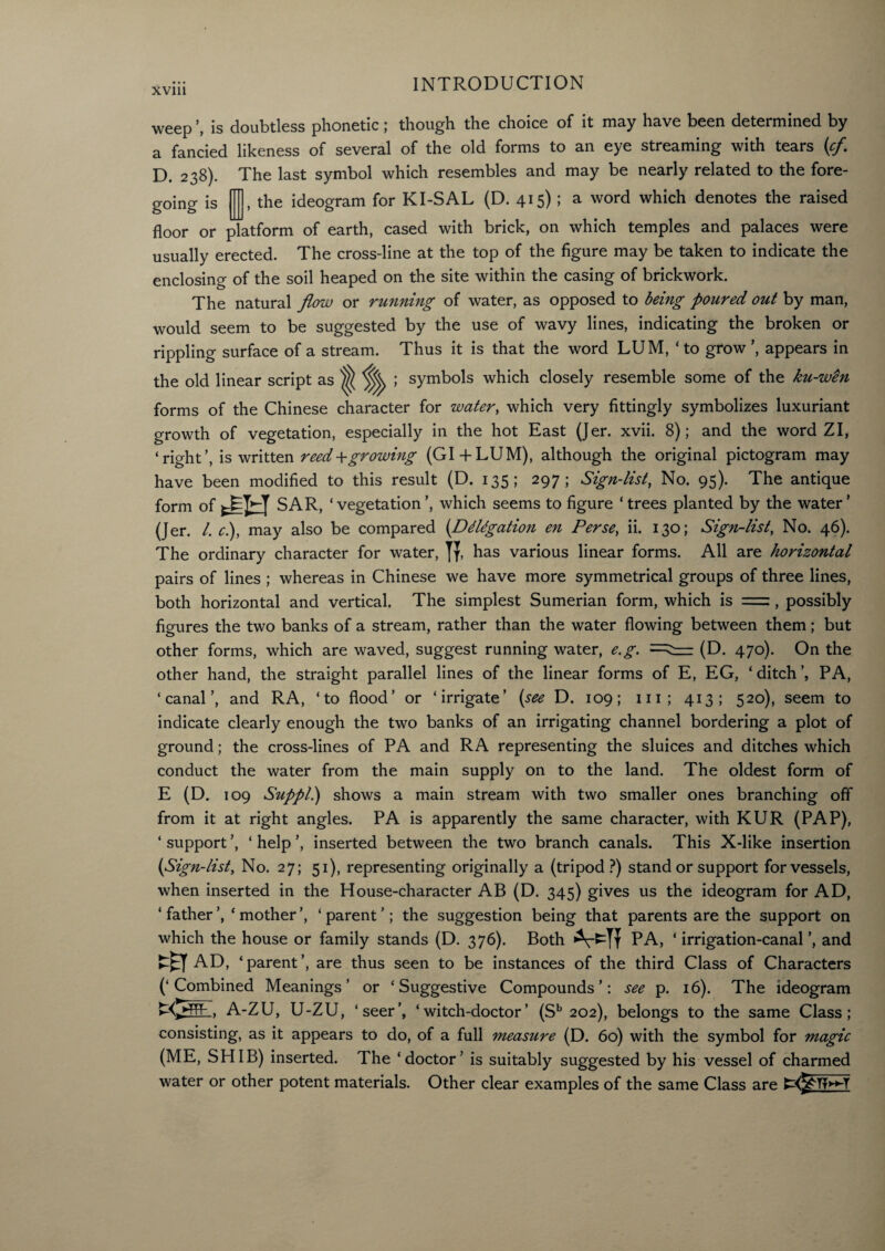 weep is doubtless phonetic; though the choice of it may have been determined by a fancied likeness of several of the old forms to an eye streaming with tears (cf. D. 238). The last symbol which resembles and may be nearly related to the fore¬ going is ! the ideogram for KI-SAL (D. 415); a word which denotes the raised floor or platform of earth, cased with brick, on which temples and palaces were usually erected. The cross-line at the top of the figure may be taken to indicate the enclosing of the soil heaped on the site within the casing of brickwork. The natural flow or running of water, as opposed to being poured out by man, would seem to be suggested by the use of wavy lines, indicating the broken or rippling surface of a stream. Thus it is that the word LUM, ‘to grow ’, appears in the old linear script as ^ m ; symbols which closely resemble some of the ku-w$n forms of the Chinese character for water, which very fittingly symbolizes luxuriant growth of vegetation, especially in the hot East (Jer. xvii. 8); and the word ZI, ‘right’, is written reed +growing (GI + LUM), although the original pictogram may have been modified to this result (D. 135; 297; Sign-list, No. 95). The antique form of SAR, ‘vegetation’, which seems to figure ‘trees planted by the water’ (Jer. /. c.), may also be compared (DdUgation en Perse, ii. 130; Sign-list, No. 46). The ordinary character for water, has various linear forms. All are horizontal pairs of lines ; whereas in Chinese we have more symmetrical groups of three lines, both horizontal and vertical. The simplest Sumerian form, which is = , possibly figures the two banks of a stream, rather than the water flowing between them; but other forms, which are waved, suggest running water, e.g. (D. 470). On the other hand, the straight parallel lines of the linear forms of E, EG, ‘ ditch PA, ‘canal’, and RA, ‘to flood’ or ‘irrigate’ (see D. 109; 111; 413; 520), seem to indicate clearly enough the two banks of an irrigating channel bordering a plot of ground; the cross-lines of PA and R A representing the sluices and ditches which conduct the water from the main supply on to the land. The oldest form of E (D. 109 Suppl.) shows a main stream with two smaller ones branching off from it at right angles. PA is apparently the same character, with KUR (PAP), ‘ support ’, ‘ help ’, inserted between the two branch canals. This X-like insertion (Sign-list, No. 27; 51), representing originally a (tripod ?) stand or support for vessels, when inserted in the House-character AB (D. 345) gives us the ideogram for AD, ‘ father ’, ‘ mother ’, ‘ parent ’; the suggestion being that parents are the support on which the house or family stands (D. 376). Both PA, ‘ irrigation-canal ’, and AD, ‘parent’, are thus seen to be instances of the third Class of Characters (‘Combined Meanings’ or ‘ Suggestive Compounds’: see p. 16). The ideogram Eyfff. A-ZU, u-zu, ‘ seer ‘ witch-doctor ’ (Sb 202), belongs to the same Class; consisting, as it appears to do, of a full measure (D. 60) with the symbol for magic (ME, SHIB) inserted. The ‘doctor’ is suitably suggested by his vessel of charmed water or other potent materials. Other clear examples of the same Class are