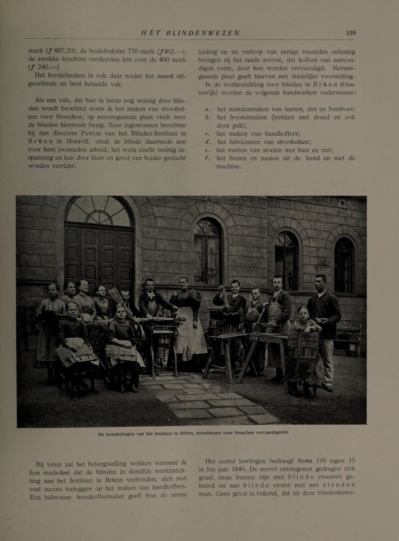 mark (ƒ487,20); de boekdrukster 770 mark (ƒ462.—); de zwakke krachten verdienden iets over de 400 mark (ƒ 240.-) Het borstelmaken is ook daar weder het meest uit¬ geoefende en best betaalde vak. Als een vak, dat hier te lande nog weinig door blin¬ den wordt beoefend noem ik het maken van stroohul- zen voor flesschen; op nevensgaande plaat vindt men de blinden hiermede bezig. Naar ingewonnen berichten bij den directeur Pawlik van het Blinden-Instituut te Briinn in Moravië, vindt de blinde daarmede een voor hem loonenden arbeid; het werk eischt weinig in¬ spanning en kan door klein en groot van beider geslacht worden verricht. leiding en na verloop van eenige maanden oefening brengen zij het reeds zoover, dat koffers van eenvou- digen vorm, door hen worden vervaardigd. Nevens¬ gaande plaat geeft hiervan een duidelijke voorstelling. In de werkinrichting voor blinden te B r ü n n (Oos¬ tenrijk) worden de volgende handwerken onderwezen: a. het mandenmaken van teenen, riet en bamboes; b. het borstelmaken (trekken met draad en ook door pek); c. het maken van handkoffers; cl. het fabriceeren van stroohulzen; e. het matten van stoelen met bies en riet; f. het breien en naaien uit de hand en met de machine. De kweekelingen van het Instituut te Brünn, stroohulzen voor flesschen vervaardigende. Bij velen zal het belangstelling wekken wanneer ik hun mededeel dat de blinden in dezelfde werkinrich¬ ting aan het Instituut te Brünn verbonden, zich met veel succes toeleggen op het maken van handkoffers. Een bekwaam handkoffermaker geeft hun de eerste Het aantal leerlingen bedraagt thans 116 tegen 15 in het jaar 1846. De eervol ontslagenen gedragen zich goed; twee hunner zijn met blinde vrouwen ge¬ huwd en een blinde vrouw met een zienden man. Geen geval is bekend, dat uit deze blindenhuwe-