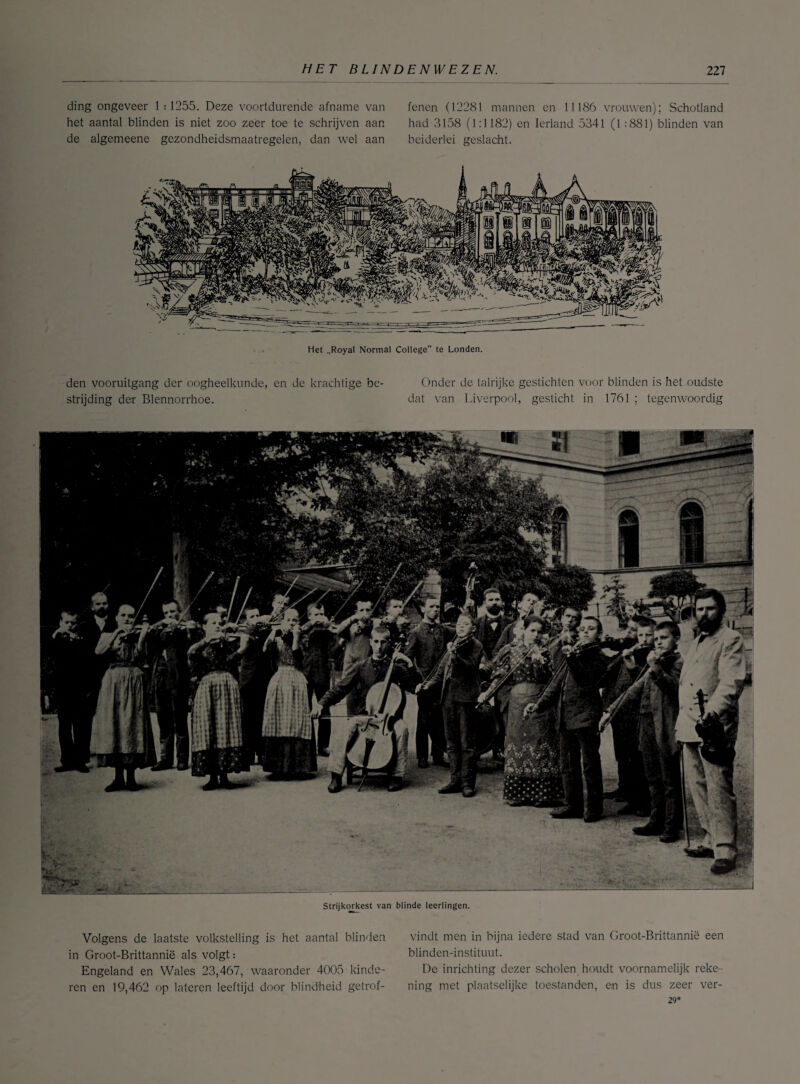 ding ongeveer 1 :1255. Deze voortdurende afname van het aantal blinden is niet zoo zeer toe te schrijven aan de algemeene gezondheidsmaatregelen, dan wel aan fenen (12281 mannen en 11186 vrouwen); Schotland had 3158 (1:1182) en Ierland 5341 (1:881) blinden van beiderlei geslacht. Het „Royal Normal College” te Londen. den vooruitgang der oogheelkunde, en de krachtige be- Onder de talrijke gestichten voor blinden is het oudste strijding der Blennorrhoe. dat van Li verpoot, gesticht in 1761 ; tegenwoordig Volgens de laatste volkstelling is het aantal blinden in Groot-Brittannië als volgt: Engeland en Wales 23,467, waaronder 4005 kinde ¬ ren en 19,462 op lateren leeftijd door blindheid getrof- vindt men in bijna iedere stad van Groot-Brittannië een blinden-instituut. De inrichting dezer scholen houdt voornamelijk reke¬ ning met plaatselijke toestanden, en is dus zeer ver- 29*