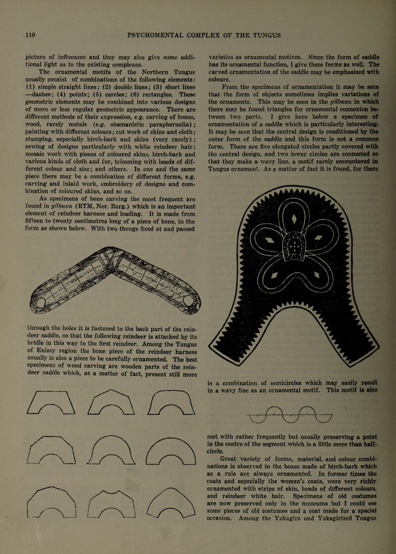 picture of influences and they may also give some addi¬ tional light as to the existing complexes. The ornamental motifs of the Northern Tungus usually consist of combinations of the following elements: (1) simple straight lines; (2) double lines; (3) short lines —dashes; (4) points; (5) cercles; (6) rectangles. These geometric elements may be combined into various designs of more or less regular geometric appearance. There are different methods of their expression, e.g. carving of bones, wood, rarely metals (e.g. shamanistic paraphernalia) ; painting with different colours; cut work of skins and cloth; stamping, especially birch-bark and skins (very rarely) ; sewing of designs particularly with white reindeer hair; mosaic work with pieces of coloured skins, birch-bark and various kinds of cloth and fur, trimming with beads of dif¬ ferent colour and size; and others. In one and the same piece there may be a combination of different forms, e.g. carving and inlaid work, embroidery of designs and com¬ bination of coloured skins, and so on. As specimens of bone carving the most frequent are found in gilbaun (RTM, Ner. Barg.) which is an important element of reindeer harness and loading. It is made from fifteen to twenty centimetres long of a piece of bone, in the form as shown below. With two thongs fixed at and passed through the holes it is fastened to the back part of the rein¬ deer saddle, so that the following reindeer is attached by its bridle in this way to the first reindeer. Among the Tungus of Enissy region the bone piece of the reindeer harness usually is also a piece to be carefully ornamented. The best specimens of wood carving are wooden parts of the rein¬ deer saddle which, as a matter of fact, present still more varieties as ornamental motives. Since the form of saddle has its ornamental function, I give these forms as well. The carved ornamentation of the saddle may be emphasized with colours. From the specimens of ornamentation it may be seen that the form of objects sometimes implies variations of the ornaments. This may be seen in the gilbaun in which there may be found triangles for ornamental connexion be¬ tween two parts. I give here below a specimen of ornamentation of a saddle which is particularly interesting. It may be seen that the central design is conditioned by the outer form of the saddle and this form is not a common form. There are five elongated circles partly covered with the central design, and two lower circles are connected so that they make a wavy line, a motif rarely encountered in Tungus ornament. As a matter of fact it is found, for there is a combination of semicircles which may easily result in a wavy line as an ornamental motif. This motif is also met with rather frequently but usually preserving a point in the centre of the segment which is a little more than half¬ circle. Great variety of forms, material, and colour combi¬ nations is observed in the boxes made of birch-bark which as a rule are always ornamented. In former times the coats and especially the women’s coats, were very richly ornamented with strips of skin, beads of different colours, and reindeer white hair. Specimens of old costumes are now preserved only in the museums but I could see some pieces of old costumes and a coat made for a special occasion. Among the Yukagirs and Yukagirized Tungus