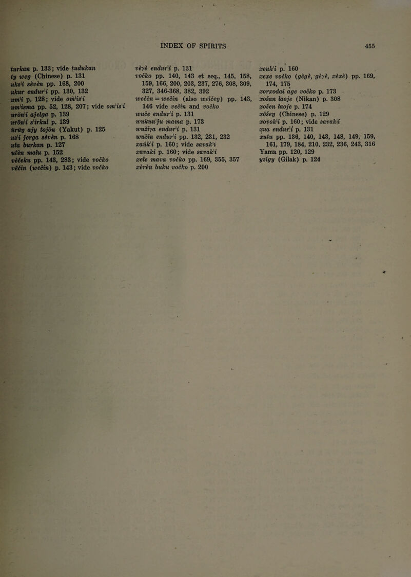 turkan p. 133; vide tudukan ty wey (Chinese) p. 131 uks'i s&ven pp. 168, 200 ukur endur'i pp. 130, 132 um'i p. 128; vide om'is'i um'isma pp. 52, 128, 207; vide om'is'i urdn'i ajelga p. 139 urdn'i s'irkul p. 139 iiriiy ajy tojon (Yakut) p. 125 us'i jerga seven p. 168 uta burkan p. 127 uten main p. 152 veceku pp. 143, 283; vide vocko vecin (wecin) p. 143; vide vocko veye endur\i p. 131 vocko pp. 140, 143 et seq., 145, 158, 159, 166, 200, 203, 237, 276, 308, 309, 327, 346-368, 382, 392 wecen = wecin (also weicey) pp. 143, 146 vide vecin and vocko wuce endur'i p. 131 wukun'ju mama p. 173 wuziya endur'i p. 131 wuzin endur'i pp. 132, 231, 232 xauk'i p. 160; vide savak'i xavaki p. 160; vide savak'i xele mava vocko pp. 169, 355, 357 xeren buku vocko p. 200 xeuk'i p. 160 xexe vocko (gege, geye, xdxe) pp. 169, 174, 175 xorxodm age vocko p. 173 xosan laoje (Nikan) p. 308 xosen laoje p. 174 xosey (Chinese) p. 129 xovok'i p. 160; vide savakli xua endur'i p. 131 xutu pp. 136, 140, 143, 148, 149, 159, 161, 179, 184, 210, 232, 236, 243, 316 Yama pp. 120, 129 yzigy (Gilak) p. 124