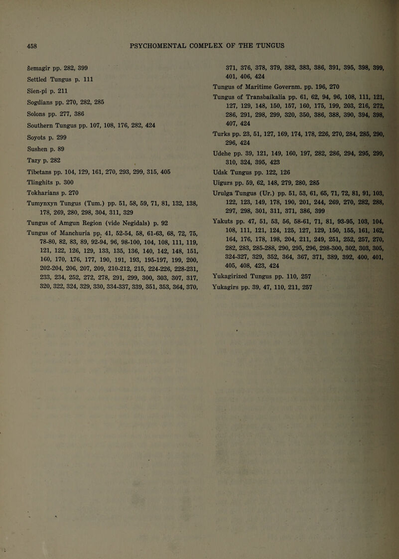 Semagir pp. 282, 399 Settled Tungus p. Ill Sien-pi p. 211 Sogdians pp. 270, 282, 285 Solons pp. 277, 386 Southern Tungus pp. 107, 108, 176, 282, 424 Soyots p. 299 Sushen p. 89 Tazy p. 282 Tibetans pp. 104, 129, 161, 270, 293, 299, 315, 405 Tlinghits p. 300 Tokharians p. 270 Tumynxyn Tungus (Turn.) pp. 51, 58, 59, 71, 81, 132, 138, 178, 269, 280, 298, 304, 311, 329 Tungus of Amgun Region (vide Negidals) p. 92 Tungus of Manchuria pp. 41, 52-54, 58, 61-63, 68, 72, 75, 78-80, 82, 83, 89, 92-94, 96, 98-100, 104, 108, 111, 119, 121, 122, 126, 129, 133, 135, 136, 140, 142, 148, 151, 160, 170, 176, 177, 190, 191, 193, 195-197, 199, 200, 202-204, 206, 207, 209, 210-212, 215, 224-226, 228-231, 233, 234, 252, 272, 278, 291, 299, 300, 303, 307, 317, 320, 322, 324, 329, 330, 334-337, 339, 351, 353, 364, 370, 371, 376, 378, 379, 382, 383, 386, 391, 395, 398, 399, 401, 406, 424 Tungus of Maritime Governm. pp. 196, 270 Tungus of Transbaikalia pp. 61, 62, 94, 96, 108, 111, 121, 127, 129, 148, 150, 157, 160, 175, 199, 203, 216, 272, 286, 291, 298, 299, 320, 350, 386, 388, 390, 394, 398, 407, 424 Turks pp. 23, 51, 127, 169, 174, 178, 226, 270, 284, 285, 290, 296, 424 Udehe pp. 39, 121, 149, 160, 197, 282, 286, 294, 295, 299, 310, 324, 395, 423 Udsk Tungus pp. 122, 126 Uigurs pp. 59, 62, 148, 279, 280, 285 Urulga Tungus (Ur.) pp. 51, 53, 61, 65, 71, 72, 81, 91, 103, 122, 123, 149, 178, 190, 201, 244, 269, 270, 282, 288, 297, 298, 301, 311, 371, 386, 399 Yakuts pp. 47, 51, 53, 56, 58-61, 71, 81, 93-95, 103, 104, 108, 111, 121, 124, 125, 127, 129, 150, 155, 161, 162, 164, 176, 178, 198, 204, 211, 249, 251, 252, 257, 270, 282, 283, 285-288, 290, 295, 296, 298-300, 302, 303, 305, 324-327, 329, 352, 364, 367, 371, 389, 392, 400, 401, 405, 408, 423, 424 Yukagirized Tungus pp. 110, 257 Yukagirs pp. 39, 47, 110, 211, 257