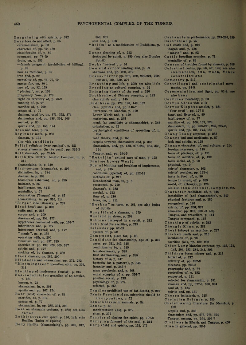 Bargaining with spirits, p. 312 Bear bees do not affect, p. 85 ceremonialism, p. 80 character of, pp. 79, 180 classification of, p. 80 compared, pp. 78-70 drum, on, p. 289 —female pregnant (prohibition of killing), p. 89 hair as medicine, p. 96 iron and, p. 90 mentality of, pp. 76, 77, 79 names for, pp. 80-1 paw of, pp. 92, 179 “ placing ”, as, p. 193 pregnancy from. p. 179 right on territory of, p. 78-9 running of, p. 77 sacrifice of, p. 200 senses of, p. 77 shaman, used by, pp. 371, 372, 374 shamanism and, pp. 288, 304, 306 soul of, p. 80 spirits and, pp. 153, 174 Bees and bear, p. 85 Beginner mafa, p. 238 shaman, p. 161 also vide candidate Belief religious (war against), p. 121 strong shamans (in the past), pp. 392-3 Belt shaman’s, pp. 294-5 Birch tree Central Asiatic Complex, in, p. 311 shamanizing, in, p. 310 Bird—costume (shaman’s), p. 296 divination, in, p. 184 dreams, in p. 184 head-dress (shaman), on, p. 295 imitator, p. 85 intelligence, pp. 84-5 mentality, p. 77 observation (Tungus) of, p. 85 shamanizing, in, pp. 310, 314 “ B i r g e ” vide Glossary, p. 239 Blood bom'i and, p. 308 coffin and, p. 215 corpse and, p. 209 diseases of, pp. 159, 177 hypotheses connected with, pp. 176-7 inheritance and, p. 177 intercourse (sexual) and, p. 177 “ magic ”, as, p. 159 operation with, p. 200 ritualism and, pp. 337, 339 sacrifice of, pp. 199, 220, 305, 337 spirits and, p. 177 sucking of, by shaman, p. 339 Black shaman, pp. 285, 290 Blindness and shamanism, pp. 372, 282 “Bloomingtree” operation with, pp. 309, 314 Blunting of implements (burial), p. 215 Boa-constrictor guardian of an amulet, p. 181 known, p. 73 shamanism, in, p. 301 spirits and, pp. 167, 174 Boar (wild) character of, p. 84 sacrifice, as, p. 312 senses of, p. 77 shamanism, in, pp. 288, 304, 306 Boat on shaman’s costume, p. 288; see also canoe Bodhisattva clan spirit, p. 146, 147; vide Buddha (Index of Spirits) Body rigidity (shamanizing), pp. 309, 312, 356, 357 soul and, p. 136 “ B o i s m ” as a modification of Buddhism, p. 287 Bones cleaning of, p. 212 destroyed by spirit, p. 159 (see also Buseku Spirit) Books “ sacred ”, p. 54 Bow and arrow hunting and, p. 89 shamans and, pp. 288, 372 Brass -mirror pp. 278, 289, 292-294, 299- 300 312, 324, 339, 377 Breathing and life, p. 208; see also life Breeding as cultural complex, p. 92 Bringing (back) of the soul p. 320 Brotherhood Chinese complex, p. 123 clan spirits and, p. 145 Buddhism pp. 123, 126, 149, 157 clan (spirits) and, pp. 146-7 literature, in Manchu, p. 109 Lower World and, p. 129 mafarism, and, p. 235 monk (as candidate to shamanship), p. 349 orientation, p. 62 psychological conditions of spreading of, p. 284 road theory, and, p. 150 scepsis towards shamanism and, p. 333 shamanism, and, pp. 132, 276-282, 284, 333, 354 Tungus, and, pp. 394-5 “Bukuljin” extinct race of man, p. 178 B u n i see Lower World Burial blunting and breaking of implements, and, p. 215 conditions (special) of, pp. 212-13 methods of, p. 211 Neanderthal man, in, p. 6 postponed, p. 210 shaman’s, p. 382 special, p. 213 time of, p. 210 trees, on, p. 211 “Burkan” as term, p. 161, see also Index of Spirits Busy life of a shaman, p. 379 Bustard on drum, p. 298 Buttons destroyed by a spirit, p. 312 Cake fried for sacrifice, p. 219 Calendar pp. 57-59 system of, p. 59 Campment, place for, p. 88 Candidate for shamanship, age of, p. 349 cases, pp. 311, 347, 348 conditions to be, p. 349 female-shaman, p. 345 first shamanizing, and, p. 325 history of a, p. 347 hysteria (as a pattern), p. 346 insanity and, p. 346-7 mass psychosis, and, p. 368 moral complex of a, pp. 356-7 position social, p. 273 psychology of, p. 274 rejected, p. 356 Candles prohibited use of (at death), p. 210 Canis Procinoides, misprint; should be Procyonides, p. 72 Cannibalism in animals, p. 84 C a n o e p. 88 manifestation (as), p. 372 rites, p. 337 Carrier of placing for spirit, pp. 197-8 Carrying forward of the soul, p. 214 Carp (fish) and spirits, pp. 153, 175 Castanets in performance, pp. 219-220, 299 Castration p. 75 Cat death and, p. 210 ibagan and, p. 136 “ magic ” and, p. 92 Cattle breeding complex, p. 71 mentality of, p. 83 Causes of troubles found by shaman, p. 358 Celestial bodies, pp. 56, 57, 125; see also shamanism, sun, moon, Venus constellations Cemetery p. 212 Centrifugal and centripetal move¬ ments, pp. 14-5 Ceremonialism and tiger, pp. 81-2; see also bear C e r v i n e s mentality, p. 83 Cervus Alces vide elk Cervus Elaphus amulet, p. 181 “ four eyed ”, pp. 177-8 heart and liver of, p. 99 intelligence of, p. 77 sacrifice of, pp. 166, 167, 228 shamanism, in, pp. 288-291, 295, 297-8, spirits and, pp. 165, 174, 180 Chang Tsong emperor, p. 283 Chance bad and accidents, p. 87 luck and spirits, p. 128 Change character, of, and culture, p. 114 foreign pressure, p. 115 form of placings, of, p. 191 foi’m of sacrifice, of, p. 199 form social, of, p. 98 physical, pp. 9, spirits’ character, p. 162 spirits’ complex, pp. 123-4 taste in food, of, p. 80 tempo in music, of, p. 339 world, of, (theory), p. 126 see also ethnical unit, complex, etc. Character candidate, of, p. 346 instability of (and shamanship), p. 349 physical features and, p. 180 recognized, p. 180 spirits, of, pp. 206, 337 shamans’, pp. 373, 383 et seq. Tungus, and travellers, p. 114 Tungus compared, p. 115 Cheating of spirits, p. 243 Chengiz Khan, p. 281 Chest (sheep) as sacrifice, p. 227 Chicken death and, p. 210 incubation of, p. 76 sacrifice (as), pp. 180, 200 Chien Lung Manchu emperor, pp. 123, 124, 145, 204, 283, 284, 341, 393 Children brass mirror and, p. 312 burial of, p. 212 delivery of, pp. 322-3 diseases, pp. 232-3 geography and, p. 67 protection of, p. 182 requested, p. 131 selected for shamanship, p. 351 shaman and. pp, 377-8, 380, 384 soul of, p. 134 spirits and, pp. 131 Chorea imitatoria p. 245 Christian Science, p. 280 Christianity literature (in Manchu), p. 109 scepsis and, p. 333 shamanism and, pp. 276, 278, 324 Tungus, among, pp. 394, 396-7 Civil war in Siberia and Tungus, p. 400 Clan in general, pp. 98-9