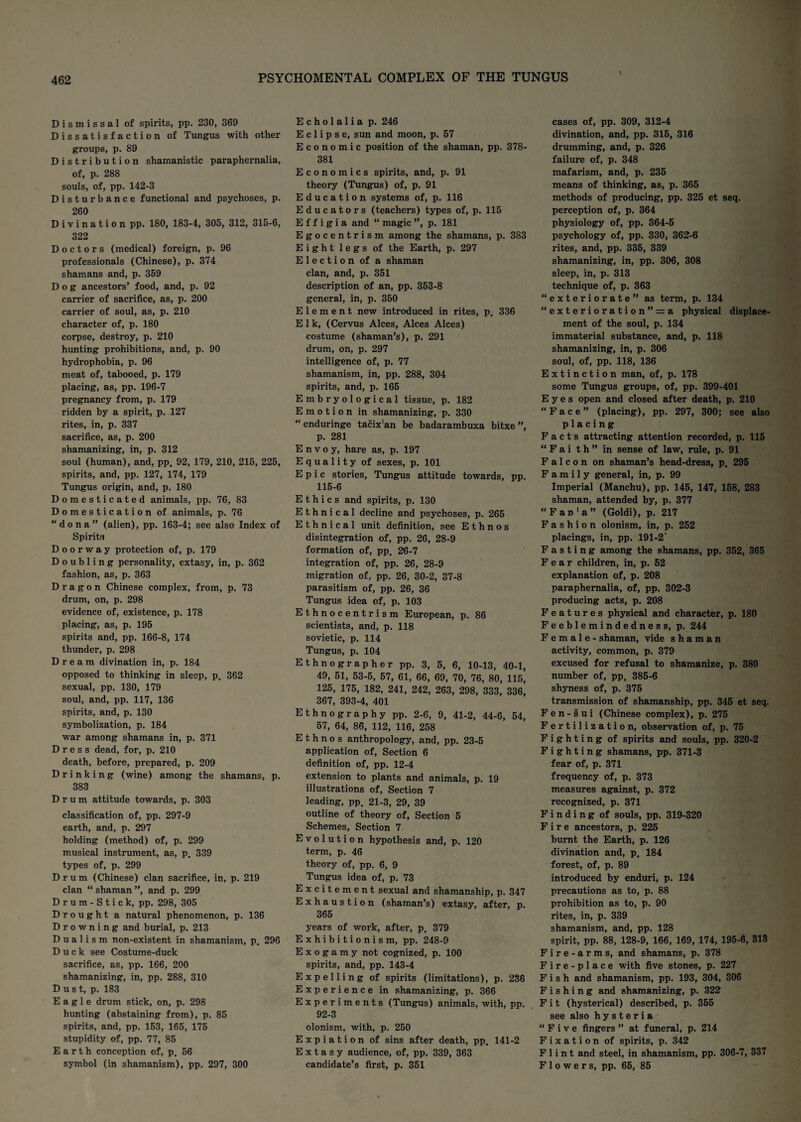 Dismissal of spirits, pp. 230, 369 Dissatisfaction of Tungus with other groups, p. 89 Distribution shamanistic paraphernalia, of, p. 288 souls, of, pp. 142-3 Disturbance functional and psychoses, p. 260 Divination pp. 180, 183-4, 305, 312, 315-6, 322 Doctors (medical) foreign, p. 96 professionals (Chinese), p. 374 shamans and, p. 359 Dog ancestors’ food, and, p. 92 carrier of sacrifice, as, p. 200 carrier of soul, as, p. 210 character of, p. 180 corpse, destroy, p. 210 hunting prohibitions, and, p. 90 hydrophobia, p. 96 meat of, tabooed, p. 179 placing, as, pp. 196-7 pregnancy from, p. 179 ridden by a spirit, p. 127 rites, in, p. 337 sacrifice, as, p. 200 shamanizing, in, p. 312 soul (human), and, pp. 92, 179, 210, 215, 225, spirits, and, pp. 127, 174, 179 Tungus origin, and, p. 180 Domesticated animals, pp. 76, 83 Domestication of animals, p. 76 “dona” (alien), pp. 163-4; see also Index of Spirits Doorway protection of, p. 179 Doubling personality, extasy, in, p. 362 fashion, as, p. 363 Dragon Chinese complex, from, p. 73 drum, on, p. 298 evidence of, existence, p. 178 placing, as, p. 195 spirits and, pp. 166-8, 174 thunder, p. 298 Dream divination in, p. 184 opposed to thinking in sleep, p. 362 sexual, pp. 130, 179 soul, and, pp. 117, 136 spirits, and, p. 130 symbolization, p. 184 war among shamans in, p. 371 Dress dead, for, p. 210 death, before, prepared, p. 209 Drinking (wine) among the shamans, p. 383 Drum attitude towards, p. 303 classification of, pp. 297-9 earth, and, p. 297 holding (method) of, p. 299 musical instrument, as, p. 339 types of, p. 299 Drum (Chinese) clan sacrifice, in, p. 219 clan “ shaman ”, and p. 299 Drum-Stick, pp. 298, 305 Drought a natural phenomenon, p. 136 Drowning and burial, p. 213 Dualism non-existent in shamanism, p. 296 Duck see Costume-duck sacrifice, as, pp. 166, 200 shamanizing, in, pp. 288, 310 Dust, p. 183 Eagle drum stick, on, p. 298 hunting (abstaining from), p. 85 spirits, and, pp. 153, 165, 175 stupidity of, pp. 77, 85 Earth conception of, p. 56 symbol (in shamanism), pp. 297, 300 E c h o 1 a 1 i a p. 246 Eclipse, sun and moon, p. 57 Economic position of the shaman, pp. 378- 381 Economics spirits, and, p. 91 theory (Tungus) of, p. 91 Education systems of, p. 116 Educators (teachers) types of, p. 115 E f f i g i a and “ magic ”, p. 181 Egocentrism among the shamans, p. 383 Eight legs of the Earth, p. 297 Election of a shaman clan, and, p. 351 description of an, pp. 353-8 general, in, p. 350 Element new introduced in rites, p. 336 E 1 k, (Cervus Alces, Alces Alces) costume (shaman’s), p. 291 drum, on, p. 297 intelligence of, p. 77 shamanism, in, pp. 288, 304 spirits, and, p. 165 Embryological tissue, p. 182 Emotion in shamanizing, p. 330 “enduringe taeix'an be badarambuxa bitxe ”, p. 281 Envoy, hare as, p. 197 Equality of sexes, p. 101 Epic stories, Tungus attitude towards, pp. 115-6 Ethics and spirits, p. 130 Ethnical decline and psychoses, p. 265 Ethnical unit definition, see Ethnos disintegration of, pp. 26, 28-9 formation of, pp. 26-7 integration of, pp. 26, 28-9 migration of, pp. 26, 30-2, 37-8 parasitism of, pp. 26, 36 Tungus idea of, p. 103 Ethnocentrism European, p. 86 scientists, and, p. 118 sovietic, p. 114 Tungus, p. 104 Ethnographer pp. 3, 5, 6, 10-13, 40-1, 49, 51, 53-5, 57, 61, 66, 69, 70, 76, 80, 115, 125, 175, 182, 241, 242, 263, 298, 333, 336, 367, 393-4, 401 Ethnography pp. 2-6, 9, 41-2, 44-6, 54, 57, 64, 86, 112, 116, 258 Ethnos anthropology, and, pp. 23-5 application of, Section 6 definition of, pp. 12-4 extension to plants and animals, p. 19 illustrations of, Section 7 leading, pp. 21-3, 29, 39 outline of theory of, Section 5 Schemes, Section 7 Evolution hypothesis and, p. 120 term, p. 46 theory of, pp. 6, 9 Tungus idea of, p. 73 Excitement sexual and shamanship, p. 347 Exhaustion (shaman’s) extasy, after, p. 365 years of work, after, p. 379 Exhibitionism, pp. 248-9 Exogamy not cognized, p. 100 spirits, and, pp. 143-4 Expelling of spirits (limitations), p. 236 Experience in shamanizing, p. 366 Experiments (Tungus) animals, with, pp. 92-3 olonism, with, p. 250 Expiation of sins after death, pp. 141-2 Extasy audience, of, pp. 339, 363 candidate’s first, p. 351 cases of, pp. 309, 312-4 divination, and, pp. 315, 316 drumming, and, p. 326 failure of, p. 348 mafarism, and, p. 235 means of thinking, as, p. 365 methods of producing, pp. 325 et seq. perception of, p. 364 physiology of, pp. 364-5 psychology of, pp. 330, 362-6 rites, and, pp. 335, 339 shamanizing, in, pp. 306, 308 sleep, in, p. 313 technique of, p. 363 “exteriorate” as term, p. 134 “exterioration” = a physical displace¬ ment of the soul, p. 134 immaterial substance, and, p. 118 shamanizing, in, p. 306 soul, of, pp. 118, 136 Extinction man, of, p. 178 some Tungus groups, of, pp. 399-401 Eyes open and closed after death, p. 210 “Face” (placing), pp. 297, 300; see also placing Facts attracting attention recorded, p. 115 “ F a i t h ” in sense of law, rule, p. 91 Falcon on shaman’s head-dress, p. 295 Family general, in, p. 99 Imperial (Manchu), pp. 145, 147, 158, 283 shaman, attended by, p. 377 “Fan 'a” (Goldi), p. 217 Fashion olonism, in, p. 252 placings, in, pp. 191-2' Fasting among the shamans, pp. 352, 365 Fear children, in, p. 52 explanation of, p. 208 paraphernalia, of, pp. 302-3 producing acts, p. 208 Features physical and character, p. 180 Feeblemindedness, p. 244 Female- shaman, vide shaman activity, common, p. 379 excused for refusal to shamanize, p. 380 number of, pp. 385-6 shyness of, p. 375 transmission of shamanship, pp. 345 et seq. Fen-sui (Chinese complex), p. 275 Fertilization, observation of, p. 75 Fighting of spirits and souls, pp. 320-2 Fighting shamans, pp. 371-3 fear of, p. 371 frequency of, p. 373 measures against, p. 372 recognized, p. 371 Finding of souls, pp. 319-320 Fire ancestors, p. 225 burnt the Earth, p. 126 divination and, p. 184 forest, of, p. 89 introduced by enduri, p. 124 precautions as to, p. 88 prohibition as to, p. 90 rites, in, p. 339 shamanism, and, pp. 128 spirit, pp. 88, 128-9, 166, 169, 174, 195-6, 313 Fire-arms, and shamans, p. 378 Fire-place with five stones, p. 227 Fish and shamanism, pp. 193, 304, 306 Fishing and shamanizing, p. 322 F i t (hysterical) described, p. 355 see also hysteria “Five fingers ” at funeral, p. 214 Fixation of spirits, p. 342 Flint and steel, in shamanism, pp. 306-7, 337 Flowers, pp. 65, 85