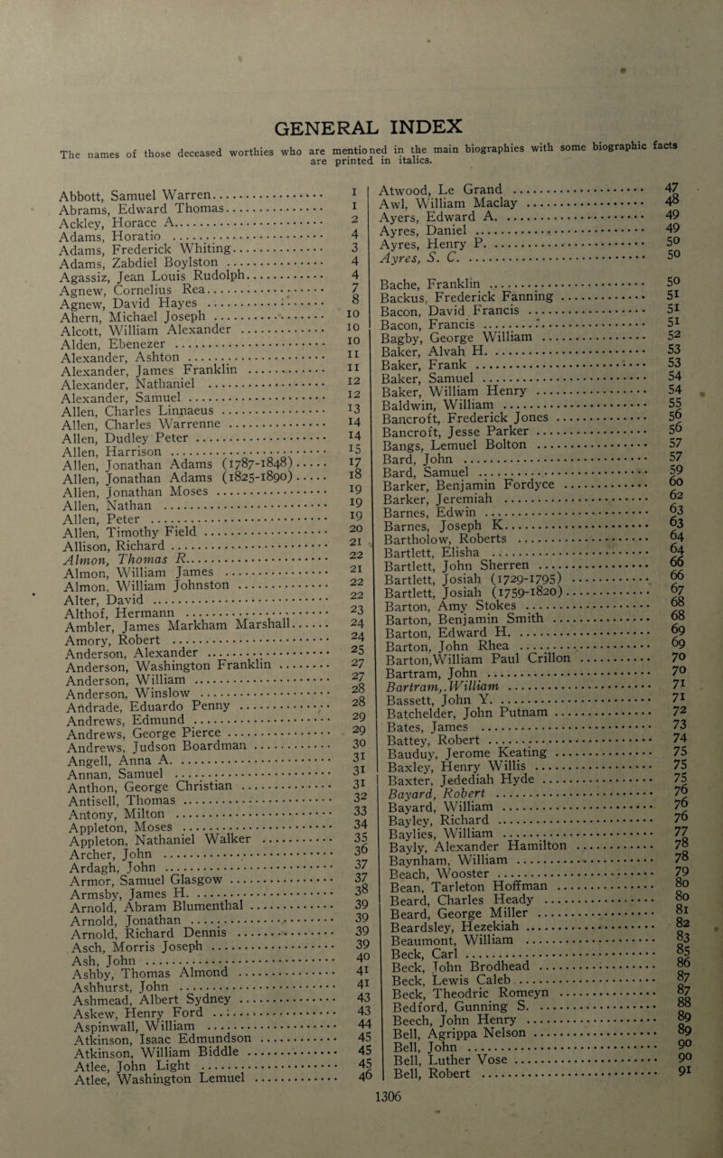 # GENERAL INDEX The names of those deceased worthies who are mentioned in the main biographies with some biographic facts are printed in italics. Abbott, Samuel Warren. Abrams, Edward Thomas. Ackley, Horace A. Adams, Horatio .. Adams, Frederick Whiting. Adams, Zabdiel Boylston . Agassiz, Jean Louis Rudolph. Agnew, Cornelius Rea. Agnew, David Hayes .. • Ahern, Michael Joseph . Alcott, William Alexander . Alden, Ebenezer . Alexander, Ashton .:. Alexander, James Franklin . Alexander, Nathaniel . Alexander, Samuel.. Allen, Charles Linnaeus . Allen, Charles Warrenne . Allen, Dudley Peter. Allen, Harrison .. Allen, Jonathan Adams (1787-1848) Allen, Jonathan Adams (1825-1890) Alien, Jonathan Moses . Allen, Nathan .. Allen, Peter .. Allen, Timothy Field. Allison, Richard. Almon, Thomas R. Almon, William James . Almon. William Johnston . Alter, David . Althof, Hermann .• • • • ■ Ambler, James Markham Marshall. Amory, Robert . Anderson, Alexander ... Anderson, Washington Franklin .. Anderson, William . Anderson, Winslow . Andrade, Eduardo Penny . Andrews, Edmund ,. Andrews, George Pierce. Andrews, Judson Boardman. Angell, Anna A. Annan, Samuel . Anthon, George Christian . Antisell, Thomas . Antony, Milton . Appleton, Moses .. Appleton, Nathaniel Walker . Archer, John . Ardagh, John . Armor, Samuel Glasgow. Armsby, James H.. Arnold, Abram Blumenthal. Arnold, Jonathan . Arnold, Richard Dennis . Asch, Morris Joseph . Ash, John . Ashby, Thomas Almond . Ashhurst, John . Ashmead, Albert Sydney . Askew, Henry Ford .. Aspinwall, William . Atkinson, Isaac Edmundson . Atkinson, William Biddle . Atlee, John Light . Atlee, Washington Lemuel . I 1 2 4 3 4 4 7 8 10 10 10 II 11 12 12 13 14 14 15 17 18 19 19 19 20 21 22 21 22 22 23 24 24 25 27 27 28 28 29 29 30 31 3i 31 32 33 34 35 36 37 37 38 39 39 39 39 40 41 4i 43 43 44 45 45 45 46 Atwood, Le Grand . Awl, William Maclay . Ayers, Edward A. Ayres, Daniel . Ayres, Henry P. . Ayres, S. C. Bache, Franklin . Backus, Frederick Fanning .. Bacon, David Francis . Bacon, Francis . Bagby, George William . Baker, Alvah H. Baker, Frank . Baker, Samuel . Baker, William Henry . Baldwin, William . Bancroft, Frederick Jones ... Bancroft, Jesse Parker. Bangs, Lemuel Bolton . Bard, John . Bard, Samuel .. Barker, Benjamin Fordyce . Barker, Jeremiah . Barnes, Edwin . Barnes, Joseph K. Bartholow, Roberts . Bartlett, Elisha . Bartlett, John Sherren . Bartlett, Josiah (1729-1795) Bartlett, Josiah (1759-1820). Barton, Amy Stokes . .. Barton, Benjamin Smith ... Barton, Edward H. Barton, John Rhea ........ Barton,William Paul Crillon Bartram, John . Bar tram,. William . Bassett, John Y. Batchelder, John Putnam ... Bates, James . Battey, Robert ... Bauduy, Jerome Keating ... I Baxley, Henry Willis . Baxter, Jedediah Hyde . Bayard, Robert . Bayard, William . Bayley, Richard . Baylies, William . Bayly, Alexander Hamilton Baynham, William . Beach, Wooster .. Bean, Tarleton Hoffman ... Beard, Charles Heady .... Beard, George Miller . Beardsley, Hezekiah. Beaumont, William . Beck, Carl . Beck, John Brodhead . Beck, Lewis Caleb . Beck, Theodric Romeyn .. Bedford, Gunning S. Beech, John Henry . Bell, Agrippa Nelson. Bell, John . Bell, Luther Vose. Bell, Robert . 47 48 49 49 50 50 50 51 51 51 52 53 53 54 54 55 56 56 57 57 59 60 62 63 63 64 64 66 66 6 7 68 68 69 69 70 70 71 71 72 73 74 75 75 75 76 76 76 77 78 78 79 80 80 81 82 83 85 86 87 87 88 89 89 90 90 91