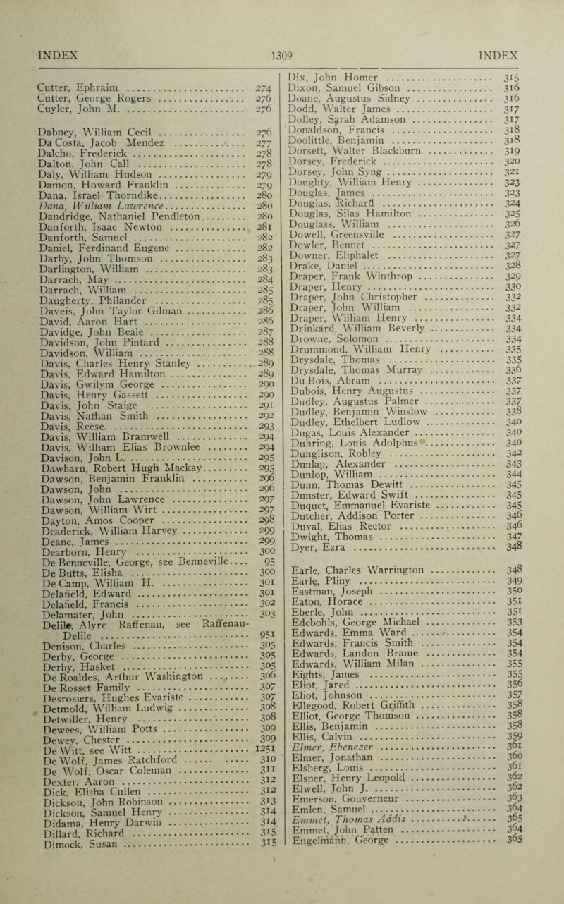 Cutter, Ephraim . 274 Cutter, George Rogers . 276 Cuyler, John M. 276 Dabney, William Cecil . 276 Da Costa, Jacob Mendez . 277 Dalcho, Frederick. 278 Dalton, John Call . 278 Daly, William Hudson . 279 Damon, Howard Franklin . 279 Dana, Israel Thorndike. 280 Dana, William Lawrence. 280 Dandridge, Nathaniel Pendleton . 280 Danforth, Isaac Newton . 281 Danforth, Samuel . 282 Daniel, Ferdinand Eugene . 282 Darby, John Thomson . 283 Darlington, William . 283 Darrach, May. 284 Darrach, William . 285 Daugherty, Philander . 285 Daveis, John Taylor Gilman. 286 David, Aaron Hart . 286 Davidge, John Beale . 287 Davidson, John Pintard . 288 Davidson, William . 288 Davis, Charles Henry Stanley . 289 Davis, Edward Hamilton . 289 Davis, Gwilym George . 290 Davis, Henry Gassett . 290 Davis, John Staige . 291 Davis, Nathan Smith . 292 Davis, Reese. 293 Davis, William Bramwell . 294 Davis, William Elias Brownlee . 294 Davison, John L. 295 Dawbarn, Robert Hugh Mackay. 295 Dawson, Benjamin Franklin . 296 Dawson, John . 296 Dawson, John Lawrence . 297 Dawson, William Wirt. 297 Dayton, Amos Cooper . 298 Deaderick, William Harvey.• 299 Deane, James . 299 Dearborn, Henry . 300 De Benneville, George, see Benneville.... 95 De Butts, Elisha . 300 De Camp, William H. 301 Delafield, Edward . 301 Delafield, Francis . 302 Delamater, John . 3°3 Delile, Alyre Raffenau, see Raffenau- Delile ... 951 Denison, Charles . 3°5 Derby, George . 305 Derby, Hasket . 3°5 De Roaldes, Arthur Washington . 306 De Rosset Family . 307 Desrosiers, Hughes Evariste. 307 Detmold, William Ludwig. 308 Detwiller, Henry . 308 Dewees, William Potts. 309 Dewey, Chester . 3°9 De Witt, see Witt . 1251 DeWolf, James Ratchford. 310 De Wolf, Oscar Coleman . 311 Dexter, Aaron . 312 Dick, Elisha Cullen . 312 Dickson, John Robinson. 3J3 Dickson, Samuel Henry . 3T4 Didama, Henry Darwin . 3T4 Dillard, Richard . 3L5 Dimock, Susan . 3J5 Dix, John Homer . 315 Dixon, Samuel Gibson . 316 Doane, Augustus Sidney . 316 Dodd, Walter James . 317 Dolley, S^rah Adamson . 317 Donaldson, Francis . 318 Doolittle, Benjamin . 318 Dorsett, Walter Blackburn . 319 Dorsey, Frederick . 320 Dorsey, John Syng. 321 Doughty, William Henry. 323 Douglas, James . 323 Douglas, Richard . 324 Douglas, Silas Hamilton . 325 Douglass, William . 326 Dowell, Greensville . 327 Dowler, Bennet . 327 Downer, Eliphalet . 327 Drake, Daniel . 32& Draper, Frank Winthrop . 329 Draper, Henry. 33° Draper, John Christopher . 332 Draper, John William . 332 Draper, William Henry .. 334 Drinkard, William Beverly . 334 Drowne, Solomon . 334 Drummond, William Henry . 335 Drysdale, Thomas . 335 Drysdale, Thomas Murray . 336 Du Bois, Abram . 337 Dubois, Henry Augustus . 337 Dudley, Augustus Palmer . 337 Dudley, Benjamin Winslow . 338 Dudley, Ethelbert Ludlow . 340 Dugas, Louis Alexander. 340 Duhring, Louis Adolphus . 34° Dunglison, Robley . 3A2 Dunlap, Alexander . 343 Dunlop, William . 344 Dunn, Thomas Dewitt . 345 Dunster, Edward Swift . 345 Duquet, Emmanuel Evariste . 345 Dutcher, Addison Porter . 346 Duval, Elias Rector . 346 Dwight, Thomas . 347 Dyer, Ezra . 348 Earle, Charles Warrington . 348 Earle, Pliny . 349 Eastman, Joseph . 35° Eaton, Horace . 351 Eberle, John ._. 351 Edebohls, George Michael . 353 Edwards, Emma Ward. 354 Edwards, Francis Smith . 354 Edwards, Landon Brame . 354 Edwards, William Milan . 355 Eights, James . 355 Eliot, Jared . 356 Eliot, Johnson . 357 Ellegood, Robert Griffith . 358 Elliot, George Thomson . 358 Ellis, Benjamin . 358 Ellis, Calvin . 359 Elmer, Ebeneser . 3°i Elmer, Jonathan . 360 Elsberg, Louis . 361 Eisner, Henry Leopold . 362 Elwell, John J. 362 Emerson, Gouverneur . 363 Emlen, Samuel . 364 Emmet, Thomas Addis.•’. 365 Emmet. John Patten . 364 Engelmannj George . 365 {