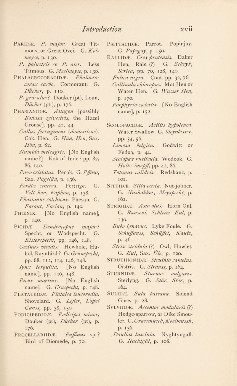 Paride. P. major. Great Tit- mous, or Great Oxei. G. Kol- meyse.^ p. 130. P. palustris or P. ater. Less Titmous. G. Meelmeyse., p. 130. Phalacrocoracid^. Phalacro¬ corax carbo. Cormorant. G. Ducher., p. no. P. graculus t Douker (pt), Loun, Duclier p. 176. Phasianid^. Attagen [possibly Bonasa sylvesBis., the Hazel Grouse], pp. 42, 44. Gallus ferrugineus {domesticus). Cok, Hen. G. Hdn^ Hen.^ Sax. Hon, p. 82. Numida meleagris. [No English name?] Kok of Inde? pp. 82, 86, 140. Pavo cristakis. Pecok. G. Pffaw, Sax. Pageliin, p. 136. Perdix cinerea. Pertrige. G. Veit hon, Raphbn, p. 138. Phasianus colchicus. Phesan. G. Fasa?tt, Fasian, p. 140. Phcenix. [No English name], p. 140. PiciDi^:. Dendrocofus major t Specht, or Wodspecht. G. Elsterspecht, pp. 146, 148. Gecinus viridis. He whole, Hu- hol, Raynbird ? G. Gru7ispecht, pp. 88, 112, 114, 146, 148. lynx torquilla. [No English name], pp. 146, 148. Picus martins. [No English name]. G. Craspecht, p. 148. PLATALEiDiE. Platalea leucorodia. Shovelard. G. Lefler, L'dffel Ganss, pp. 38, 150. PODICIPEDID^. Podicipes minor, Douker (pt), Ducher (pt), p. 176. Procellariid^. Puffinus sp. ? Bird of Diomede, p. 70. PSITTACID^. Parrot. Popinjay. G. Papegay, p. 150. Ralli DiE. Crex prate7isis. Daker Hen, Rale (?) G. Schryk, Scrica, pp. 70, 128, 140. Ftilica 7tigra. Cout, pp. 32, 76. Gallinula chlo7'op7is. Mot Hen or Water Hen. G. Wasser He7i, p. 170. Porphyrio ccelestis. [No English name], p. 152. Scolopaci L»^. Actitis hypoleuca. Water Swallow. G. Stey77bisser, pp. 54, 56. Li77tosa belgica. Godwitt or Eedoa, p. 44. Scolopax 7msticula. Wodcok. G. Holtz S7tepff, pp. 42, 86. Totatius calidris. Redshanc, p. 102. SlTTID^. Sitta ccBsia. Nut-jobber. G. Nushdkker, Meyspecht, p. 162. Strigid^. Asio otus. Horn Oul. G. Ranseul, Schleier Eul, p. 130. Btibo ig7iavus. Lyke Foule. G. Schuffatiss, Schiiffel, Kautz, p. 46. Strix st7'idula (?) Owl, Howlet. G. Eul, Sax. Ule, p. 120. Struthionid^e. Struthio camelus. Oistris. G. Stratiss, p. 164. Sturnid^e. Sturn7is vulgaris. Sterlyng. G. Star, Stbr, p. 164. SuLlDiE. Sula bassa7ia. Solend Guse, p. 28. SvLViiDiE. Accentor 7nodularis (?) Hedge-sparrow, or Dike Smou- ler. G. Grass77msch,Koel777Ussh, p. 136. Daulias hiscmia. Nyghtyngall. G. Nachtgdl, p. 108.