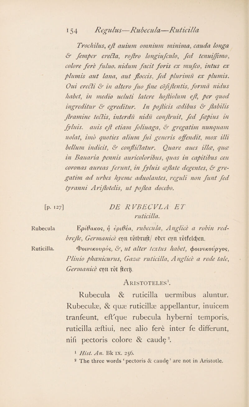 Trochilus, eft auium omnium minima, cauda longa & femper ereTta, rojlro longiufculo, fed tenuijjimo, colore fere fuluo. nidum facit foris ex mufco, mtus ex plumis aut lana, atU floccis, fed plurimfi ex plumis. Old eredli & in altero fiw fine cofiflentis, forma nidus habet, in medio tiebiti latere hofiiolum efi, per quod ingreditur & egredititr. In pofticis cedibus & flabilis flramine tedlis, interdu nidu conftndt, fed fcepms in fyluis. aids eft etiam foliuaga, & gregatim nunquam uolat, imb quoties alium ftd generis offendit, mox illi bellum indicit, & confiiTtatur. Quare aues illcB, quce in Bauaria pennis auricoloribus, quas in capitibus ceu coronas aureas ferunt, in fylids ceflate degentes, & gre¬ gatim ad urbes hyeme aduolantes, reguli non funt fed tyranni Ariftotelis, ut pofiea docebo. [p. 127] DE RVBECVLA ET ruticilla. Rubecula rj epiOea, rubecula, Anglice a robin red- brefie, Germanice ei)U rotbruft/ ober ei)n rbtfelc^eu. Ruticilla. ^oLviKovp6<^, &, ut alter textus habet, (pocvc/covpyo^;, Plinio phoenicurus, Gazce ruticilla, Anglice a rede tale, Germanice ei)n rot Aristoteles^ Rubecula & ruticilla uermibus aluntur. Rubeculae, & quae ruticillae appellantur, inuicem tranfeunt, efbque rubecula hyberni temporis, ruticilla aeftiui, nec alio fere inter fe differunt, nifi pectoris colore & caudq l 1 Hist. An. Bk ix. 256. 2 The three words ‘pectoris & caude ’ are not in Aristotle.