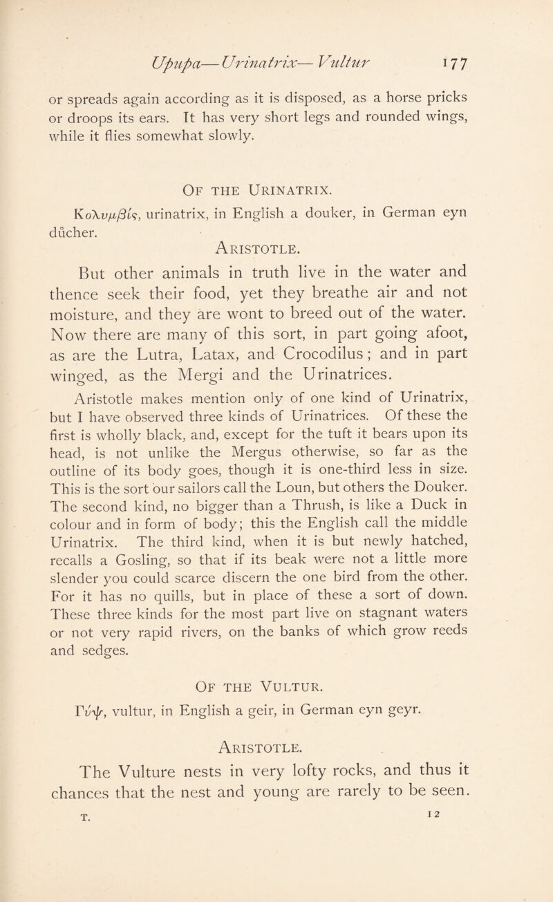 or spreads again according as it is disposed, as a horse pricks or droops its ears. It has very short legs and rounded wings, while it flies somewhat slowly. Of the Urinatrix. Ko\v/ii/3i<;, urinatrix, in English a douker, in German eyn ducher. Aristotle. But other animals in truth live in the water and thence seek their food, yet they breathe air and not moisture, and they are wont to breed out of the water. Now there are many of this sort, in part going afoot, as are the Lutra, Latax, and Crocodilus ; and in part winged, as the Mergi and the Urinatrices. Aristotle makes mention only of one kind of Urinatrix, but I have observed three kinds of Urinatrices. Of these the first is wholly black, and, except for the tuft it bears upon its head, is not unlike the Mergus otherwise, so far as the outline of its body goes, though it is one-third less in size. This is the sort our sailors call the Loun, but others the Douker. The second kind, no bigger than a Thrush, is like a Duck in colour and in form of body; this the English call the middle Urinatrix. The third kind, when it is but newly hatched, recalls a Gosling, so that if its beak were not a little more slender you could scarce discern the one bird from the other. Eor it has no quills, but in place of these a sort of down. These three kinds for the most part live on stagnant waters or not very rapid rivers, on the banks of which grow reeds and sedges. Of the Vultur. vultur, in English a geir, in German eyn geyr. Aristotle. The Vulture nests in very lofty rocks, and thus it chances that the nest and young are rarely to be seen. T. 12