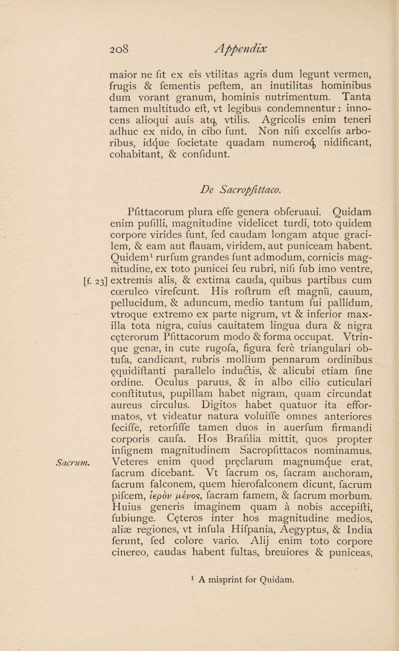 maior ne fit ex eis vtilitas agris dum legunt vermen, frugis & fementis peftem, an inutilitas hominibus dum vorant granum, hominis nutrimentum. Tanta tamen multitudo eft, vt legibus condemnentur: inno¬ cens alioqui auis atq^ vtilis. Agricolis enim teneri adhuc ex nido, in cibo funt. Non nifi excelfis arbo¬ ribus, idque focietate quadam numero^ nidificant, cohabitant, & confidunt. De Sacropfittaco. Pfittacorum plura effe genera obferuaui. Quidam enim pufilli, magnitudine videlicet turdi, toto quidem corpore virides funt, fed caudam longam atque graci¬ lem, & eam aut flauam, viridem, aut puniceam habent. Quidem^ rurfum grandes funt admodum, cornicis mag¬ nitudine, ex toto punicei feu rubri, nifi fub imo ventre, [f. 23] extremis alis, & extima cauda, quibus partibus cum coeruleo virefcunt. His roftrum eft magnu, cauum, pellucidum, & aduncum, medio tantum fui pallidum, vtroque extremo ex parte nigrum, vt & inferior max¬ illa tota nigra, cuius cauitatem lingua dura & nigra cqterorum Pfittacorum modo & forma occupat. Vtrin- que genae, in cute rugofa, figura fere triangulari ob- tufa, candicant, rubris mollium pennarum ordinibus qquidiftanti parallelo indudlis, & alicubi etiam fine ordine. Oculus paruus, & in albo cilio cuticulari conftitutus, pupillam habet nigram, quam circundat aureus circulus. Digitos habet quatuor ita effor- matos, vt videatur natura voluiffe omnes anteriores feciffe, retorfiffe tamen duos in auerfum firmandi corporis caufa. Hos Brafilia mittit, quos propter infignem magnitudinem Sacropfittacos nominamus. Sacrum. Veteres enim quod preciarum magnumque erat, facrum dicebant. Vt facrum os, facram aiichoram, facrum falconem, quem hierofalconem dicunt, facrum pifcem, lepov ixevo<^, facram famem, & facrum morbum. Huius generis imaginem quam a nobis accepifti, fubiunge. Ceteros inter hos magnitudine medios, aliae regiones, vt infula Hifpania, Aegyptus, & India ferunt, fed colore vario. Alij enim toto corpore cinereo, caudas habent fultas, breuiores & puniceas. 1 A misprint for Quidam.