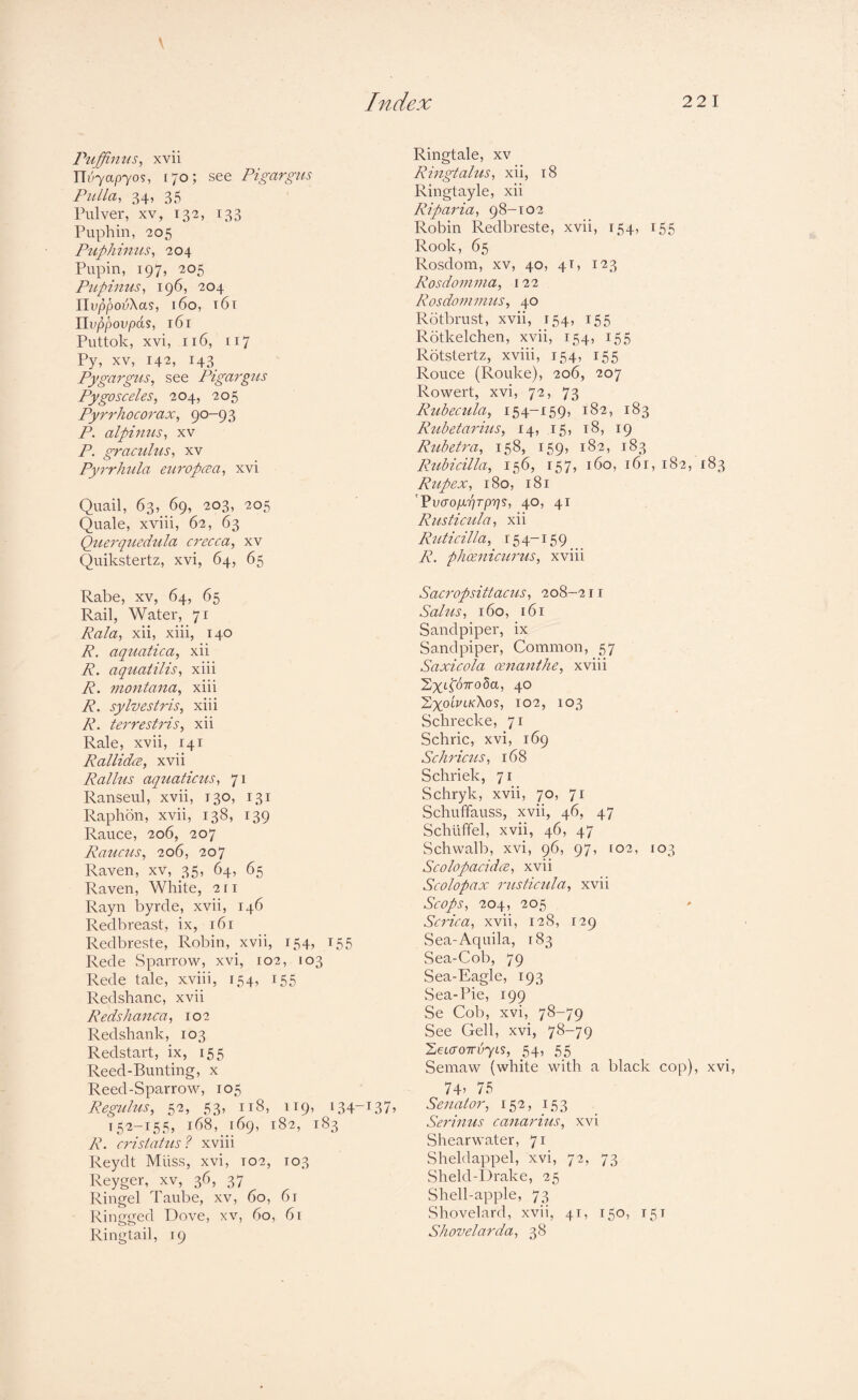 Index 22 1 Puffinus, xvii ni;7ap7os, 170; see Pigargus Pulla, 34, 35 Pulver, XV, 132, 133 Puphin, 205 Puphinus, 204 Pupin, 197, 205 Ptipinus, 196, 204 IleppoeXas, 160, i6t Ileppoupds, 161 Puttok, xvi, II6, 117 Py, XV, 142, 143 Pj/gargus, see Pigargics Pygosceles, 204, 205 Pyrrhoco7‘ax, 90-93 P. alphius, XV P. graculus, xv Pyrrhula europ(C.a, xvi Quail, 63, 69, 203, 205 Quale, xviii, 62, 63 Querquedula crecca, xv Quikstertz, xvi, 64, 65 Rabe, xv, 64, 65 Rail, Water, 71 Rala, xii, xiii, 140 R. aqiiatica, xii R. aquatilis, xiii R. montana, xiii R. sylvestris, xiii R. terrestris, xii Rale, xvii, 141 Rallida, xvii Rallus aquaticus, 71 Ranseul, xvii, 130, 131 Raphon, xvii, 138, 139 Rauce, 206, 207 Raucus, 206, 207 Raven, xv, 35, 64, 65 Raven, White, 211 Rayn byrde, xvii, 146 Redbreast, ix, 161 Redbreste, Robin, xvii, 154, 155 Rede Sparrow, xvi, 102, 103 Rede tale, xviii, 154, 155 Redshanc, xvii Redshanca, 102 Redshank, 103 Redstart, ix, 155 Reed-Bunting, x Reed-Sparrow, 105 Regulus, 52, 53, 118, 119, 134-137, 152-155, 168, 169, 182, 183 R. cristatus ? xviii Reydt Miiss, xvi, 102, 103 Reyger, xv, 36, 37 Ringel Taube, xv, 60, 61 Ringged Dove, xv, 60, 61 Ringtail, 19 Ringtale, xv Ringtalus, xii, 18 Ringtayle, xii Riparia, 98-102 Robin Redbreste, xvii, 154, 155 Rook, 65 Rosdom, xv, 40, 41, 123 Rosdomma, 122 Rosdommus, 40 Rotbrust, xvii, 154, 155 Rdtkelchen, xvii, 154, 155 Rotstertz, xviii, 154, 155 Rouce (Rouke), 206, 207 Rowert, xvi, 72, 73 Rubecula, 154-159) 182, 183 Rubetarius, 14, 15, 18, 19 Rubetra, 158, 159, 182, 183 Rubicilla, 156, 157, 160, 161, 182, 183 Rupex, 180, 181 Xv(T0fji7]Tpr]S, 40, 41 Rusticula, xii Rttticilla, 154-159 R. plmnicurus, xviii Sacropsittactis, 208-211 Salus, 160, 161 Sandpiper, ix Sandpiper, Common, 57 Saxicola ernanthe, xviii SxtfoTToSa, 40 SxoiVtKAos, 102, 103 Schrecke, 71 Schric, xvi, 169 Schricics, 168 Schriek, 71 Schryk, xvii, 70, 71 Schuffauss, xvii, 46, 47 Schuffel, xvii, 46, 47 Schwalb, xvi, 96, 97, 102, 103 ScolopacidcE, xvii Scolopax rusticula, xvii Scops, 204, 205 Scrica, xvii, 128, 129 Sea-Aquila, 183 Sea-Cob, 79 Sea-Eagle, 193 Sea-Pie, 199 Se Cob, xvi, 78-79 See Cell, xvi, 78-79 I^eLO-oirvyLS, 54, 55 Semaw (white with a black cop), xvi, 74) 75 Senator, 152, 153 Serinus canarms, xvi Shearwater, 71 Sheldappel, xvi, 72, 73 Sheld-Drake, 25 Shell-apple, 73 Shovelard, xvii, 41, 150, 151 Shovelarda, 38