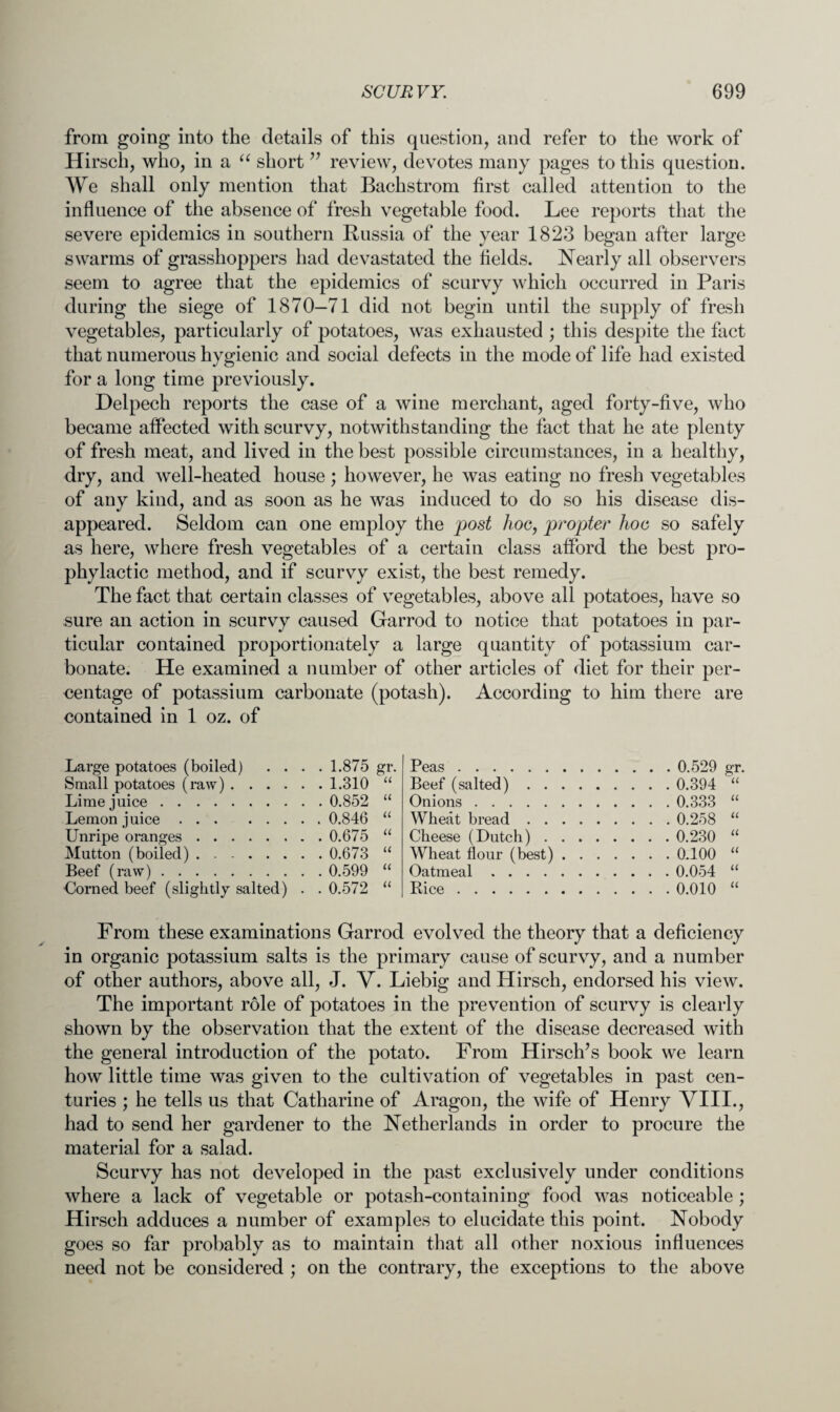 from going into the details of this question, and refer to the work of Hirsch, who, in a “ short ” review, devotes many pages to this question. We shall only mention that Bachstrom first called attention to the influence of the absence of fresh vegetable food. Lee reports that the severe epidemics in southern Russia of the year 1823 began after large swarms of grasshoppers had devastated the fields. Nearly all observers seem to agree that the epidemics of scurvy which occurred in Paris during the siege of 1870-71 did not begin until the supply of fresh vegetables, particularly of potatoes, was exhausted ; this despite the fact that numerous hygienic and social defects in the mode of life had existed for a long time previously. Delpech reports the case of a wine merchant, aged forty-five, who became affected with scurvy, notwithstanding the fact that he ate plenty of fresh meat, and lived in the best possible circumstances, in a healthy, dry, and well-heated house; however, he was eating no fresh vegetables of any kind, and as soon as he was induced to do so his disease dis¬ appeared. Seldom can one employ the post hoc, propter hoc so safely as here, where fresh vegetables of a certain class afford the best pro¬ phylactic method, and if scurvy exist, the best remedy. The fact that certain classes of vegetables, above all potatoes, have so sure an action in scurvy caused Garrod to notice that potatoes in par¬ ticular contained proportionately a large quantity of potassium car¬ bonate. He examined a number of other articles of diet for their per¬ centage of potassium carbonate (potash). According to him there are contained in 1 oz. of Large potatoes (boiled) .... 1.875 gr. Small potatoes (raw).1.310 “ Lime juice. 0.852 “ Lemon juice. 0.846 “ Unripe oranges. 0.675 “ Mutton (boiled) .. 0.673 “ Beef (raw). 0.599 “ Corned beef (slightly salted) . . 0.572 “ Peas. 0.529 gr. Beef (salted). 0.394 “ Onions. 0.333 “ Wheat bread. 0.258 “ Cheese (Dutch). 0.230 “ Wheat flour (best).0.100 “ Oatmeal. 0.054 “ Rice.0.010 “ From these examinations Garrod evolved the theory that a deficiency in organic potassium salts is the primary cause of scurvy, and a number of other authors, above all, J. V. Liebig and Hirsch, endorsed his view. The important role of potatoes in the prevention of scurvy is clearly shown by the observation that the extent of the disease decreased with the general introduction of the potato. From Hirsch’s book we learn how little time was given to the cultivation of vegetables in past cen¬ turies ; he tells us that Catharine of Aragon, the wife of Henry VIII., had to send her gardener to the Netherlands in order to procure the material for a salad. Scurvy has not developed in the past exclusively under conditions where a lack of vegetable or potash-containing food was noticeable ; Hirsch adduces a number of examples to elucidate this point. Nobody goes so far probably as to maintain that all other noxious influences need not be considered ; on the contrary, the exceptions to the above