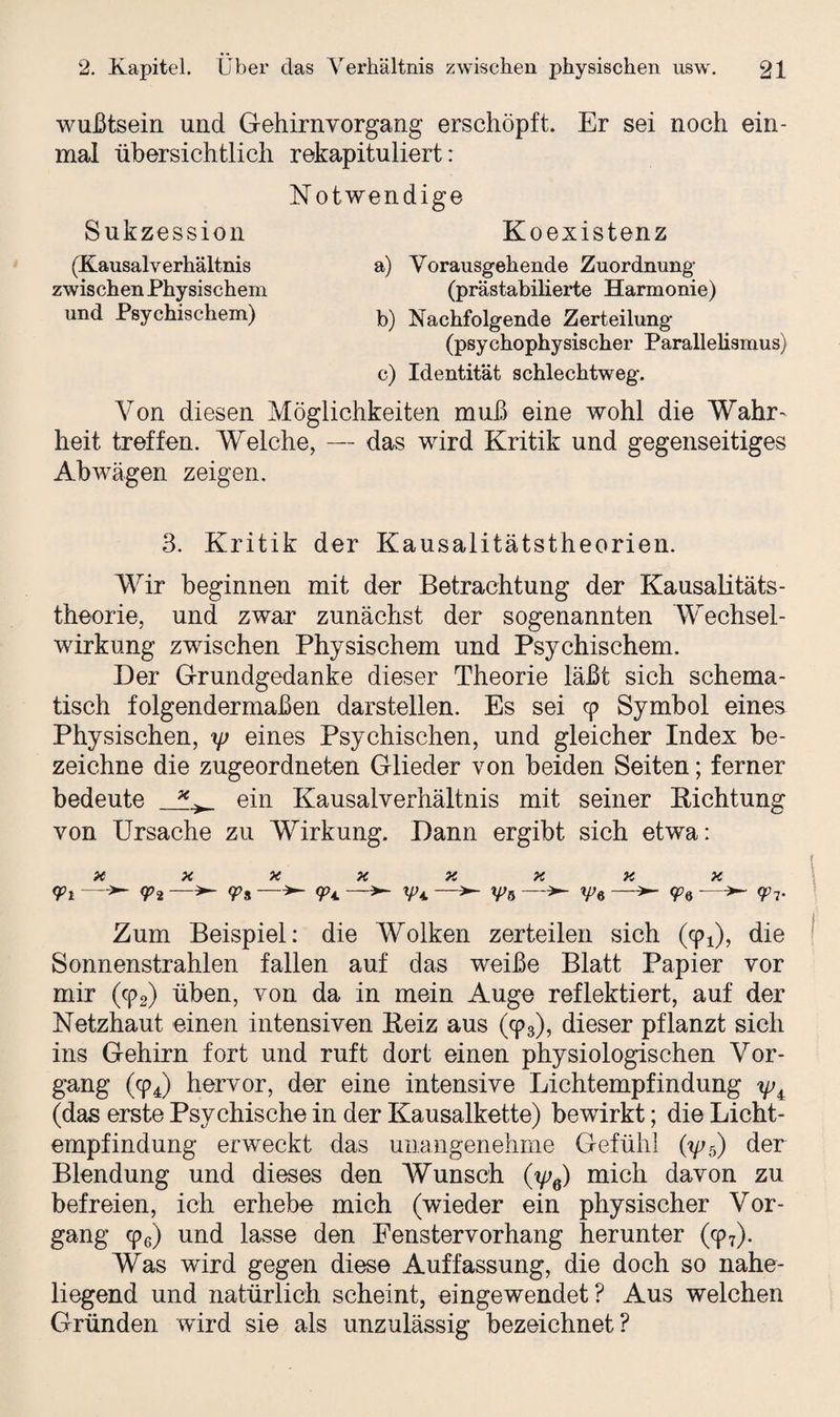 wußtsein und Gehirnvorgang erschöpft. Er sei noch ein¬ mal übersichtlich rekapituliert: Notwendige Sukzession Koexistenz (Kausalverhältnis zwischen Physischem und Psychischem) a) Vorausgehende Zuordnung (prästabilierte Harmonie) b) Nachfolgende Zerteilung (psychophysischer Parallelismus) c) Identität schlechtweg. Von diesen Möglichkeiten muß eine wohl die Wahr¬ heit treffen. Welche, — das wird Kritik und gegenseitiges Abwägen zeigen. 3. Kritik der Kausalitätstheorien. Wir beginnen mit der Betrachtung der Kausalitäts¬ theorie, und zwar zunächst der sogenannten Wechsel¬ wirkung zwischen Physischem und Psychischem. Der Grundgedanke dieser Theorie läßt sich schema¬ tisch folgendermaßen darstellen. Es sei cp Symbol eines Physischen, yj eines Psychischen, und gleicher Index be¬ zeichne die zugeordneten Glieder von beiden Seiten; ferner bedeute x> ein Kausalverhältnis mit seiner Richtung von Ursache zu Wirkung. Dann ergibt sich etwa: ^Jt ^ ^ <Pi <Pi —»- <Ps —>- <P< W< —> ^5 ~Wa —V« —<Pv Zum Beispiel: die Wolken zerteilen sich (cp^, die Sonnenstrahlen fallen auf das weiße Blatt Papier vor mir (cp2) üben, von da in mein Auge reflektiert, auf der Netzhaut einen intensiven Reiz aus (cp3), dieser pflanzt sich ins Gehirn fort und ruft dort einen physiologischen Vor¬ gang (cp4) hervor, der eine intensive Lichtempfindung (das erste Psychische in der Kausalkette) bewirkt; die Licht¬ empfindung erweckt das unangenehme Gefühl (yj5) der Blendung und dieses den Wunsch (yj6) mich davon zu befreien, ich erhebe mich (wieder ein physischer Vor¬ gang cp6) und lasse den Eenstervorhang herunter (cp7). Was wird gegen diese Auffassung, die doch so nahe¬ liegend und natürlich scheint, eingewendet? Aus welchen Gründen wird sie als unzulässig bezeichnet?