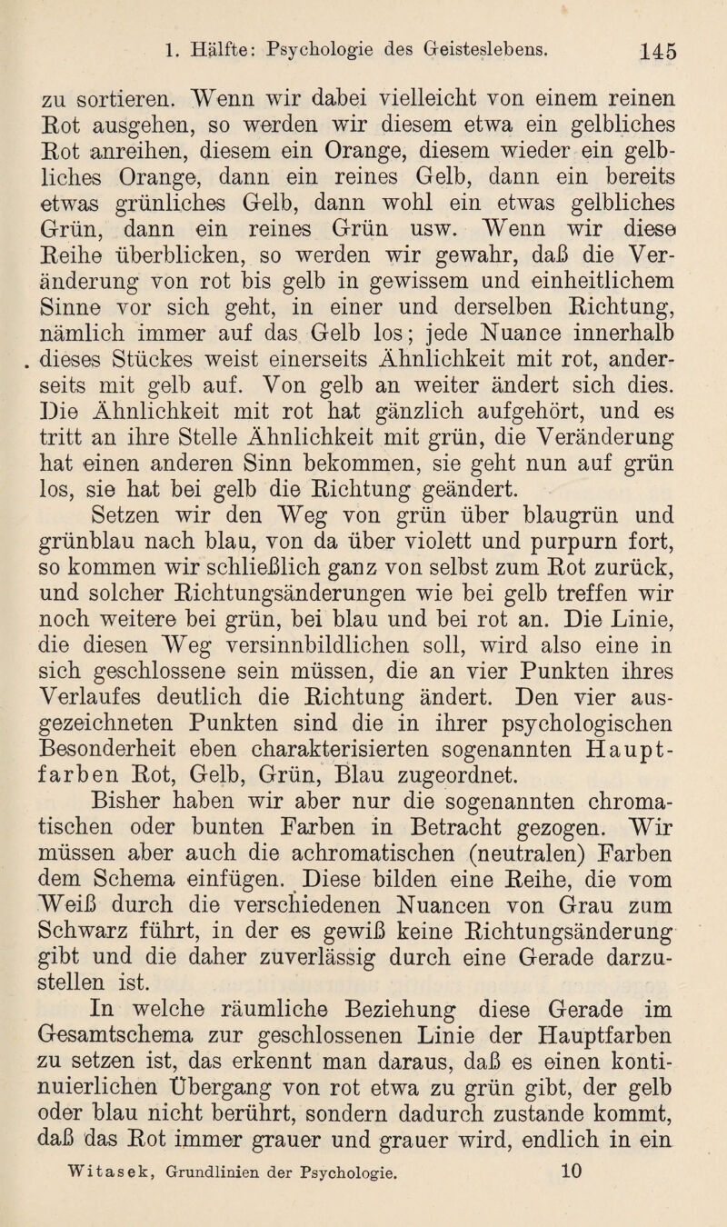 zu sortieren. Wenn wir dabei vielleicht von einem reinen Eot ausgehen, so werden wur diesem etwa ein gelbliches Eot anreihen, diesem ein Orange, diesem wieder ein gelb¬ liches Orange, dann ein reines Gelb, dann ein bereits etwas grünliches Gelb, dann wohl ein etwas gelbliches Grün, dann ein reines Grün usw. Wenn wir diese Eeihe überblicken, so werden wir gewahr, daß die Ver¬ änderung von rot bis gelb in gewissem und einheitlichem Sinne vor sich geht, in einer und derselben Eichtung, nämlich immer auf das Gelb los; jede Nuance innerhalb . dieses Stückes weist einerseits Ähnlichkeit mit rot, ander¬ seits mit gelb auf. Von gelb an weiter ändert sich dies. Die Ähnlichkeit mit rot hat gänzlich aufgehört, und es tritt an ihre Stelle Ähnlichkeit mit grün, die Veränderung hat einen anderen Sinn bekommen, sie geht nun auf grün los, sie hat bei gelb die Eichtung geändert. Setzen wir den Weg von grün über blaugrün und grünblau nach blau, von da über violett und purpurn fort, so kommen wir schließlich ganz von selbst zum Eot zurück, und solcher Eichtungsänderungen wie bei gelb treffen wir noch weitere bei grün, bei blau und bei rot an. Die Linie, die diesen Weg versinnbildlichen soll, wird also eine in sich geschlossene sein müssen, die an vier Punkten ihres Verlaufes deutlich die Eichtung ändert. Den vier aus¬ gezeichneten Punkten sind die in ihrer psychologischen Besonderheit eben charakterisierten sogenannten Haupt- farben Eot, Gelb, Grün, Blau zugeordnet. Bisher haben wir aber nur die sogenannten chroma¬ tischen oder bunten Farben in Betracht gezogen. Wir müssen aber auch die achromatischen (neutralen) Farben dem Schema einfügen. Diese bilden eine Eeihe, die vom Weiß durch die verschiedenen Nuancen von Grau zum Schwarz führt, in der es gewiß keine Eichtungsänderung gibt und die daher zuverlässig durch eine Gerade darzu¬ stellen ist. In welche räumliche Beziehung diese Gerade im Gesamtschema zur geschlossenen Linie der Hauptfarben zu setzen ist, das erkennt man daraus, daß es einen konti¬ nuierlichen Übergang von rot etwa zu grün gibt, der gelb oder blau nicht berührt, sondern dadurch zustande kommt, daß das Eot immer grauer und grauer wird, endlich in ein Witasek, Grundlinien der Psychologie. 10